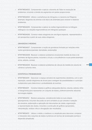 CONSULTA PÚBLICA CONSULTA PÚBLICA CONSULTA PÚBLICA
CONSULTA PÚBLICA CONSULTA PÚBLICA CONSULTA PÚBLICA
CONSULTA PÚBLICA CONSULTA PÚBLICA CONSULTA PÚBLICA
CONSULTA PÚBLICA CONSULTA PÚBLICA CONSULTA PÚBLICA
CONSULTA PÚBLICA CONSULTA PÚBLICA CONSULTA PÚBLICA
CONSULTA PÚBLICA CONSULTA PÚBLICA CONSULTA PÚBLICA
CONSULTA PÚBLICA CONSULTA PÚBLICA CONSULTA PÚBLICA
CONSULTA PÚBLICA CONSULTA PÚBLICA CONSULTA PÚBLICA
CONSULTA PÚBLICA CONSULTA PÚBLICA CONSULTA PÚBLICA
CONSULTA PÚBLICA CONSULTA PÚBLICA CONSULTA PÚBLICA
CONSULTA PÚBLICA CONSULTA PÚBLICA CONSULTA PÚBLICA
CONSULTA PÚBLICA CONSULTA PÚBLICA CONSULTA PÚBLICA
CONSULTA PÚBLICA CONSULTA PÚBLICA CONSULTA PÚBLICA
CONSULTA PÚBLICA CONSULTA PÚBLICA CONSULTA PÚBLICA
CONSULTA PÚBLICA CONSULTA PÚBLICA CONSULTA PÚBLICA
CONSULTA PÚBLICA CONSULTA PÚBLICA CONSULTA PÚBLICA
CONSULTA PÚBLICA CONSULTA PÚBLICA CONSULTA PÚBLICA
CONSULTA PÚBLICA CONSULTA PÚBLICA CONSULTA PÚBLICA
CONSULTA PÚBLICA CONSULTA PÚBLICA CONSULTA PÚBLICA
CONSULTA PÚBLICA CONSULTA PÚBLICA CONSULTA PÚBLICA
CONSULTA PÚBLICA CONSULTA PÚBLICA CONSULTA PÚBLICA
CONSULTA PÚBLICA CONSULTA PÚBLICA CONSULTA PÚBLICA
CONSULTA PÚBLICA CONSULTA PÚBLICA CONSULTA PÚBLICA
CONSULTA PÚBLICA CONSULTA PÚBLICA CONSULTA PÚBLICA
CONSULTA PÚBLICA CONSULTA PÚBLICA CONSULTA PÚBLICA
CONSULTA PÚBLICA CONSULTA PÚBLICA CONSULTA PÚBLICA
CONSULTA PÚBLICA CONSULTA PÚBLICA CONSULTA PÚBLICA
CONSULTA PÚBLICA CONSULTA PÚBLICA CONSULTA PÚBLICA
CONSULTA PÚBLICA CONSULTA PÚBLICA CONSULTA PÚBLICA
CONSULTA PÚBLICA CONSULTA PÚBLICA CONSULTA PÚBLICA
CONSULTA PÚBLICA CONSULTA PÚBLICA CONSULTA PÚBLICA
CONSULTA PÚBLICA CONSULTA PÚBLICA CONSULTA PÚBLICA
CONSULTA PÚBLICA CONSULTA PÚBLICA CONSULTA PÚBLICA
CONSULTA PÚBLICA CONSULTA PÚBLICA CONSULTA PÚBLICA
143
»» MTMT1MOA003	 Compreender e aplicar o teorema de Tales na resolução de
problemas, incluindo a divisão de segmentos em partes proporcionais.
»» MTMT1MOA004	 Utilizar a semelhança de triângulos e o teorema de Pitágoras
(exemplo: diagonais de prismas e da altura de pirâmides) para resolver e elaborar
problemas.
»» MTMT1MOA005	 Compreender e aplicar as razões trigonométricas no triângulo
retângulo e as relações trigonométricas em triângulos quaisquer.
»» MTMT1MOA006	 Construir vistas ortogonais de uma figura espacial, representando-a
em perspectiva a partir de suas vistas ortogonais.
GRANDEZAS E MEDIDAS
»» MTMT1MOA007	 Compreender a noção de grandezas formada por relações entre
outras grandezas (exemplo: densidade, aceleração).
»» MTMT1MOA008	 Resolver e elaborar problemas envolvendo medida da área e do
perímetro de figuras planas, incluindo o círculo, a circunferência e suas partes (exemplo:
arcos, setores, coroas).
»» MTMT1MOA009	 Resolver e elaborar problemas de cálculo da medida do volume de
cilindros e prismas retos.
ESTATÍSTICA E PROBABILIDADE
»» MTMT1MOA010	 Descrever o espaço amostral de experimentos aleatórios, com e sem
reposição, usando diagramas de árvore para contagem de possibilidades e o princípio
multiplicativo para determinar a probabilidade de eventos.
»» MTMT1MOA011	 Construir tabelas e gráficos adequados (barras, colunas, setores, linha
e histogramas) para representar um conjunto de dados, preferencialmente utilizando
tecnologias digitais.
»» MTMT1MOA012	 Realizar pesquisas, considerando todas as suas etapas
(planejamento, incluindo discussão se será censitária ou por amostra e seleção
de amostras, elaboração e aplicação de instrumentos de coleta, organização
e representação dos dados, incluindo a construção de gráficos apropriados,
interpretação, análise crítica e divulgação dos resultados).
»» MTMT1MOA013	 Utilizar a média, a mediana e a amplitude para descrever, comparar
e interpretar dois conjuntos de dados numéricos em termos de localização (centro) e
dispersão (amplitude).
 