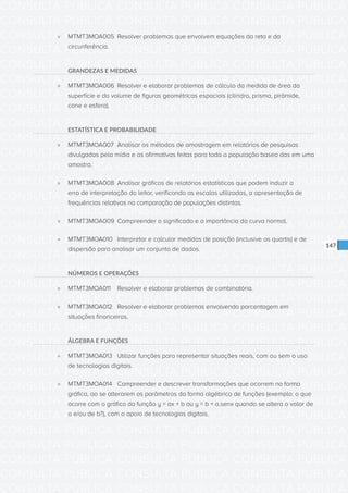 CONSULTA PÚBLICA CONSULTA PÚBLICA CONSULTA PÚBLICA
CONSULTA PÚBLICA CONSULTA PÚBLICA CONSULTA PÚBLICA
CONSULTA PÚBLICA CONSULTA PÚBLICA CONSULTA PÚBLICA
CONSULTA PÚBLICA CONSULTA PÚBLICA CONSULTA PÚBLICA
CONSULTA PÚBLICA CONSULTA PÚBLICA CONSULTA PÚBLICA
CONSULTA PÚBLICA CONSULTA PÚBLICA CONSULTA PÚBLICA
CONSULTA PÚBLICA CONSULTA PÚBLICA CONSULTA PÚBLICA
CONSULTA PÚBLICA CONSULTA PÚBLICA CONSULTA PÚBLICA
CONSULTA PÚBLICA CONSULTA PÚBLICA CONSULTA PÚBLICA
CONSULTA PÚBLICA CONSULTA PÚBLICA CONSULTA PÚBLICA
CONSULTA PÚBLICA CONSULTA PÚBLICA CONSULTA PÚBLICA
CONSULTA PÚBLICA CONSULTA PÚBLICA CONSULTA PÚBLICA
CONSULTA PÚBLICA CONSULTA PÚBLICA CONSULTA PÚBLICA
CONSULTA PÚBLICA CONSULTA PÚBLICA CONSULTA PÚBLICA
CONSULTA PÚBLICA CONSULTA PÚBLICA CONSULTA PÚBLICA
CONSULTA PÚBLICA CONSULTA PÚBLICA CONSULTA PÚBLICA
CONSULTA PÚBLICA CONSULTA PÚBLICA CONSULTA PÚBLICA
CONSULTA PÚBLICA CONSULTA PÚBLICA CONSULTA PÚBLICA
CONSULTA PÚBLICA CONSULTA PÚBLICA CONSULTA PÚBLICA
CONSULTA PÚBLICA CONSULTA PÚBLICA CONSULTA PÚBLICA
CONSULTA PÚBLICA CONSULTA PÚBLICA CONSULTA PÚBLICA
CONSULTA PÚBLICA CONSULTA PÚBLICA CONSULTA PÚBLICA
CONSULTA PÚBLICA CONSULTA PÚBLICA CONSULTA PÚBLICA
CONSULTA PÚBLICA CONSULTA PÚBLICA CONSULTA PÚBLICA
CONSULTA PÚBLICA CONSULTA PÚBLICA CONSULTA PÚBLICA
CONSULTA PÚBLICA CONSULTA PÚBLICA CONSULTA PÚBLICA
CONSULTA PÚBLICA CONSULTA PÚBLICA CONSULTA PÚBLICA
CONSULTA PÚBLICA CONSULTA PÚBLICA CONSULTA PÚBLICA
CONSULTA PÚBLICA CONSULTA PÚBLICA CONSULTA PÚBLICA
CONSULTA PÚBLICA CONSULTA PÚBLICA CONSULTA PÚBLICA
CONSULTA PÚBLICA CONSULTA PÚBLICA CONSULTA PÚBLICA
CONSULTA PÚBLICA CONSULTA PÚBLICA CONSULTA PÚBLICA
CONSULTA PÚBLICA CONSULTA PÚBLICA CONSULTA PÚBLICA
CONSULTA PÚBLICA CONSULTA PÚBLICA CONSULTA PÚBLICA
147
»» MTMT3MOA005	 Resolver problemas que envolvem equações da reta e da
circunferência.
GRANDEZAS E MEDIDAS
»» MTMT3MOA006	 Resolver e elaborar problemas de cálculo da medida de área da
superfície e do volume de figuras geométricas espaciais (cilindro, prisma, pirâmide,
cone e esfera).
ESTATÍSTICA E PROBABILIDADE
»» MTMT3MOA007	 Analisar os métodos de amostragem em relatórios de pesquisas
divulgadas pela mídia e as afirmativas feitas para toda a população basea das em uma
amostra.
»» MTMT3MOA008	 Analisar gráficos de relatórios estatísticos que podem induzir a
erro de interpretação do leitor, verificando as escalas utilizadas, a apresentação de
frequências relativas na comparação de populações distintas.
»» MTMT3MOA009	 Compreender o significado e a importância da curva normal.
»» MTMT3MOA010	 Interpretar e calcular medidas de posição (inclusive os quartis) e de
dispersão para analisar um conjunto de dados.
NÚMEROS E OPERAÇÕES
»» MTMT3MOA011	 Resolver e elaborar problemas de combinatória.
»» MTMT3MOA012	 Resolver e elaborar problemas envolvendo porcentagem em
situações financeiras.
ÁLGEBRA E FUNÇÕES
»» MTMT3MOA013	 Utilizar funções para representar situações reais, com ou sem o uso
de tecnologias digitais.
»» MTMT3MOA014	 Compreender e descrever transformações que ocorrem na forma
gráfica, ao se alterarem os parâmetros da forma algébrica de funções (exemplo: o que
ocorre com o gráfico da função y = ax + b ou y = b + a.senx quando se altera o valor de
a e/ou de b?), com o apoio de tecnologias digitais.
 
