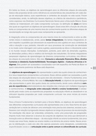 CONSULTA PÚBLICA CONSULTA PÚBLICA CONSULTA PÚBLICA
CONSULTA PÚBLICA CONSULTA PÚBLICA CONSULTA PÚBLICA
CONSULTA PÚBLICA CONSULTA PÚBLICA CONSULTA PÚBLICA
CONSULTA PÚBLICA CONSULTA PÚBLICA CONSULTA PÚBLICA
CONSULTA PÚBLICA CONSULTA PÚBLICA CONSULTA PÚBLICA
CONSULTA PÚBLICA CONSULTA PÚBLICA CONSULTA PÚBLICA
CONSULTA PÚBLICA CONSULTA PÚBLICA CONSULTA PÚBLICA
CONSULTA PÚBLICA CONSULTA PÚBLICA CONSULTA PÚBLICA
CONSULTA PÚBLICA CONSULTA PÚBLICA CONSULTA PÚBLICA
CONSULTA PÚBLICA CONSULTA PÚBLICA CONSULTA PÚBLICA
CONSULTA PÚBLICA CONSULTA PÚBLICA CONSULTA PÚBLICA
CONSULTA PÚBLICA CONSULTA PÚBLICA CONSULTA PÚBLICA
CONSULTA PÚBLICA CONSULTA PÚBLICA CONSULTA PÚBLICA
CONSULTA PÚBLICA CONSULTA PÚBLICA CONSULTA PÚBLICA
CONSULTA PÚBLICA CONSULTA PÚBLICA CONSULTA PÚBLICA
CONSULTA PÚBLICA CONSULTA PÚBLICA CONSULTA PÚBLICA
CONSULTA PÚBLICA CONSULTA PÚBLICA CONSULTA PÚBLICA
CONSULTA PÚBLICA CONSULTA PÚBLICA CONSULTA PÚBLICA
CONSULTA PÚBLICA CONSULTA PÚBLICA CONSULTA PÚBLICA
CONSULTA PÚBLICA CONSULTA PÚBLICA CONSULTA PÚBLICA
CONSULTA PÚBLICA CONSULTA PÚBLICA CONSULTA PÚBLICA
CONSULTA PÚBLICA CONSULTA PÚBLICA CONSULTA PÚBLICA
CONSULTA PÚBLICA CONSULTA PÚBLICA CONSULTA PÚBLICA
CONSULTA PÚBLICA CONSULTA PÚBLICA CONSULTA PÚBLICA
CONSULTA PÚBLICA CONSULTA PÚBLICA CONSULTA PÚBLICA
CONSULTA PÚBLICA CONSULTA PÚBLICA CONSULTA PÚBLICA
CONSULTA PÚBLICA CONSULTA PÚBLICA CONSULTA PÚBLICA
CONSULTA PÚBLICA CONSULTA PÚBLICA CONSULTA PÚBLICA
CONSULTA PÚBLICA CONSULTA PÚBLICA CONSULTA PÚBLICA
CONSULTA PÚBLICA CONSULTA PÚBLICA CONSULTA PÚBLICA
CONSULTA PÚBLICA CONSULTA PÚBLICA CONSULTA PÚBLICA
CONSULTA PÚBLICA CONSULTA PÚBLICA CONSULTA PÚBLICA
CONSULTA PÚBLICA CONSULTA PÚBLICA CONSULTA PÚBLICA
CONSULTA PÚBLICA CONSULTA PÚBLICA CONSULTA PÚBLICA
16
Em todas as áreas, os objetivos de aprendizagem para as diferentes etapas da educação
básica são propostos tendo como referência as características dos estudantes em cada eta-
pa da educação básica, suas experiências e contextos de atuação na vida social. Foram
considerados, ainda, na definição desses objetivos, os critérios de relevância e pertinência,
como expresso nas Diretrizes Curriculares Nacionais Gerais para a Educação Básica. Esses
critérios se materializam, em cada componente curricular, na definição de eixos em torno
dos quais se organizam os objetivos de aprendizagem. Esses eixos têm a função de articular
tanto os componentes de uma mesma área de conhecimento quanto as diferentes etapas de
escolarização ao longo das quais esse componente se apresenta.
A integração entre os componentes de uma mesma área do conhecimento e entre as dife-
rentes áreas é estabelecida, ainda, pelos temas integradores. Os temas integradores di-
zem respeito a questões que atravessam as experiências dos sujeitos em seus contextos de
vida e atuação e que, portanto, intervêm em seus processos de construção de identidade
e no modo como interagem com outros sujeitos, posicionando-se ética e criticamente sobre
e no mundo nessas interações. Contemplam, portanto, para além da dimensão cognitiva,
as dimensões política, ética e estética da formação dos estudantes. Os temas integradores
perpassam objetivos de aprendizagem de diversos componentes curriculares, nas diferen-
tes etapas da educação básica. São eles: Consumo e educação financeira; Ética, direitos
humanos e cidadania; Sustentatibilidade; Tecnologias digitais e Culturas africanas e in-
dígenas. Eles podem ser acessados e localizados num link específico do Portal da Base no
qual o documento preliminar da Base está disponível.
Os objetivos de aprendizagem são apresentados a partir das quatro áreas do conhecimen-
to e seus respectivos componentes curriculares. Esses últimos podem ser acessados a partir
das etapas da educação básica nas quais eles são abordados – Ensino Fundamental, anos
iniciais e finais, e Ensino Médio. No caso da Educação Infantil, os objetivos de aprendizagem
são apresentados a partir das quatro áreas do conhecimento, tendo como referência cam-
pos de experiências potencializadores das relações das crianças com múltiplas linguagens
e conhecimentos. A integração entre educação infantil e ensino fundamental é estabe-
lecida pelo modo como as experiências propostas na educação infantil se desdobram e se
articulam àquelas propostas por cada componente curricular nos anos iniciais do ensino
fundamental.
Para o Ensino Fundamental e também para o Ensino Médio, os objetivos de aprendizagem
dos diferentes componentes curriculares são apresentados ano a ano. Essa forma de apre-
sentação tem o intuito de oferecer uma orientação mais precisa aos sistemas, escolas e pro-
fessores com relação à progressão desses objetivos ao longo do processo de escolarização.
Tal orientação não dever ser entendida, entretanto, como uma prescrição da progressão.
Importa muito mais observar o alcance do conjunto de objetivos nos anos que demarcam a
transição entre as diferentes etapas – da educação infantil ao ensino fundamental, dos anos
iniciais aos anos finais, destes ao ensino médio e ao término do ensino médio. Novos arran-
jos na distribuição a cada ano são não apenas possíveis como desejáveis, considerando
especificidades locais e a articulação entre a parte comum e a diversificada do currículo.
 