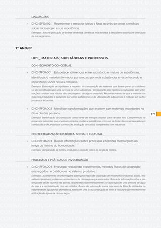 CONSULTA PÚBLICA CONSULTA PÚBLICA CONSULTA PÚBLICA
CONSULTA PÚBLICA CONSULTA PÚBLICA CONSULTA PÚBLICA
CONSULTA PÚBLICA CONSULTA PÚBLICA CONSULTA PÚBLICA
CONSULTA PÚBLICA CONSULTA PÚBLICA CONSULTA PÚBLICA
CONSULTA PÚBLICA CONSULTA PÚBLICA CONSULTA PÚBLICA
CONSULTA PÚBLICA CONSULTA PÚBLICA CONSULTA PÚBLICA
CONSULTA PÚBLICA CONSULTA PÚBLICA CONSULTA PÚBLICA
CONSULTA PÚBLICA CONSULTA PÚBLICA CONSULTA PÚBLICA
CONSULTA PÚBLICA CONSULTA PÚBLICA CONSULTA PÚBLICA
CONSULTA PÚBLICA CONSULTA PÚBLICA CONSULTA PÚBLICA
CONSULTA PÚBLICA CONSULTA PÚBLICA CONSULTA PÚBLICA
CONSULTA PÚBLICA CONSULTA PÚBLICA CONSULTA PÚBLICA
CONSULTA PÚBLICA CONSULTA PÚBLICA CONSULTA PÚBLICA
CONSULTA PÚBLICA CONSULTA PÚBLICA CONSULTA PÚBLICA
CONSULTA PÚBLICA CONSULTA PÚBLICA CONSULTA PÚBLICA
CONSULTA PÚBLICA CONSULTA PÚBLICA CONSULTA PÚBLICA
CONSULTA PÚBLICA CONSULTA PÚBLICA CONSULTA PÚBLICA
CONSULTA PÚBLICA CONSULTA PÚBLICA CONSULTA PÚBLICA
CONSULTA PÚBLICA CONSULTA PÚBLICA CONSULTA PÚBLICA
CONSULTA PÚBLICA CONSULTA PÚBLICA CONSULTA PÚBLICA
CONSULTA PÚBLICA CONSULTA PÚBLICA CONSULTA PÚBLICA
CONSULTA PÚBLICA CONSULTA PÚBLICA CONSULTA PÚBLICA
CONSULTA PÚBLICA CONSULTA PÚBLICA CONSULTA PÚBLICA
CONSULTA PÚBLICA CONSULTA PÚBLICA CONSULTA PÚBLICA
CONSULTA PÚBLICA CONSULTA PÚBLICA CONSULTA PÚBLICA
CONSULTA PÚBLICA CONSULTA PÚBLICA CONSULTA PÚBLICA
CONSULTA PÚBLICA CONSULTA PÚBLICA CONSULTA PÚBLICA
CONSULTA PÚBLICA CONSULTA PÚBLICA CONSULTA PÚBLICA
CONSULTA PÚBLICA CONSULTA PÚBLICA CONSULTA PÚBLICA
CONSULTA PÚBLICA CONSULTA PÚBLICA CONSULTA PÚBLICA
CONSULTA PÚBLICA CONSULTA PÚBLICA CONSULTA PÚBLICA
CONSULTA PÚBLICA CONSULTA PÚBLICA CONSULTA PÚBLICA
CONSULTA PÚBLICA CONSULTA PÚBLICA CONSULTA PÚBLICA
CONSULTA PÚBLICA CONSULTA PÚBLICA CONSULTA PÚBLICA
175
LINGUAGENS
»» CNCN6FOA021	 Representar e associar ideias e fatos através de textos científicos
sobre microscopia e sua importância.
Exemplo: Leitura e produção de síntese de textos científicos relacionados à descoberta da célula e ao estudo
de microrganismo.
7º ANO/EF
UC1 _ MATERIAIS, SUBSTÂNCIAS E PROCESSOS
CONHECIMENTO CONCEITUAL
»» CNCN7FOA001	 Estabelecer diferenças entre substância e mistura de substâncias,
identificando materiais formados por uma ou por mais substâncias e reconhecendo a
importância social desses materiais.
Exemplo: Elaboração de hipóteses a respeito da composição de materiais que fazem parte do cotidiano:
se são constituídos por uma ou mais de uma substância. Comparação das hipóteses elaboradas com infor-
mações contidas nos rótulos das embalagens de alguns materiais. Reconhecimento de que a maioria dos
materiais produzidos é composta por várias substâncias e da utilização de substâncias e misturas em certos
processos industriais.
»» CNCN7FOA002	 Identificar transformações que ocorrem com materiais importantes no
dia a dia das pessoas.
Exemplo: Identificação da combustão como fonte de energia utilizada para variados fins. Compreensão de
processos industriais que envolvam minérios, metais e substâncias, com uso de fontes térmicas baseadas em
combustão; e de processos caseiros de produção de sabão, comparados com industriais.
CONTEXTUALIZAÇÃO HISTÓRICA, SOCIAL E CULTURAL
»» CNCN7FOA003	 Buscar informações sobre processos e técnicas metalúrgicas ao
longo da história da humanidade.
Exemplo: Comparação de fontes, produção e usos do cobre ao longo da história.
PROCESSOS E PRÁTICAS DE INVESTIGAÇÃO
»» CNCN7FOA004	 Investigar, realizando experimentos, métodos físicos de separação
empregados no cotidiano e no sistema produtivo.
Exemplo: Levantamento de informações sobre processos de separação de importância industrial, social, res-
saltando possíveis problemas ambientais e de biossegurança associados. Busca de informação sobre a ob-
tenção de sal de cozinha nas salinas, realizando experimentalmente a evaporação de uma amostra de água
do mar e a recristalização dos sais obtidos. Busca de informação sobre processo de filtração utilizados no
tratamento de água (filtros domésticos, filtros em uma ETA), construção de filtros e realizar experimentalmente
a filtração de águas de rios ou lagos.
 