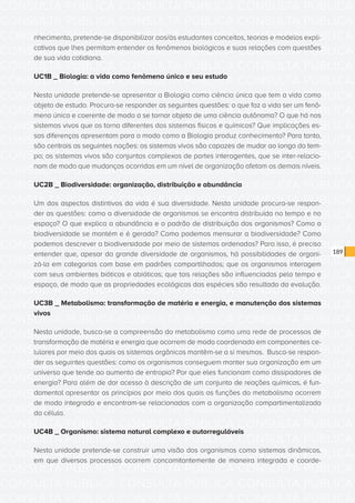 CONSULTA PÚBLICA CONSULTA PÚBLICA CONSULTA PÚBLICA
CONSULTA PÚBLICA CONSULTA PÚBLICA CONSULTA PÚBLICA
CONSULTA PÚBLICA CONSULTA PÚBLICA CONSULTA PÚBLICA
CONSULTA PÚBLICA CONSULTA PÚBLICA CONSULTA PÚBLICA
CONSULTA PÚBLICA CONSULTA PÚBLICA CONSULTA PÚBLICA
CONSULTA PÚBLICA CONSULTA PÚBLICA CONSULTA PÚBLICA
CONSULTA PÚBLICA CONSULTA PÚBLICA CONSULTA PÚBLICA
CONSULTA PÚBLICA CONSULTA PÚBLICA CONSULTA PÚBLICA
CONSULTA PÚBLICA CONSULTA PÚBLICA CONSULTA PÚBLICA
CONSULTA PÚBLICA CONSULTA PÚBLICA CONSULTA PÚBLICA
CONSULTA PÚBLICA CONSULTA PÚBLICA CONSULTA PÚBLICA
CONSULTA PÚBLICA CONSULTA PÚBLICA CONSULTA PÚBLICA
CONSULTA PÚBLICA CONSULTA PÚBLICA CONSULTA PÚBLICA
CONSULTA PÚBLICA CONSULTA PÚBLICA CONSULTA PÚBLICA
CONSULTA PÚBLICA CONSULTA PÚBLICA CONSULTA PÚBLICA
CONSULTA PÚBLICA CONSULTA PÚBLICA CONSULTA PÚBLICA
CONSULTA PÚBLICA CONSULTA PÚBLICA CONSULTA PÚBLICA
CONSULTA PÚBLICA CONSULTA PÚBLICA CONSULTA PÚBLICA
CONSULTA PÚBLICA CONSULTA PÚBLICA CONSULTA PÚBLICA
CONSULTA PÚBLICA CONSULTA PÚBLICA CONSULTA PÚBLICA
CONSULTA PÚBLICA CONSULTA PÚBLICA CONSULTA PÚBLICA
CONSULTA PÚBLICA CONSULTA PÚBLICA CONSULTA PÚBLICA
CONSULTA PÚBLICA CONSULTA PÚBLICA CONSULTA PÚBLICA
CONSULTA PÚBLICA CONSULTA PÚBLICA CONSULTA PÚBLICA
CONSULTA PÚBLICA CONSULTA PÚBLICA CONSULTA PÚBLICA
CONSULTA PÚBLICA CONSULTA PÚBLICA CONSULTA PÚBLICA
CONSULTA PÚBLICA CONSULTA PÚBLICA CONSULTA PÚBLICA
CONSULTA PÚBLICA CONSULTA PÚBLICA CONSULTA PÚBLICA
CONSULTA PÚBLICA CONSULTA PÚBLICA CONSULTA PÚBLICA
CONSULTA PÚBLICA CONSULTA PÚBLICA CONSULTA PÚBLICA
CONSULTA PÚBLICA CONSULTA PÚBLICA CONSULTA PÚBLICA
CONSULTA PÚBLICA CONSULTA PÚBLICA CONSULTA PÚBLICA
CONSULTA PÚBLICA CONSULTA PÚBLICA CONSULTA PÚBLICA
CONSULTA PÚBLICA CONSULTA PÚBLICA CONSULTA PÚBLICA
189
nhecimento, pretende-se disponibilizar aos/às estudantes conceitos, teorias e modelos expli-
cativos que lhes permitam entender os fenômenos biológicos e suas relações com questões
de sua vida cotidiana.
UC1B _ Biologia: a vida como fenômeno único e seu estudo
Nesta unidade pretende-se apresentar a Biologia como ciência única que tem a vida como
objeto de estudo. Procura-se responder as seguintes questões: o que faz a vida ser um fenô-
meno único e coerente de modo a se tornar objeto de uma ciência autônoma? O que há nos
sistemas vivos que os torna diferentes dos sistemas físicos e químicos? Que implicações es-
sas diferenças apresentam para o modo como a Biologia produz conhecimento? Para tanto,
são centrais as seguintes noções: os sistemas vivos são capazes de mudar ao longo do tem-
po; os sistemas vivos são conjuntos complexos de partes interagentes, que se inter-relacio-
nam de modo que mudanças ocorridas em um nível de organização afetam os demais níveis.
UC2B _ Biodiversidade: organização, distribuição e abundância
Um dos aspectos distintivos da vida é sua diversidade. Nesta unidade procura-se respon-
der as questões: como a diversidade de organismos se encontra distribuída no tempo e no
espaço? O que explica a abundância e o padrão de distribuição dos organismos? Como a
biodiversidade se mantém e é gerada? Como podemos mensurar a biodiversidade? Como
podemos descrever a biodiversidade por meio de sistemas ordenados? Para isso, é preciso
entender que, apesar da grande diversidade de organismos, há possibilidades de organi-
zá-la em categorias com base em padrões compartilhados; que os organismos interagem
com seus ambientes bióticos e abióticos; que tais relações são influenciadas pelo tempo e
espaço, de modo que as propriedades ecológicas das espécies são resultado da evolução.
UC3B _ Metabolismo: transformação de matéria e energia, e manutenção dos sistemas
vivos
Nesta unidade, busca-se a compreensão do metabolismo como uma rede de processos de
transformação de matéria e energia que ocorrem de modo coordenado em componentes ce-
lulares por meio dos quais os sistemas orgânicos mantêm-se a si mesmos. Busca-se respon-
der as seguintes questões: como os organismos conseguem manter sua organização em um
universo que tende ao aumento de entropia? Por que eles funcionam como dissipadores de
energia? Para além de dar acesso à descrição de um conjunto de reações químicas, é fun-
damental apresentar os princípios por meio dos quais as funções do metabolismo ocorrem
de modo integrado e encontram-se relacionadas com a organização compartimentalizada
da célula.
UC4B _ Organismo: sistema natural complexo e autorreguláveis
Nesta unidade pretende-se construir uma visão dos organismos como sistemas dinâmicos,
em que diversos processos ocorrem concomitantemente de maneira integrada e coorde-
 