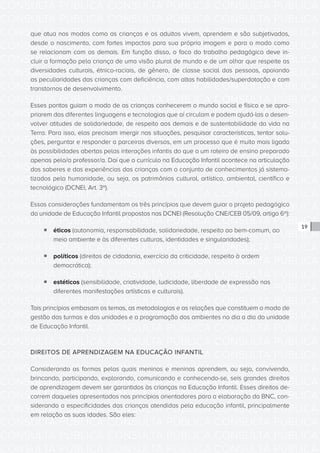 CONSULTA PÚBLICA CONSULTA PÚBLICA CONSULTA PÚBLICA
CONSULTA PÚBLICA CONSULTA PÚBLICA CONSULTA PÚBLICA
CONSULTA PÚBLICA CONSULTA PÚBLICA CONSULTA PÚBLICA
CONSULTA PÚBLICA CONSULTA PÚBLICA CONSULTA PÚBLICA
CONSULTA PÚBLICA CONSULTA PÚBLICA CONSULTA PÚBLICA
CONSULTA PÚBLICA CONSULTA PÚBLICA CONSULTA PÚBLICA
CONSULTA PÚBLICA CONSULTA PÚBLICA CONSULTA PÚBLICA
CONSULTA PÚBLICA CONSULTA PÚBLICA CONSULTA PÚBLICA
CONSULTA PÚBLICA CONSULTA PÚBLICA CONSULTA PÚBLICA
CONSULTA PÚBLICA CONSULTA PÚBLICA CONSULTA PÚBLICA
CONSULTA PÚBLICA CONSULTA PÚBLICA CONSULTA PÚBLICA
CONSULTA PÚBLICA CONSULTA PÚBLICA CONSULTA PÚBLICA
CONSULTA PÚBLICA CONSULTA PÚBLICA CONSULTA PÚBLICA
CONSULTA PÚBLICA CONSULTA PÚBLICA CONSULTA PÚBLICA
CONSULTA PÚBLICA CONSULTA PÚBLICA CONSULTA PÚBLICA
CONSULTA PÚBLICA CONSULTA PÚBLICA CONSULTA PÚBLICA
CONSULTA PÚBLICA CONSULTA PÚBLICA CONSULTA PÚBLICA
CONSULTA PÚBLICA CONSULTA PÚBLICA CONSULTA PÚBLICA
CONSULTA PÚBLICA CONSULTA PÚBLICA CONSULTA PÚBLICA
CONSULTA PÚBLICA CONSULTA PÚBLICA CONSULTA PÚBLICA
CONSULTA PÚBLICA CONSULTA PÚBLICA CONSULTA PÚBLICA
CONSULTA PÚBLICA CONSULTA PÚBLICA CONSULTA PÚBLICA
CONSULTA PÚBLICA CONSULTA PÚBLICA CONSULTA PÚBLICA
CONSULTA PÚBLICA CONSULTA PÚBLICA CONSULTA PÚBLICA
CONSULTA PÚBLICA CONSULTA PÚBLICA CONSULTA PÚBLICA
CONSULTA PÚBLICA CONSULTA PÚBLICA CONSULTA PÚBLICA
CONSULTA PÚBLICA CONSULTA PÚBLICA CONSULTA PÚBLICA
CONSULTA PÚBLICA CONSULTA PÚBLICA CONSULTA PÚBLICA
CONSULTA PÚBLICA CONSULTA PÚBLICA CONSULTA PÚBLICA
CONSULTA PÚBLICA CONSULTA PÚBLICA CONSULTA PÚBLICA
CONSULTA PÚBLICA CONSULTA PÚBLICA CONSULTA PÚBLICA
CONSULTA PÚBLICA CONSULTA PÚBLICA CONSULTA PÚBLICA
CONSULTA PÚBLICA CONSULTA PÚBLICA CONSULTA PÚBLICA
CONSULTA PÚBLICA CONSULTA PÚBLICA CONSULTA PÚBLICA
19
que atua nos modos como as crianças e os adultos vivem, aprendem e são subjetivados,
desde o nascimento, com fortes impactos para sua própria imagem e para o modo como
se relacionam com os demais. Em função disso, o foco do trabalho pedagógico deve in-
cluir a formação pela criança de uma visão plural de mundo e de um olhar que respeite as
diversidades culturais, étnico-raciais, de gênero, de classe social das pessoas, apoiando
as peculiaridades das crianças com deficiência, com altas habilidades/superdotação e com
transtornos de desenvolvimento.
Esses pontos guiam o modo de as crianças conhecerem o mundo social e físico e se apro-
priarem das diferentes linguagens e tecnologias que aí circulam e podem ajudá-las a desen-
volver atitudes de solidariedade, de respeito aos demais e de sustentabilidade da vida na
Terra. Para isso, elas precisam imergir nas situações, pesquisar características, tentar solu-
ções, perguntar e responder a parceiros diversos, em um processo que é muito mais ligado
às possibilidades abertas pelas interações infantis do que a um roteiro de ensino preparado
apenas pelo/a professor/a. Daí que o currículo na Educação Infantil acontece na articulação
dos saberes e das experiências das crianças com o conjunto de conhecimentos já sistema-
tizados pela humanidade, ou seja, os patrimônios cultural, artístico, ambiental, científico e
tecnológico (DCNEI, Art. 3º).
Essas considerações fundamentam os três princípios que devem guiar o projeto pedagógico
da unidade de Educação Infantil propostos nas DCNEI (Resolução CNE/CEB 05/09, artigo 6º):
ƒƒ éticos (autonomia, responsabilidade, solidariedade, respeito ao bem-comum, ao
meio ambiente e às diferentes culturas, identidades e singularidades);
ƒƒ políticos (direitos de cidadania, exercício da criticidade, respeito à ordem
democrática);
ƒƒ estéticos (sensibilidade, criatividade, ludicidade, liberdade de expressão nas
diferentes manifestações artísticas e culturais).
Tais princípios embasam os temas, as metodologias e as relações que constituem o modo de
gestão das turmas e das unidades e a programação dos ambientes no dia a dia da unidade
de Educação Infantil.
DIREITOS DE APRENDIZAGEM NA EDUCAÇÃO INFANTIL
Considerando as formas pelas quais meninos e meninas aprendem, ou seja, convivendo,
brincando, participando, explorando, comunicando e conhecendo-se, seis grandes direitos
de aprendizagem devem ser garantidos às crianças na Educação Infantil. Esses direitos de-
correm daqueles apresentados nos princípios orientadores para a elaboração da BNC, con-
siderando a especificidades das crianças atendidas pela educação infantil, principalmente
em relação as suas idades. São eles:
 