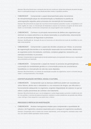CONSULTA PÚBLICA CONSULTA PÚBLICA CONSULTA PÚBLICA
CONSULTA PÚBLICA CONSULTA PÚBLICA CONSULTA PÚBLICA
CONSULTA PÚBLICA CONSULTA PÚBLICA CONSULTA PÚBLICA
CONSULTA PÚBLICA CONSULTA PÚBLICA CONSULTA PÚBLICA
CONSULTA PÚBLICA CONSULTA PÚBLICA CONSULTA PÚBLICA
CONSULTA PÚBLICA CONSULTA PÚBLICA CONSULTA PÚBLICA
CONSULTA PÚBLICA CONSULTA PÚBLICA CONSULTA PÚBLICA
CONSULTA PÚBLICA CONSULTA PÚBLICA CONSULTA PÚBLICA
CONSULTA PÚBLICA CONSULTA PÚBLICA CONSULTA PÚBLICA
CONSULTA PÚBLICA CONSULTA PÚBLICA CONSULTA PÚBLICA
CONSULTA PÚBLICA CONSULTA PÚBLICA CONSULTA PÚBLICA
CONSULTA PÚBLICA CONSULTA PÚBLICA CONSULTA PÚBLICA
CONSULTA PÚBLICA CONSULTA PÚBLICA CONSULTA PÚBLICA
CONSULTA PÚBLICA CONSULTA PÚBLICA CONSULTA PÚBLICA
CONSULTA PÚBLICA CONSULTA PÚBLICA CONSULTA PÚBLICA
CONSULTA PÚBLICA CONSULTA PÚBLICA CONSULTA PÚBLICA
CONSULTA PÚBLICA CONSULTA PÚBLICA CONSULTA PÚBLICA
CONSULTA PÚBLICA CONSULTA PÚBLICA CONSULTA PÚBLICA
CONSULTA PÚBLICA CONSULTA PÚBLICA CONSULTA PÚBLICA
CONSULTA PÚBLICA CONSULTA PÚBLICA CONSULTA PÚBLICA
CONSULTA PÚBLICA CONSULTA PÚBLICA CONSULTA PÚBLICA
CONSULTA PÚBLICA CONSULTA PÚBLICA CONSULTA PÚBLICA
CONSULTA PÚBLICA CONSULTA PÚBLICA CONSULTA PÚBLICA
CONSULTA PÚBLICA CONSULTA PÚBLICA CONSULTA PÚBLICA
CONSULTA PÚBLICA CONSULTA PÚBLICA CONSULTA PÚBLICA
CONSULTA PÚBLICA CONSULTA PÚBLICA CONSULTA PÚBLICA
CONSULTA PÚBLICA CONSULTA PÚBLICA CONSULTA PÚBLICA
CONSULTA PÚBLICA CONSULTA PÚBLICA CONSULTA PÚBLICA
CONSULTA PÚBLICA CONSULTA PÚBLICA CONSULTA PÚBLICA
CONSULTA PÚBLICA CONSULTA PÚBLICA CONSULTA PÚBLICA
CONSULTA PÚBLICA CONSULTA PÚBLICA CONSULTA PÚBLICA
CONSULTA PÚBLICA CONSULTA PÚBLICA CONSULTA PÚBLICA
CONSULTA PÚBLICA CONSULTA PÚBLICA CONSULTA PÚBLICA
CONSULTA PÚBLICA CONSULTA PÚBLICA CONSULTA PÚBLICA
199
Exemplo: Reconhecimento que o transporte ativo de íons cloreto por células das brânquias de peixes de água
doce e a eliminação de água na urina diluída permitem manter o equilíbrio osmótico.
»» CNBI2MOA011	 Compreender o papel desempenhado pelos mecanismos
de retroalimentação (alças de retroalimentação ou feedback) no padrão de
autorregulação seguidos pelos processos de manutenção da homeostase.
Exemplo: Reconhecimento do papel dos neurônios termorreceptores presentes na pele, no hipotálamo e em
outras regiões do corpo, na manutenção da temperatura corporal nos humanos, ao agirem de forma seme-
lhante a um termostato, monitorando a temperatura do sangue (agindo como receptores).
»» CNBI2MOA012	 Conhecer os principais mecanismos de defesa dos organismos que
eliminam os corpos estranhos e as células lesionadas ou envelhecidas, relacionando-
os com os processos de fagocitose e pinocitose.
Exemplo: Identificação da formação de pus em furúnculos em decorrência da morte de neutrófilos no com-
bate contra bactérias.
»» CNBI2MOA013	 Compreender o papel das divisões celulares por mitose, no processo
de regeneração dos tecidos e na reprodução assexuada nos eucariontes, destacando
as organelas (como microtúbulos, centríolos, complexo golgiense, lisossomos, por
exemplo) envolvidas no processo.
Exemplo: Compreensão da regeneração do tecido epitelial após uma exposição intensa ao sol; a reprodução
dos protozoários por bipartição.
»» CNBI2MOA014	 Compreender o papel da meiose no processo de gametogênese,
a promoção da variabilidade genética e a transmissão precisa de características
hereditárias e a manutenção da vida dos seres diploides.
Exemplo: Reconhecimento, no contexto da reprodução sexuada nos organismos, ocorre o encontro dos ga-
metas e, consequentemente, a fecundação.
CONTEXTUALIZAÇÃO HISTÓRICA, SOCIAL E CULTURAL
»» CNBI2MOA015	 Compreender que as doenças sistêmicas podem ser causadas por
vários fatores, dentre eles a obesidade e o uso excessivo de drogas, que dificultam o
funcionamento adequando no organismo, exigindo integralidade de saberes no que se
refere a ações preventivas de controle e de tratamento.
Exemplo: Reconhecimento de que o uso do tabagismo e outras drogas podem aumentar a incidência de cân-
cer nos pulmões; o acúmulo de placas de gordura, colesterol e outras substâncias nas paredes das artérias,
o que restringe o fluxo sanguíneo e que pode levar a infartos.
PROCESSOS E PRÁTICAS DE INVESTIGAÇÃO
»» CNBI2MOA016	 Analisar hemogramas simples para compreender a quantidade de
células e de fragmentos celulares esperados para o sangue em organismos saudáveis.
Exemplo: Comparação entre os dados dos exames laboratoriais, como hemograma, solicitados pelos médi-
cos, com valores médios apontados nesses exames.
 