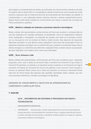 CONSULTA PÚBLICA CONSULTA PÚBLICA CONSULTA PÚBLICA
CONSULTA PÚBLICA CONSULTA PÚBLICA CONSULTA PÚBLICA
CONSULTA PÚBLICA CONSULTA PÚBLICA CONSULTA PÚBLICA
CONSULTA PÚBLICA CONSULTA PÚBLICA CONSULTA PÚBLICA
CONSULTA PÚBLICA CONSULTA PÚBLICA CONSULTA PÚBLICA
CONSULTA PÚBLICA CONSULTA PÚBLICA CONSULTA PÚBLICA
CONSULTA PÚBLICA CONSULTA PÚBLICA CONSULTA PÚBLICA
CONSULTA PÚBLICA CONSULTA PÚBLICA CONSULTA PÚBLICA
CONSULTA PÚBLICA CONSULTA PÚBLICA CONSULTA PÚBLICA
CONSULTA PÚBLICA CONSULTA PÚBLICA CONSULTA PÚBLICA
CONSULTA PÚBLICA CONSULTA PÚBLICA CONSULTA PÚBLICA
CONSULTA PÚBLICA CONSULTA PÚBLICA CONSULTA PÚBLICA
CONSULTA PÚBLICA CONSULTA PÚBLICA CONSULTA PÚBLICA
CONSULTA PÚBLICA CONSULTA PÚBLICA CONSULTA PÚBLICA
CONSULTA PÚBLICA CONSULTA PÚBLICA CONSULTA PÚBLICA
CONSULTA PÚBLICA CONSULTA PÚBLICA CONSULTA PÚBLICA
CONSULTA PÚBLICA CONSULTA PÚBLICA CONSULTA PÚBLICA
CONSULTA PÚBLICA CONSULTA PÚBLICA CONSULTA PÚBLICA
CONSULTA PÚBLICA CONSULTA PÚBLICA CONSULTA PÚBLICA
CONSULTA PÚBLICA CONSULTA PÚBLICA CONSULTA PÚBLICA
CONSULTA PÚBLICA CONSULTA PÚBLICA CONSULTA PÚBLICA
CONSULTA PÚBLICA CONSULTA PÚBLICA CONSULTA PÚBLICA
CONSULTA PÚBLICA CONSULTA PÚBLICA CONSULTA PÚBLICA
CONSULTA PÚBLICA CONSULTA PÚBLICA CONSULTA PÚBLICA
CONSULTA PÚBLICA CONSULTA PÚBLICA CONSULTA PÚBLICA
CONSULTA PÚBLICA CONSULTA PÚBLICA CONSULTA PÚBLICA
CONSULTA PÚBLICA CONSULTA PÚBLICA CONSULTA PÚBLICA
CONSULTA PÚBLICA CONSULTA PÚBLICA CONSULTA PÚBLICA
CONSULTA PÚBLICA CONSULTA PÚBLICA CONSULTA PÚBLICA
CONSULTA PÚBLICA CONSULTA PÚBLICA CONSULTA PÚBLICA
CONSULTA PÚBLICA CONSULTA PÚBLICA CONSULTA PÚBLICA
CONSULTA PÚBLICA CONSULTA PÚBLICA CONSULTA PÚBLICA
CONSULTA PÚBLICA CONSULTA PÚBLICA CONSULTA PÚBLICA
CONSULTA PÚBLICA CONSULTA PÚBLICA CONSULTA PÚBLICA
208
pelo registro e processamento de dados, que são parte da cultura humana, desde as escritas
em papiros até os atuais CDs ou computadores; desde as formas de comunicação por sinais
sonoros e gestuais até as modernas técnicas de transmissão de informações via satélite. A
compreensão e o uso adequado desses sistemas naturais e desses equipamentos tecno-
lógicos fazem parte desta unidade de conhecimento que requer o estudo dos conceitos da
Física ondulatória e quântica.
UC5F _ Matéria e radiação em sistemas e processos naturais e tecnológicos
Nesta unidade são apresentados conhecimentos da Física que auxiliam a compreensão do
uso das radiações em variadas atividades na atualidade, como em diagnósticos médicos,
como radiografia e tomografia, na produção de energia com base em processos nuclea-
res, ou nas guerras com as bombas de fissão e fusão nuclear. Isso depende de responder
diferentes questões: no que diferem essas radiações? Como elas são produzidas? Como as
diferentes radiações interagem com a matéria? Do que a matéria é constituída? Quais são os
efeitos biológicos e ambientais das diferentes radiações? Esta unidade estuda as proprieda-
des das radiações e da matéria, bem como suas interações.
UC6F _ Terra, Universo e vida
Nesta unidade são apresentados conhecimentos da Física que contribuem para responder
perguntas como: qual a idade do Universo? Qual o tamanho do Universo? O que existe no
Universo? As galáxias, as estrelas e os planetas sempre existiram ou se formaram em algum
momento na história do Universo? Se houve uma gênese, como ocorreu? Como nascem e
morrem as estrelas? Quem somos nós e onde nos situamos no Universo conhecido? Existe
vida fora da Terra? Essas são algumas das questões abordadas nesta unidade, que traz
como principal referência o modelo cosmológico do Big Bang.
UNIDADES DE CONHECIMENTO E OBJETIVOS DE APRENDIZAGEM DO
COMPONENTE CURRICULAR FÍSICA
1º ANO/EM
UC1F _ MOVIMENTOS EM SISTEMAS E PROCESSOS NATURAIS E
TECNOLÓGICOS
CONHECIMENTO CONCEITUAL
»» CNFI1MOA001	 Compreender e utilizar adequadamente as leis da conservação da
energia (escalar) e da quantidade de movimento linear e angular (vetorial) para prever
e avaliar variações de movimentos e identificar transformações de energia em sistemas
e processos naturais e tecnológicos.
 