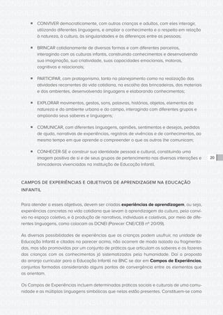 CONSULTA PÚBLICA CONSULTA PÚBLICA CONSULTA PÚBLICA
CONSULTA PÚBLICA CONSULTA PÚBLICA CONSULTA PÚBLICA
CONSULTA PÚBLICA CONSULTA PÚBLICA CONSULTA PÚBLICA
CONSULTA PÚBLICA CONSULTA PÚBLICA CONSULTA PÚBLICA
CONSULTA PÚBLICA CONSULTA PÚBLICA CONSULTA PÚBLICA
CONSULTA PÚBLICA CONSULTA PÚBLICA CONSULTA PÚBLICA
CONSULTA PÚBLICA CONSULTA PÚBLICA CONSULTA PÚBLICA
CONSULTA PÚBLICA CONSULTA PÚBLICA CONSULTA PÚBLICA
CONSULTA PÚBLICA CONSULTA PÚBLICA CONSULTA PÚBLICA
CONSULTA PÚBLICA CONSULTA PÚBLICA CONSULTA PÚBLICA
CONSULTA PÚBLICA CONSULTA PÚBLICA CONSULTA PÚBLICA
CONSULTA PÚBLICA CONSULTA PÚBLICA CONSULTA PÚBLICA
CONSULTA PÚBLICA CONSULTA PÚBLICA CONSULTA PÚBLICA
CONSULTA PÚBLICA CONSULTA PÚBLICA CONSULTA PÚBLICA
CONSULTA PÚBLICA CONSULTA PÚBLICA CONSULTA PÚBLICA
CONSULTA PÚBLICA CONSULTA PÚBLICA CONSULTA PÚBLICA
CONSULTA PÚBLICA CONSULTA PÚBLICA CONSULTA PÚBLICA
CONSULTA PÚBLICA CONSULTA PÚBLICA CONSULTA PÚBLICA
CONSULTA PÚBLICA CONSULTA PÚBLICA CONSULTA PÚBLICA
CONSULTA PÚBLICA CONSULTA PÚBLICA CONSULTA PÚBLICA
CONSULTA PÚBLICA CONSULTA PÚBLICA CONSULTA PÚBLICA
CONSULTA PÚBLICA CONSULTA PÚBLICA CONSULTA PÚBLICA
CONSULTA PÚBLICA CONSULTA PÚBLICA CONSULTA PÚBLICA
CONSULTA PÚBLICA CONSULTA PÚBLICA CONSULTA PÚBLICA
CONSULTA PÚBLICA CONSULTA PÚBLICA CONSULTA PÚBLICA
CONSULTA PÚBLICA CONSULTA PÚBLICA CONSULTA PÚBLICA
CONSULTA PÚBLICA CONSULTA PÚBLICA CONSULTA PÚBLICA
CONSULTA PÚBLICA CONSULTA PÚBLICA CONSULTA PÚBLICA
CONSULTA PÚBLICA CONSULTA PÚBLICA CONSULTA PÚBLICA
CONSULTA PÚBLICA CONSULTA PÚBLICA CONSULTA PÚBLICA
CONSULTA PÚBLICA CONSULTA PÚBLICA CONSULTA PÚBLICA
CONSULTA PÚBLICA CONSULTA PÚBLICA CONSULTA PÚBLICA
CONSULTA PÚBLICA CONSULTA PÚBLICA CONSULTA PÚBLICA
CONSULTA PÚBLICA CONSULTA PÚBLICA CONSULTA PÚBLICA
20
ƒƒ CONVIVER democraticamente, com outras crianças e adultos, com eles interagir,
utilizando diferentes linguagens, e ampliar o conhecimento e o respeito em relação
à natureza, à cultura, às singularidades e às diferenças entre as pessoas;
ƒƒ BRINCAR cotidianamente de diversas formas e com diferentes parceiros,
interagindo com as culturas infantis, construindo conhecimentos e desenvolvendo
sua imaginação, sua criatividade, suas capacidades emocionais, motoras,
cognitivas e relacionais;
ƒƒ PARTICIPAR, com protagonismo, tanto no planejamento como na realização das
atividades recorrentes da vida cotidiana, na escolha das brincadeiras, dos materiais
e dos ambientes, desenvolvendo linguagens e elaborando conhecimentos;
ƒƒ EXPLORAR movimentos, gestos, sons, palavras, histórias, objetos, elementos da
natureza e do ambiente urbano e do campo, interagindo com diferentes grupos e
ampliando seus saberes e linguagens;
ƒƒ COMUNICAR, com diferentes linguagens, opiniões, sentimentos e desejos, pedidos
de ajuda, narrativas de experiências, registros de vivências e de conhecimentos, ao
mesmo tempo em que aprende a compreender o que os outros lhe comunicam;
ƒƒ CONHECER-SE e construir sua identidade pessoal e cultural, constituindo uma
imagem positiva de si e de seus grupos de pertencimento nas diversas interações e
brincadeiras vivenciadas na instituição de Educação Infantil.
CAMPOS DE EXPERIÊNCIAS E OBJETIVOS DE APRENDIZAGEM NA EDUCAÇÃO
INFANTIL
Para atender a esses objetivos, devem ser criadas experiências de aprendizagem, ou seja,
experiências concretas na vida cotidiana que levam à aprendizagem da cultura, pelo conví-
vio no espaço coletivo, e à produção de narrativas, individuais e coletivas, por meio de dife-
rentes linguagens, como colocam as DCNEI (Parecer CNE/CEB nº 20/09).
As diversas possibilidades de experiências que as crianças podem usufruir, na unidade de
Educação Infantil e citadas no parecer acima, não ocorrem de modo isolado ou fragmenta-
das, mas são promovidas por um conjunto de práticas que articulam os saberes e os fazeres
das crianças com os conhecimentos já sistematizados pela humanidade. Daí a proposta
do arranjo curricular para a Educação Infantil na BNC se dar em Campos de Experiências,
conjuntos formados considerando alguns pontos de convergência entre os elementos que
os orientam.
Os Campos de Experiências incluem determinadas práticas sociais e culturais de uma comu-
nidade e as múltiplas linguagens simbólicas que nelas estão presentes. Constituem-se como
 