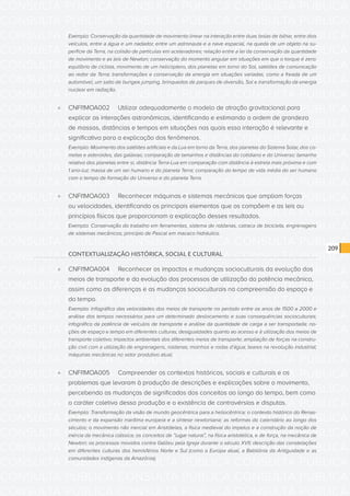CONSULTA PÚBLICA CONSULTA PÚBLICA CONSULTA PÚBLICA
CONSULTA PÚBLICA CONSULTA PÚBLICA CONSULTA PÚBLICA
CONSULTA PÚBLICA CONSULTA PÚBLICA CONSULTA PÚBLICA
CONSULTA PÚBLICA CONSULTA PÚBLICA CONSULTA PÚBLICA
CONSULTA PÚBLICA CONSULTA PÚBLICA CONSULTA PÚBLICA
CONSULTA PÚBLICA CONSULTA PÚBLICA CONSULTA PÚBLICA
CONSULTA PÚBLICA CONSULTA PÚBLICA CONSULTA PÚBLICA
CONSULTA PÚBLICA CONSULTA PÚBLICA CONSULTA PÚBLICA
CONSULTA PÚBLICA CONSULTA PÚBLICA CONSULTA PÚBLICA
CONSULTA PÚBLICA CONSULTA PÚBLICA CONSULTA PÚBLICA
CONSULTA PÚBLICA CONSULTA PÚBLICA CONSULTA PÚBLICA
CONSULTA PÚBLICA CONSULTA PÚBLICA CONSULTA PÚBLICA
CONSULTA PÚBLICA CONSULTA PÚBLICA CONSULTA PÚBLICA
CONSULTA PÚBLICA CONSULTA PÚBLICA CONSULTA PÚBLICA
CONSULTA PÚBLICA CONSULTA PÚBLICA CONSULTA PÚBLICA
CONSULTA PÚBLICA CONSULTA PÚBLICA CONSULTA PÚBLICA
CONSULTA PÚBLICA CONSULTA PÚBLICA CONSULTA PÚBLICA
CONSULTA PÚBLICA CONSULTA PÚBLICA CONSULTA PÚBLICA
CONSULTA PÚBLICA CONSULTA PÚBLICA CONSULTA PÚBLICA
CONSULTA PÚBLICA CONSULTA PÚBLICA CONSULTA PÚBLICA
CONSULTA PÚBLICA CONSULTA PÚBLICA CONSULTA PÚBLICA
CONSULTA PÚBLICA CONSULTA PÚBLICA CONSULTA PÚBLICA
CONSULTA PÚBLICA CONSULTA PÚBLICA CONSULTA PÚBLICA
CONSULTA PÚBLICA CONSULTA PÚBLICA CONSULTA PÚBLICA
CONSULTA PÚBLICA CONSULTA PÚBLICA CONSULTA PÚBLICA
CONSULTA PÚBLICA CONSULTA PÚBLICA CONSULTA PÚBLICA
CONSULTA PÚBLICA CONSULTA PÚBLICA CONSULTA PÚBLICA
CONSULTA PÚBLICA CONSULTA PÚBLICA CONSULTA PÚBLICA
CONSULTA PÚBLICA CONSULTA PÚBLICA CONSULTA PÚBLICA
CONSULTA PÚBLICA CONSULTA PÚBLICA CONSULTA PÚBLICA
CONSULTA PÚBLICA CONSULTA PÚBLICA CONSULTA PÚBLICA
CONSULTA PÚBLICA CONSULTA PÚBLICA CONSULTA PÚBLICA
CONSULTA PÚBLICA CONSULTA PÚBLICA CONSULTA PÚBLICA
CONSULTA PÚBLICA CONSULTA PÚBLICA CONSULTA PÚBLICA
209
Exemplo: Conservação da quantidade de movimento linear na interação entre duas bolas de bilhar, entre dois
veículos, entre a água e um nadador, entre um astronauta e a nave espacial, na queda de um objeto na su-
perfície da Terra, na colisão de partículas em aceleradores; relação entre a lei da conservação da quantidade
de movimento e as leis de Newton; conservação do momento angular em situações em que o torque é zero:
equilíbrio de ciclista, movimento de um helicóptero, dos planetas em torno do Sol, satélites de comunicação
ao redor da Terra; transformações e conservação da energia em situações variadas, como a freada de um
automóvel, um salto de bungee jumping, brinquedos de parques de diversão, Sol e transformação da energia
nuclear em radiação.
»» CNFI1MOA002	 Utilizar adequadamente o modelo de atração gravitacional para
explicar as interações astronômicas, identificando e estimando a ordem de grandeza
de massas, distâncias e tempos em situações nas quais essa interação é relevante e
significativa para a explicação dos fenômenos.
Exemplo: Movimento dos satélites artificiais e da Lua em torno da Terra, dos planetas do Sistema Solar, dos co-
metas e asteroides, das galáxias; comparação de tamanhos e distâncias do cotidiano e do Universo: tamanho
relativo dos planetas entre si, distância Terra-Lua em comparação com distância à estrela mais próxima e com
1 ano-luz; massa de um ser humano e do planeta Terra; comparação do tempo de vida média do ser humano
com o tempo de formação do Universo e do planeta Terra.
»» CNFI1MOA003	 Reconhecer máquinas e sistemas mecânicos que ampliam forças
ou velocidades, identificando os principais elementos que os compõem e as leis ou
princípios físicos que proporcionam a explicação desses resultados.
Exemplo: Conservação do trabalho em ferramentas, sistema de roldanas, catraca de bicicleta, engrenagens
de sistemas mecânicos; princípio de Pascal em macaco hidráulico.
CONTEXTUALIZAÇÃO HISTÓRICA, SOCIAL E CULTURAL
»» CNFI1MOA004	 Reconhecer os impactos e mudanças socioculturais da evolução dos
meios de transporte e da evolução dos processos de utilização da potência mecânica,
assim como as diferenças e as mudanças socioculturais na compreensão do espaço e
do tempo.
Exemplo: Infográfico das velocidades dos meios de transporte no período entre os anos de 1500 a 2000 e
análise dos tempos necessários para um determinado deslocamento e suas consequências socioculturais;
infográfico da potência de veículos de transporte e análise da quantidade de carga a ser transportada; no-
ções de espaço e tempo em diferentes culturas; desigualdades quanto ao acesso e à utilização dos meios de
transporte coletivo; impactos ambientais dos diferentes meios de transporte; ampliação de forças na constru-
ção civil com a utilização de engrenagens, roldanas; moinhos e rodas d’água; teares na revolução industrial;
máquinas mecânicas no setor produtivo atual.
»» CNFI1MOA005	 Compreender os contextos históricos, sociais e culturais e os
problemas que levaram à produção de descrições e explicações sobre o movimento,
percebendo as mudanças de significados dos conceitos ao longo do tempo, bem como
o caráter coletivo dessa produção e a existência de controvérsias e disputas.
Exemplo: Transformação da visão de mundo geocêntrica para a heliocêntrica; o contexto histórico do Renas-
cimento e da expansão marítima europeia e a síntese newtoniana; as reformas do calendário ao longo dos
séculos; o movimento não inercial em Aristóteles, a física medieval do impetus e a construção da noção de
inércia da mecânica clássica; os conceitos de “lugar natural”, na física aristotélica, e de força, na mecânica de
Newton; os processos movidos contra Galileu pela Igreja durante o século XVII; descrição das constelações
em diferentes culturas dos hemisférios Norte e Sul (como a Europa atual, a Babilônia da Antiguidade e as
comunidades indígenas da Amazônia).
 
