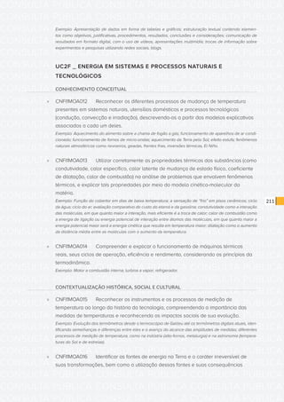 CONSULTA PÚBLICA CONSULTA PÚBLICA CONSULTA PÚBLICA
CONSULTA PÚBLICA CONSULTA PÚBLICA CONSULTA PÚBLICA
CONSULTA PÚBLICA CONSULTA PÚBLICA CONSULTA PÚBLICA
CONSULTA PÚBLICA CONSULTA PÚBLICA CONSULTA PÚBLICA
CONSULTA PÚBLICA CONSULTA PÚBLICA CONSULTA PÚBLICA
CONSULTA PÚBLICA CONSULTA PÚBLICA CONSULTA PÚBLICA
CONSULTA PÚBLICA CONSULTA PÚBLICA CONSULTA PÚBLICA
CONSULTA PÚBLICA CONSULTA PÚBLICA CONSULTA PÚBLICA
CONSULTA PÚBLICA CONSULTA PÚBLICA CONSULTA PÚBLICA
CONSULTA PÚBLICA CONSULTA PÚBLICA CONSULTA PÚBLICA
CONSULTA PÚBLICA CONSULTA PÚBLICA CONSULTA PÚBLICA
CONSULTA PÚBLICA CONSULTA PÚBLICA CONSULTA PÚBLICA
CONSULTA PÚBLICA CONSULTA PÚBLICA CONSULTA PÚBLICA
CONSULTA PÚBLICA CONSULTA PÚBLICA CONSULTA PÚBLICA
CONSULTA PÚBLICA CONSULTA PÚBLICA CONSULTA PÚBLICA
CONSULTA PÚBLICA CONSULTA PÚBLICA CONSULTA PÚBLICA
CONSULTA PÚBLICA CONSULTA PÚBLICA CONSULTA PÚBLICA
CONSULTA PÚBLICA CONSULTA PÚBLICA CONSULTA PÚBLICA
CONSULTA PÚBLICA CONSULTA PÚBLICA CONSULTA PÚBLICA
CONSULTA PÚBLICA CONSULTA PÚBLICA CONSULTA PÚBLICA
CONSULTA PÚBLICA CONSULTA PÚBLICA CONSULTA PÚBLICA
CONSULTA PÚBLICA CONSULTA PÚBLICA CONSULTA PÚBLICA
CONSULTA PÚBLICA CONSULTA PÚBLICA CONSULTA PÚBLICA
CONSULTA PÚBLICA CONSULTA PÚBLICA CONSULTA PÚBLICA
CONSULTA PÚBLICA CONSULTA PÚBLICA CONSULTA PÚBLICA
CONSULTA PÚBLICA CONSULTA PÚBLICA CONSULTA PÚBLICA
CONSULTA PÚBLICA CONSULTA PÚBLICA CONSULTA PÚBLICA
CONSULTA PÚBLICA CONSULTA PÚBLICA CONSULTA PÚBLICA
CONSULTA PÚBLICA CONSULTA PÚBLICA CONSULTA PÚBLICA
CONSULTA PÚBLICA CONSULTA PÚBLICA CONSULTA PÚBLICA
CONSULTA PÚBLICA CONSULTA PÚBLICA CONSULTA PÚBLICA
CONSULTA PÚBLICA CONSULTA PÚBLICA CONSULTA PÚBLICA
CONSULTA PÚBLICA CONSULTA PÚBLICA CONSULTA PÚBLICA
CONSULTA PÚBLICA CONSULTA PÚBLICA CONSULTA PÚBLICA
211
Exemplo: Apresentação de dados em forma de tabelas e gráficos; estruturação textual contendo elemen-
tos como objetivos, justificativas, procedimentos, resultados, conclusões e considerações; comunicação de
resultados em formato digital, com o uso de vídeos, apresentações multimídia; trocas de informação sobre
experimentos e pesquisas utilizando redes sociais, blogs.
UC2F _ ENERGIA EM SISTEMAS E PROCESSOS NATURAIS E
TECNOLÓGICOS
CONHECIMENTO CONCEITUAL
»» CNFI1MOA012	 Reconhecer os diferentes processos de mudança de temperatura
presentes em sistemas naturais, utensílios domésticos e processos tecnológicos
(condução, convecção e irradiação), descrevendo-os a partir dos modelos explicativos
associados a cada um deles.
Exemplo: Aquecimento do alimento sobre a chama de fogão a gás; funcionamento de aparelhos de ar condi-
cionado; funcionamento de fornos de micro-ondas; aquecimento da Terra pelo Sol; efeito estufa; fenômenos
naturais atmosféricos como nevoeiros, geadas, frentes frias, inversões térmicas, El Niño.
»» CNFI1MOA013	 Utilizar corretamente as propriedades térmicas das substâncias (como
condutividade, calor especifico, calor latente de mudança de estado físico, coeficiente
de dilatação, calor de combustão) na análise de problemas que envolvem fenômenos
térmicos, e explicar tais propriedades por meio do modelo cinético-molecular da
matéria.
Exemplo: Função do cobertor em dias de baixa temperatura; a sensação de “frio” em pisos cerâmicos; ciclo
da água; ciclo do ar; avaliação comparativo do custo do etanol e da gasolina; condutividade como a interação
das moléculas, em que quanto maior a interação, mais eficiente é a troca de calor; calor de combustão como
a energia de ligação ou energia potencial de interação entre átomos das moléculas, em que quanto maior a
energia potencial maior será a energia cinética que resulta em temperatura maior; dilatação como o aumento
da distância média entre as moléculas com o aumento da temperatura.
»» CNFI1MOA014	 Compreender e explicar o funcionamento de máquinas térmicas
reais, seus ciclos de operação, eficiência e rendimento, considerando os princípios da
termodinâmica.
Exemplo: Motor a combustão interna; turbina a vapor; refrigerador.
CONTEXTUALIZAÇÃO HISTÓRICA, SOCIAL E CULTURAL
»» CNFI1MOA015	 Reconhecer os instrumentos e os processos de medição de
temperatura ao longo da história da tecnologia, compreendendo a importância das
medidas de temperaturas e reconhecendo os impactos sociais de sua evolução.
Exemplo: Evolução dos termômetros desde o termoscópio de Galileu até os termômetros digitais atuais, iden-
tificando semelhanças e diferenças entre eles e o avanço do alcance das amplitudes de medidas; diferentes
processos de medição de temperatura, como na indústria (alto-fornos, metalurgia) e na astronomia (tempera-
turas do Sol e de estrelas).
»» CNFI1MOA016	 Identificar as fontes de energia na Terra e o caráter irreversível de
suas transformações, bem como a utilização dessas fontes e suas consequências
 