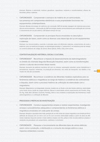 CONSULTA PÚBLICA CONSULTA PÚBLICA CONSULTA PÚBLICA
CONSULTA PÚBLICA CONSULTA PÚBLICA CONSULTA PÚBLICA
CONSULTA PÚBLICA CONSULTA PÚBLICA CONSULTA PÚBLICA
CONSULTA PÚBLICA CONSULTA PÚBLICA CONSULTA PÚBLICA
CONSULTA PÚBLICA CONSULTA PÚBLICA CONSULTA PÚBLICA
CONSULTA PÚBLICA CONSULTA PÚBLICA CONSULTA PÚBLICA
CONSULTA PÚBLICA CONSULTA PÚBLICA CONSULTA PÚBLICA
CONSULTA PÚBLICA CONSULTA PÚBLICA CONSULTA PÚBLICA
CONSULTA PÚBLICA CONSULTA PÚBLICA CONSULTA PÚBLICA
CONSULTA PÚBLICA CONSULTA PÚBLICA CONSULTA PÚBLICA
CONSULTA PÚBLICA CONSULTA PÚBLICA CONSULTA PÚBLICA
CONSULTA PÚBLICA CONSULTA PÚBLICA CONSULTA PÚBLICA
CONSULTA PÚBLICA CONSULTA PÚBLICA CONSULTA PÚBLICA
CONSULTA PÚBLICA CONSULTA PÚBLICA CONSULTA PÚBLICA
CONSULTA PÚBLICA CONSULTA PÚBLICA CONSULTA PÚBLICA
CONSULTA PÚBLICA CONSULTA PÚBLICA CONSULTA PÚBLICA
CONSULTA PÚBLICA CONSULTA PÚBLICA CONSULTA PÚBLICA
CONSULTA PÚBLICA CONSULTA PÚBLICA CONSULTA PÚBLICA
CONSULTA PÚBLICA CONSULTA PÚBLICA CONSULTA PÚBLICA
CONSULTA PÚBLICA CONSULTA PÚBLICA CONSULTA PÚBLICA
CONSULTA PÚBLICA CONSULTA PÚBLICA CONSULTA PÚBLICA
CONSULTA PÚBLICA CONSULTA PÚBLICA CONSULTA PÚBLICA
CONSULTA PÚBLICA CONSULTA PÚBLICA CONSULTA PÚBLICA
CONSULTA PÚBLICA CONSULTA PÚBLICA CONSULTA PÚBLICA
CONSULTA PÚBLICA CONSULTA PÚBLICA CONSULTA PÚBLICA
CONSULTA PÚBLICA CONSULTA PÚBLICA CONSULTA PÚBLICA
CONSULTA PÚBLICA CONSULTA PÚBLICA CONSULTA PÚBLICA
CONSULTA PÚBLICA CONSULTA PÚBLICA CONSULTA PÚBLICA
CONSULTA PÚBLICA CONSULTA PÚBLICA CONSULTA PÚBLICA
CONSULTA PÚBLICA CONSULTA PÚBLICA CONSULTA PÚBLICA
CONSULTA PÚBLICA CONSULTA PÚBLICA CONSULTA PÚBLICA
CONSULTA PÚBLICA CONSULTA PÚBLICA CONSULTA PÚBLICA
CONSULTA PÚBLICA CONSULTA PÚBLICA CONSULTA PÚBLICA
CONSULTA PÚBLICA CONSULTA PÚBLICA CONSULTA PÚBLICA
214
Exemplo: Bobinas e eletroímãs; motores, geradores, capacitores, indutores e transformadores; dínamo de
bicicletas; pilhas e baterias.
»» CNFI2MOA005	 Compreender a estrutura da matéria de um semicondutor,
sua presença em componentes eletrônicos e suas propriedades funcionais nos
equipamentos contemporâneos.
Exemplo: Bandas de energia: de valência e de condução; GAP de bandas; dopagem de materiais para produ-
ção de semicondutores – diminuição do GAP de energia; diodos semicondutores para retificação de corrente
e chaveamento de circuito elétrico; LED (diodo emissor de luz).
»» CNFI2MOA006	 Compreender os princípios físicos envolvidos na descrição e
explicação de lasers, assim como os diversos usos desse tipo de luz em equipamentos
e sistemas.
Exemplo: Luz monocromática, coerente e colimada; lasers de diferentes materiais, comprimentos de onda e
potência; usos na medicina (cirurgias), na odontologia (substitui o “motorzinho”), na indústria (corte de metais),
no comércio (leitores de código de barras, fibras ópticas, DVDs, CDs), entre outros.
CONTEXTUALIZAÇÃO HISTÓRICA, SOCIAL E CULTURAL
»» CNFI2MOA007	 Reconhecer o impacto do desenvolvimento do eletromagnetismo
no âmbito da chamada Segunda Revolução Industrial, assim como as transformações
sociais e culturais decorrentes desse evento.
Exemplo: Aumento da potência mecânica útil com os motores; automação industrial; usinas hidrelétricas e
termelétricas; impactos: ambientas, na produção de alimentos, nos meios de transporte, nos hábitos e nos
modos de vida das sociedades.
»» CNFI2MOA008	 Reconhecer a existência de diferentes modelos explicativos para os
fenômenos elétricos e magnéticos ao longo da história e a existência de controvérsias
e disputas, assim como o processo histórico de unificação da eletricidade com o
magnetismo.
Exemplo: Magnetismo na Antiguidade; bússola; modelo de um fluido e de dois fluidos elétricos; eletricidade
como fluido versus noção de cargas elétricas; Galvani e eletricidade animal; experimentos de Franklin, Gray,
Du Fay, Volta, Biot, Oersted, Coulomb, Faraday, Hertz e seus modelos e explicações dos fenômenos; ondas
eletromagnéticas e a unificação de Maxwell.
PROCESSOS E PRÁTICAS DE INVESTIGAÇÃO
»» CNFI2MOA009	 Construir equipamentos simples e realizar experimentos, investigando
arranjos e procedimentos adequados e compreendendo os fenômenos elétricos e
magnéticos envolvidos em cada parte do arranjo.
Exemplo: Atração e repulsão entre ímãs; partição de um ímã; linhas de campo magnético com limalha de ferro;
deflexão de bússola com um ímã e com um fio com corrente; eletricidade estática a partir do atrito de dife-
rentes materiais; força de Lorentz e motor elétrico simples com fios, pilhas e ímã; circuitos elétricos simples e
medições de grandezas com amperímetro, voltímetro e ohmímetro.
»» CNFI2MOA010	 Pesquisar o funcionamento de diferentes tipos de usinas elétricas,
assim como a produção, a distribuição e o consumo de energia elétrica e seus
impactos ambientais e sociais.
 