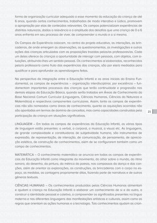 CONSULTA PÚBLICA CONSULTA PÚBLICA CONSULTA PÚBLICA
CONSULTA PÚBLICA CONSULTA PÚBLICA CONSULTA PÚBLICA
CONSULTA PÚBLICA CONSULTA PÚBLICA CONSULTA PÚBLICA
CONSULTA PÚBLICA CONSULTA PÚBLICA CONSULTA PÚBLICA
CONSULTA PÚBLICA CONSULTA PÚBLICA CONSULTA PÚBLICA
CONSULTA PÚBLICA CONSULTA PÚBLICA CONSULTA PÚBLICA
CONSULTA PÚBLICA CONSULTA PÚBLICA CONSULTA PÚBLICA
CONSULTA PÚBLICA CONSULTA PÚBLICA CONSULTA PÚBLICA
CONSULTA PÚBLICA CONSULTA PÚBLICA CONSULTA PÚBLICA
CONSULTA PÚBLICA CONSULTA PÚBLICA CONSULTA PÚBLICA
CONSULTA PÚBLICA CONSULTA PÚBLICA CONSULTA PÚBLICA
CONSULTA PÚBLICA CONSULTA PÚBLICA CONSULTA PÚBLICA
CONSULTA PÚBLICA CONSULTA PÚBLICA CONSULTA PÚBLICA
CONSULTA PÚBLICA CONSULTA PÚBLICA CONSULTA PÚBLICA
CONSULTA PÚBLICA CONSULTA PÚBLICA CONSULTA PÚBLICA
CONSULTA PÚBLICA CONSULTA PÚBLICA CONSULTA PÚBLICA
CONSULTA PÚBLICA CONSULTA PÚBLICA CONSULTA PÚBLICA
CONSULTA PÚBLICA CONSULTA PÚBLICA CONSULTA PÚBLICA
CONSULTA PÚBLICA CONSULTA PÚBLICA CONSULTA PÚBLICA
CONSULTA PÚBLICA CONSULTA PÚBLICA CONSULTA PÚBLICA
CONSULTA PÚBLICA CONSULTA PÚBLICA CONSULTA PÚBLICA
CONSULTA PÚBLICA CONSULTA PÚBLICA CONSULTA PÚBLICA
CONSULTA PÚBLICA CONSULTA PÚBLICA CONSULTA PÚBLICA
CONSULTA PÚBLICA CONSULTA PÚBLICA CONSULTA PÚBLICA
CONSULTA PÚBLICA CONSULTA PÚBLICA CONSULTA PÚBLICA
CONSULTA PÚBLICA CONSULTA PÚBLICA CONSULTA PÚBLICA
CONSULTA PÚBLICA CONSULTA PÚBLICA CONSULTA PÚBLICA
CONSULTA PÚBLICA CONSULTA PÚBLICA CONSULTA PÚBLICA
CONSULTA PÚBLICA CONSULTA PÚBLICA CONSULTA PÚBLICA
CONSULTA PÚBLICA CONSULTA PÚBLICA CONSULTA PÚBLICA
CONSULTA PÚBLICA CONSULTA PÚBLICA CONSULTA PÚBLICA
CONSULTA PÚBLICA CONSULTA PÚBLICA CONSULTA PÚBLICA
CONSULTA PÚBLICA CONSULTA PÚBLICA CONSULTA PÚBLICA
CONSULTA PÚBLICA CONSULTA PÚBLICA CONSULTA PÚBLICA
21
forma de organização curricular adequada a esse momento da educação da criança de até
6 anos, quando certos conhecimentos, trabalhados de modo interativo e lúdico, promovem
a apropriação por elas de conteúdos relevantes. Os campos potencializam experiências de
distintas naturezas, dadas a relevância e a amplitude dos desafios que uma criança de 0 a 6
anos enfrenta em seu processo de viver, de compreender o mundo e a si mesma.
Os Campos de Experiência colocam, no centro do projeto educativo, as interações, as brin-
cadeiras, de onde emergem as observações, os questionamentos, as investigações e outras
ações das crianças articuladas com as proposições trazidas pelos/as professores/as. Cada
um deles oferece às crianças a oportunidade de interagir com pessoas, com objetos, com si-
tuações, atribuindo-lhes um sentido pessoal. Os conhecimentos aí elaborados, reconhecidos
pelo/a professor/a como fruto das experiências das crianças, são por ele/a mediados para
qualificar e para aprofundar as aprendizagens feitas.
Na perspectiva da integração entre a Educação Infantil e os anos iniciais do Ensino Fun-
damental, os campos de experiências – organização interdisciplinar, por excelência – fun-
damentam importantes processos das crianças que terão continuidade e progressão nas
demais etapas da Educação Básica, quando serão tratados em Áreas de Conhecimento da
Base Nacional Comum Curricular (Linguagens, Ciências Humanas, Ciências da Natureza e
Matemática) e respectivos componentes curriculares. Assim, tanto os campos de experiên-
cias não são nomeados como áreas de conhecimento, quanto as aquisições ocorridas não
são apontadas em termos de domínio de conceitos, mas como capacidades construídas pela
participação da criança em situações significativas.
LINGUAGEM – Em todos os campos de experiências da Educação Infantil, os vários tipos
de linguagem estão presentes: a verbal, a corporal, a musical, a visual etc. As linguagens,
de grande complexidade e constituidoras de subjetividade humana, são instrumentos de
expressão, de representação, de interação, de comunicação, de pensamento, de aprecia-
ção estética, de construção de conhecimentos, além de se configurarem também como um
campo de conhecimentos.
MATEMÁTICA – O conhecimento matemático se anuncia em todos os campos de experiên-
cias da Educação Infantil como integrante do movimento, do olhar sobre o mundo, do ritmo
sonoro, do desenho, da pintura, da métrica da poesia, nos compassos da dança e das can-
ções, além de orientar as explorações, as construções, as brincadeiras com o corpo no es-
paço, as medidas, as contagens propriamente ditas, fazendo parte de narrativas e de outros
gêneros textuais.
CIÊNCIAS HUMANAS – Os conhecimentos produzidos pelas Ciências Humanas alimentam
e ajudam a criança na Educação Infantil a elaborar um conhecimento de si e do outro, a
construir a identidade pessoal e coletiva, a compreender os significados presentes na língua
materna e nas diferentes linguagens das manifestações artísticas e culturais, assim como as
regras que orientam as ações humanas e a tecnologia. Tais conhecimentos ajudam as crian-
 