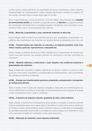 CONSULTA PÚBLICA CONSULTA PÚBLICA CONSULTA PÚBLICA
CONSULTA PÚBLICA CONSULTA PÚBLICA CONSULTA PÚBLICA
CONSULTA PÚBLICA CONSULTA PÚBLICA CONSULTA PÚBLICA
CONSULTA PÚBLICA CONSULTA PÚBLICA CONSULTA PÚBLICA
CONSULTA PÚBLICA CONSULTA PÚBLICA CONSULTA PÚBLICA
CONSULTA PÚBLICA CONSULTA PÚBLICA CONSULTA PÚBLICA
CONSULTA PÚBLICA CONSULTA PÚBLICA CONSULTA PÚBLICA
CONSULTA PÚBLICA CONSULTA PÚBLICA CONSULTA PÚBLICA
CONSULTA PÚBLICA CONSULTA PÚBLICA CONSULTA PÚBLICA
CONSULTA PÚBLICA CONSULTA PÚBLICA CONSULTA PÚBLICA
CONSULTA PÚBLICA CONSULTA PÚBLICA CONSULTA PÚBLICA
CONSULTA PÚBLICA CONSULTA PÚBLICA CONSULTA PÚBLICA
CONSULTA PÚBLICA CONSULTA PÚBLICA CONSULTA PÚBLICA
CONSULTA PÚBLICA CONSULTA PÚBLICA CONSULTA PÚBLICA
CONSULTA PÚBLICA CONSULTA PÚBLICA CONSULTA PÚBLICA
CONSULTA PÚBLICA CONSULTA PÚBLICA CONSULTA PÚBLICA
CONSULTA PÚBLICA CONSULTA PÚBLICA CONSULTA PÚBLICA
CONSULTA PÚBLICA CONSULTA PÚBLICA CONSULTA PÚBLICA
CONSULTA PÚBLICA CONSULTA PÚBLICA CONSULTA PÚBLICA
CONSULTA PÚBLICA CONSULTA PÚBLICA CONSULTA PÚBLICA
CONSULTA PÚBLICA CONSULTA PÚBLICA CONSULTA PÚBLICA
CONSULTA PÚBLICA CONSULTA PÚBLICA CONSULTA PÚBLICA
CONSULTA PÚBLICA CONSULTA PÚBLICA CONSULTA PÚBLICA
CONSULTA PÚBLICA CONSULTA PÚBLICA CONSULTA PÚBLICA
CONSULTA PÚBLICA CONSULTA PÚBLICA CONSULTA PÚBLICA
CONSULTA PÚBLICA CONSULTA PÚBLICA CONSULTA PÚBLICA
CONSULTA PÚBLICA CONSULTA PÚBLICA CONSULTA PÚBLICA
CONSULTA PÚBLICA CONSULTA PÚBLICA CONSULTA PÚBLICA
CONSULTA PÚBLICA CONSULTA PÚBLICA CONSULTA PÚBLICA
CONSULTA PÚBLICA CONSULTA PÚBLICA CONSULTA PÚBLICA
CONSULTA PÚBLICA CONSULTA PÚBLICA CONSULTA PÚBLICA
CONSULTA PÚBLICA CONSULTA PÚBLICA CONSULTA PÚBLICA
CONSULTA PÚBLICA CONSULTA PÚBLICA CONSULTA PÚBLICA
CONSULTA PÚBLICA CONSULTA PÚBLICA CONSULTA PÚBLICA
223
contribui para o desenvolvimento da capacidade de pensar criticamente e tomar decisões
fundamentadas, ao compreenderem certas relações que ficariam invisíveis na ausência do
seu estudo, levando-os/as a ocupar outro lugar no mundo.
Para a organização do currículo de Química, no Ensino Médio, são propostas seis unidades
de conhecimento (UCQ) que remetem aos grandes temas da Química e a algumas práticas
de investigação relevantes para a sociedade brasileira. Na Química, são necessários conhe-
cimentos sobre o uso e as propriedades dos materiais.
UC1Q _ Materiais, propriedades e usos: estudando materiais no dia-a-dia.
Nesta unidade estão incluídos conhecimentos químicos que possibilitam compreender a im-
portância das propriedades dos materiais e as relações dessas propriedades com o seu uso.
UC2Q _ Transformações dos materiais na natureza e no sistema produtivo: como reco-
nhecer reações químicas, representá-las e interpretá-las.
Nesta unidade, os estudos de Química estão voltados para a compreensão de reações quí-
micas, como elas ocorrem, que energia produzem ou consomem e com que velocidade se
processam.
UC3Q – Modelos atômicos e moleculares e suas relações com evidências empíricas e
propriedades dos materiais.
Nesta unidade são estudados modelos explicativos da Química relativos à estrutura mole-
cular que, entre outros, possibilitam a compreensão do comportamento e das propriedades
das substâncias químicas e materiais.
UC4Q _ Energia nas transformações químicas: produzindo, armazenando e transportan-
do energia pelo planeta.
Nesta unidade, o foco é dado aos aspectos energéticos implicados nas transformações quí-
micas, enfatizando os processos de geração, de armazenamento e de transporte de energia
e suas consequências para a vida e o ambiente.
UC5Q _ A Química de sistemas naturais: qualidade de vida e meio ambiente.
Nesta unidade, é dada ênfase à necessidade de se estudar e investigar os sistemas químicos
naturais constituídos pelos rios e lagos, pelo ar atmosférico e pelos solos que se distribuem
por todos os quatro cantos do Brasil. Assim, a Química passa a ser aplicada na investigação
de questões ambientais relacionadas à qualidade de corpos d’água, do ar atmosférico e dos
solos presentes em todos os municípios e áreas rurais brasileiras.
UC6Q _ Obtenção de materiais e seus impactos ambientais.
 