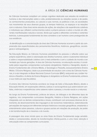 CONSULTA PÚBLICA CONSULTA PÚBLICA CONSULTA PÚBLICA
CONSULTA PÚBLICA CONSULTA PÚBLICA CONSULTA PÚBLICA
CONSULTA PÚBLICA CONSULTA PÚBLICA CONSULTA PÚBLICA
CONSULTA PÚBLICA CONSULTA PÚBLICA CONSULTA PÚBLICA
CONSULTA PÚBLICA CONSULTA PÚBLICA CONSULTA PÚBLICA
CONSULTA PÚBLICA CONSULTA PÚBLICA CONSULTA PÚBLICA
CONSULTA PÚBLICA CONSULTA PÚBLICA CONSULTA PÚBLICA
CONSULTA PÚBLICA CONSULTA PÚBLICA CONSULTA PÚBLICA
CONSULTA PÚBLICA CONSULTA PÚBLICA CONSULTA PÚBLICA
CONSULTA PÚBLICA CONSULTA PÚBLICA CONSULTA PÚBLICA
CONSULTA PÚBLICA CONSULTA PÚBLICA CONSULTA PÚBLICA
CONSULTA PÚBLICA CONSULTA PÚBLICA CONSULTA PÚBLICA
CONSULTA PÚBLICA CONSULTA PÚBLICA CONSULTA PÚBLICA
CONSULTA PÚBLICA CONSULTA PÚBLICA CONSULTA PÚBLICA
CONSULTA PÚBLICA CONSULTA PÚBLICA CONSULTA PÚBLICA
CONSULTA PÚBLICA CONSULTA PÚBLICA CONSULTA PÚBLICA
CONSULTA PÚBLICA CONSULTA PÚBLICA CONSULTA PÚBLICA
CONSULTA PÚBLICA CONSULTA PÚBLICA CONSULTA PÚBLICA
CONSULTA PÚBLICA CONSULTA PÚBLICA CONSULTA PÚBLICA
CONSULTA PÚBLICA CONSULTA PÚBLICA CONSULTA PÚBLICA
CONSULTA PÚBLICA CONSULTA PÚBLICA CONSULTA PÚBLICA
CONSULTA PÚBLICA CONSULTA PÚBLICA CONSULTA PÚBLICA
CONSULTA PÚBLICA CONSULTA PÚBLICA CONSULTA PÚBLICA
CONSULTA PÚBLICA CONSULTA PÚBLICA CONSULTA PÚBLICA
CONSULTA PÚBLICA CONSULTA PÚBLICA CONSULTA PÚBLICA
CONSULTA PÚBLICA CONSULTA PÚBLICA CONSULTA PÚBLICA
CONSULTA PÚBLICA CONSULTA PÚBLICA CONSULTA PÚBLICA
CONSULTA PÚBLICA CONSULTA PÚBLICA CONSULTA PÚBLICA
CONSULTA PÚBLICA CONSULTA PÚBLICA CONSULTA PÚBLICA
CONSULTA PÚBLICA CONSULTA PÚBLICA CONSULTA PÚBLICA
CONSULTA PÚBLICA CONSULTA PÚBLICA CONSULTA PÚBLICA
CONSULTA PÚBLICA CONSULTA PÚBLICA CONSULTA PÚBLICA
CONSULTA PÚBLICA CONSULTA PÚBLICA CONSULTA PÚBLICA
CONSULTA PÚBLICA CONSULTA PÚBLICA CONSULTA PÚBLICA
236
A ÁREA DE CIÊNCIAS HUMANAS
As Ciências Humanas compõem um campo cognitivo dedicado aos estudos da existência
humana e das intervenções sobre a vida, problematizando as relações sociais e de poder,
os conhecimentos produzidos, as culturas e suas normas, as políticas e leis, as sociedades
nos movimentos de seus diversos grupos, os tempos históricos, os espaços e as relações
com a natureza. Essa área reúne estudos de ações, de relações e de experiências coletivas
e individuais que refletem conhecimentos sobre a própria pessoa e sobre o mundo em dife-
rentes manifestações naturais e sociais. Ainda que sujeita a diferentes correntes e vertentes
teóricas, o pressuposto fundamental da área considera o ser humano como protagonista de
sua existência.
A identificação e a caracterização da área das Ciências Humanas ocorrem a partir da com-
preensão das especificidades dos pensamentos filosóficos, históricos, geográficos, socioló-
gicos e antropológicos.
Na Educação Básica, as Ciências Humanas possibilitam às pessoas a reflexão sobre sua
própria experiência, sobre a valorização dos direitos humanos, sobre a autonomia individual
e sobre a responsabilidade coletiva com o meio ambiente e com o cuidado do mundo a ser
herdado por futuras gerações. A área de Ciências Humanas, na educação escolar, é consti-
tuída pelos seguintes componentes curriculares obrigatórios: História e Geografia, desde o
Ensino Fundamental até o Ensino Médio, e Sociologia e Filosofia, exclusivamenteno Ensino
Médio. O Ensino Religioso, dada sua proximidade de estudos com a área de Ciências Huma-
nas, é a ela integrado na Base Nacional Comum Curricular (BNC), realçando seu caráter his-
tórico e filosófico. A oferta do Ensino Religioso é obrigatória no Ensino Fundamental, embora
a sua matrícula seja facultativa.
O ensino das Ciências Humanas acontece ao longo de toda a Educação Básica, desde a
Educação Infantil, em explorações afetivas, lúdicas e sociocognitivas que potencializam sen-
tidos, vivências e experiências como saberes sobre a pessoa, o mundo social e a natureza.
Ao longo do Ensino Fundamental, práticas de leitura, de diálogos e de diferentes tipos de
registros, nos componentes curriculares Geografia, História e Ensino Religioso, em ações
integradas com os demais componentes e áreas, contribuem com processos diversos de le-
tramento, de desenvolvimento das linguagens e de raciocínios matemáticos, sistematizando
percepções de espaços em diferentes tempos históricos e escalas geográficas, ampliando o
entendimento sobre pessoas, culturas e grupos sociais em relações de produção, de poder
e de transformação de si mesmas e do mundo.
A passagem dos anos iniciais para os anos finais do Ensino Fundamental exige sensibili-
dades e compreensões, devido às transformações infanto-juvenis, e uma maior atenção à
articulação entre os componentes curriculares.
 