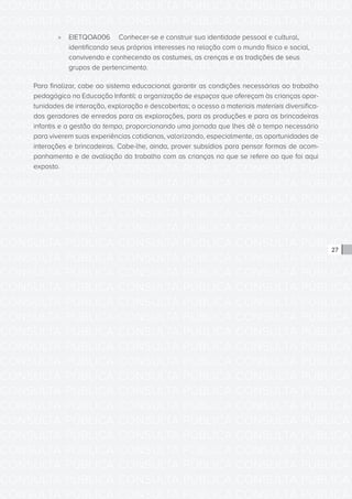 CONSULTA PÚBLICA CONSULTA PÚBLICA CONSULTA PÚBLICA
CONSULTA PÚBLICA CONSULTA PÚBLICA CONSULTA PÚBLICA
CONSULTA PÚBLICA CONSULTA PÚBLICA CONSULTA PÚBLICA
CONSULTA PÚBLICA CONSULTA PÚBLICA CONSULTA PÚBLICA
CONSULTA PÚBLICA CONSULTA PÚBLICA CONSULTA PÚBLICA
CONSULTA PÚBLICA CONSULTA PÚBLICA CONSULTA PÚBLICA
CONSULTA PÚBLICA CONSULTA PÚBLICA CONSULTA PÚBLICA
CONSULTA PÚBLICA CONSULTA PÚBLICA CONSULTA PÚBLICA
CONSULTA PÚBLICA CONSULTA PÚBLICA CONSULTA PÚBLICA
CONSULTA PÚBLICA CONSULTA PÚBLICA CONSULTA PÚBLICA
CONSULTA PÚBLICA CONSULTA PÚBLICA CONSULTA PÚBLICA
CONSULTA PÚBLICA CONSULTA PÚBLICA CONSULTA PÚBLICA
CONSULTA PÚBLICA CONSULTA PÚBLICA CONSULTA PÚBLICA
CONSULTA PÚBLICA CONSULTA PÚBLICA CONSULTA PÚBLICA
CONSULTA PÚBLICA CONSULTA PÚBLICA CONSULTA PÚBLICA
CONSULTA PÚBLICA CONSULTA PÚBLICA CONSULTA PÚBLICA
CONSULTA PÚBLICA CONSULTA PÚBLICA CONSULTA PÚBLICA
CONSULTA PÚBLICA CONSULTA PÚBLICA CONSULTA PÚBLICA
CONSULTA PÚBLICA CONSULTA PÚBLICA CONSULTA PÚBLICA
CONSULTA PÚBLICA CONSULTA PÚBLICA CONSULTA PÚBLICA
CONSULTA PÚBLICA CONSULTA PÚBLICA CONSULTA PÚBLICA
CONSULTA PÚBLICA CONSULTA PÚBLICA CONSULTA PÚBLICA
CONSULTA PÚBLICA CONSULTA PÚBLICA CONSULTA PÚBLICA
CONSULTA PÚBLICA CONSULTA PÚBLICA CONSULTA PÚBLICA
CONSULTA PÚBLICA CONSULTA PÚBLICA CONSULTA PÚBLICA
CONSULTA PÚBLICA CONSULTA PÚBLICA CONSULTA PÚBLICA
CONSULTA PÚBLICA CONSULTA PÚBLICA CONSULTA PÚBLICA
CONSULTA PÚBLICA CONSULTA PÚBLICA CONSULTA PÚBLICA
CONSULTA PÚBLICA CONSULTA PÚBLICA CONSULTA PÚBLICA
CONSULTA PÚBLICA CONSULTA PÚBLICA CONSULTA PÚBLICA
CONSULTA PÚBLICA CONSULTA PÚBLICA CONSULTA PÚBLICA
CONSULTA PÚBLICA CONSULTA PÚBLICA CONSULTA PÚBLICA
CONSULTA PÚBLICA CONSULTA PÚBLICA CONSULTA PÚBLICA
CONSULTA PÚBLICA CONSULTA PÚBLICA CONSULTA PÚBLICA
27
»» EIETQOA006	 Conhecer-se e construir sua identidade pessoal e cultural,
identificando seus próprios interesses na relação com o mundo físico e social,
convivendo e conhecendo os costumes, as crenças e as tradições de seus
grupos de pertencimento.
Para finalizar, cabe ao sistema educacional garantir as condições necessárias ao trabalho
pedagógico na Educação Infantil: a organização de espaços que ofereçam às crianças opor-
tunidades de interação, exploração e descobertas; o acesso a materiais materiais diversifica-
dos geradores de enredos para as explorações, para as produções e para as brincadeiras
infantis e a gestão do tempo, proporcionando uma jornada que lhes dê o tempo necessário
para viverem suas experiências cotidianas, valorizando, especialmente, as oportunidades de
interações e brincadeiras. Cabe-lhe, ainda, prover subsídios para pensar formas de acom-
panhamento e de avaliação do trabalho com as crianças no que se refere ao que foi aqui
exposto.
 