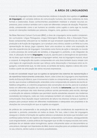 CONSULTA PÚBLICA CONSULTA PÚBLICA CONSULTA PÚBLICA
CONSULTA PÚBLICA CONSULTA PÚBLICA CONSULTA PÚBLICA
CONSULTA PÚBLICA CONSULTA PÚBLICA CONSULTA PÚBLICA
CONSULTA PÚBLICA CONSULTA PÚBLICA CONSULTA PÚBLICA
CONSULTA PÚBLICA CONSULTA PÚBLICA CONSULTA PÚBLICA
CONSULTA PÚBLICA CONSULTA PÚBLICA CONSULTA PÚBLICA
CONSULTA PÚBLICA CONSULTA PÚBLICA CONSULTA PÚBLICA
CONSULTA PÚBLICA CONSULTA PÚBLICA CONSULTA PÚBLICA
CONSULTA PÚBLICA CONSULTA PÚBLICA CONSULTA PÚBLICA
CONSULTA PÚBLICA CONSULTA PÚBLICA CONSULTA PÚBLICA
CONSULTA PÚBLICA CONSULTA PÚBLICA CONSULTA PÚBLICA
CONSULTA PÚBLICA CONSULTA PÚBLICA CONSULTA PÚBLICA
CONSULTA PÚBLICA CONSULTA PÚBLICA CONSULTA PÚBLICA
CONSULTA PÚBLICA CONSULTA PÚBLICA CONSULTA PÚBLICA
CONSULTA PÚBLICA CONSULTA PÚBLICA CONSULTA PÚBLICA
CONSULTA PÚBLICA CONSULTA PÚBLICA CONSULTA PÚBLICA
CONSULTA PÚBLICA CONSULTA PÚBLICA CONSULTA PÚBLICA
CONSULTA PÚBLICA CONSULTA PÚBLICA CONSULTA PÚBLICA
CONSULTA PÚBLICA CONSULTA PÚBLICA CONSULTA PÚBLICA
CONSULTA PÚBLICA CONSULTA PÚBLICA CONSULTA PÚBLICA
CONSULTA PÚBLICA CONSULTA PÚBLICA CONSULTA PÚBLICA
CONSULTA PÚBLICA CONSULTA PÚBLICA CONSULTA PÚBLICA
CONSULTA PÚBLICA CONSULTA PÚBLICA CONSULTA PÚBLICA
CONSULTA PÚBLICA CONSULTA PÚBLICA CONSULTA PÚBLICA
CONSULTA PÚBLICA CONSULTA PÚBLICA CONSULTA PÚBLICA
CONSULTA PÚBLICA CONSULTA PÚBLICA CONSULTA PÚBLICA
CONSULTA PÚBLICA CONSULTA PÚBLICA CONSULTA PÚBLICA
CONSULTA PÚBLICA CONSULTA PÚBLICA CONSULTA PÚBLICA
CONSULTA PÚBLICA CONSULTA PÚBLICA CONSULTA PÚBLICA
CONSULTA PÚBLICA CONSULTA PÚBLICA CONSULTA PÚBLICA
CONSULTA PÚBLICA CONSULTA PÚBLICA CONSULTA PÚBLICA
CONSULTA PÚBLICA CONSULTA PÚBLICA CONSULTA PÚBLICA
CONSULTA PÚBLICA CONSULTA PÚBLICA CONSULTA PÚBLICA
CONSULTA PÚBLICA CONSULTA PÚBLICA CONSULTA PÚBLICA
29
A ÁREA DE LINGUAGENS
A área de Linguagens trata dos conhecimentos relativos à atuação dos sujeitos em práticas
de linguagem, em variadas esferas da comunicação humana, das mais cotidianas às mais
formais e elaboradas. Esses conhecimentos possibilitam mobilizar e ampliar recursos ex-
pressivos, para construir sentidos com o outro em diferentes campos de atuação. Propiciam,
ainda, compreender como o ser humano se constitui como sujeito e como age no mundo
social em interações mediadas por palavras, imagens, sons, gestos e movimentos.
Na Base Nacional Comum Curricular (BNC), a área de Linguagens reúne quatro componen-
tes curriculares: Língua Portuguesa, Língua Estrangeira Moderna, Arte e Educação Física.
Esses componentes articulam-se na medida em que envolvem experiências de criação, de
produção e de fruição de linguagens. Ler e produzir uma crônica, assistir a um filme ou a uma
apresentação de dança, jogar capoeira, fazer uma escultura ou visitar uma exposição de
arte são experiências de linguagem. Concebida como forma de ação e interação no mundo
e como processo de construção de sentidos, a linguagem é, portanto, o elo integrador da
área. A utilização do termo linguagens, no plural, aponta para a abrangência do aprendiza-
do na área, que recobre não apenas a linguagem verbal, mas as linguagens musical, visual
e corporal. A integração dos quatro componentes em uma área também busca romper com
uma lógica de organização escolar que reforça certa dissociação e hierarquia entre as lin-
guagens, considerando que, na vida social, os sentidos de textos, objetos e obras são cons-
truídos a partir da articulação de vários recursos expressivos.
A vida em sociedade requer que os sujeitos se apropriem dos sistemas de representação e
de repertórios historicamente construídos. Assim, cabe à área de Linguagens uma importante
tarefa da Educação Básica, que é transversal a todos os componentes: garantir o domínio da
escrita, que envolve a alfabetização, entendida como compreensão do sistema de escrita al-
fabético-ortográfico, e o domínio progressivo das convenções da escrita, para ler e produzir
textos em diferentes situações de comunicação. A tarefa do letramento, que diz respeito à
condição de participar das mais diversas práticas sociais permeadas pela escrita, abrange
a construção de saberes múltiplos que permitam aos/às estudantes atuarem nas modernas
sociedades tecnológicas, cada vez mais complexas também em relação às suas formas de
comunicação. Essa atuação requer autonomia de leitura nos diversos campos e suportes e
preparo para produzir textos em diferentes modalidades e adequados aos propósitos e às
situações de comunicação em que os sujeitos se engajam.
As práticas de compreensão e de produção de texto são constitutivas da experiência de
aprender e, portanto, presentes em todas as áreas. Por isso, cabe à área de Linguagens
assegurar o direito à formação de sujeitos leitores e produtores de textos que transitem com
confiança pelas formas de registro dos diversos componentes curriculares, salvaguardando
suas singularidades, e pelas práticas de linguagem que se dão no espaço escolar, tais como:
participar de um debate sobre transgênicos, opinar criticamente sobre um documentário ou
uma pintura, interagir com hipertextos da Web, buscar soluções para um problema ambiental
no seu entorno, dentre outras e inúmeras possibilidades.
 