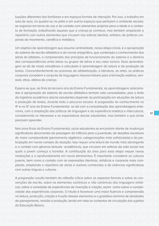 CONSULTA PÚBLICA CONSULTA PÚBLICA CONSULTA PÚBLICA
CONSULTA PÚBLICA CONSULTA PÚBLICA CONSULTA PÚBLICA
CONSULTA PÚBLICA CONSULTA PÚBLICA CONSULTA PÚBLICA
CONSULTA PÚBLICA CONSULTA PÚBLICA CONSULTA PÚBLICA
CONSULTA PÚBLICA CONSULTA PÚBLICA CONSULTA PÚBLICA
CONSULTA PÚBLICA CONSULTA PÚBLICA CONSULTA PÚBLICA
CONSULTA PÚBLICA CONSULTA PÚBLICA CONSULTA PÚBLICA
CONSULTA PÚBLICA CONSULTA PÚBLICA CONSULTA PÚBLICA
CONSULTA PÚBLICA CONSULTA PÚBLICA CONSULTA PÚBLICA
CONSULTA PÚBLICA CONSULTA PÚBLICA CONSULTA PÚBLICA
CONSULTA PÚBLICA CONSULTA PÚBLICA CONSULTA PÚBLICA
CONSULTA PÚBLICA CONSULTA PÚBLICA CONSULTA PÚBLICA
CONSULTA PÚBLICA CONSULTA PÚBLICA CONSULTA PÚBLICA
CONSULTA PÚBLICA CONSULTA PÚBLICA CONSULTA PÚBLICA
CONSULTA PÚBLICA CONSULTA PÚBLICA CONSULTA PÚBLICA
CONSULTA PÚBLICA CONSULTA PÚBLICA CONSULTA PÚBLICA
CONSULTA PÚBLICA CONSULTA PÚBLICA CONSULTA PÚBLICA
CONSULTA PÚBLICA CONSULTA PÚBLICA CONSULTA PÚBLICA
CONSULTA PÚBLICA CONSULTA PÚBLICA CONSULTA PÚBLICA
CONSULTA PÚBLICA CONSULTA PÚBLICA CONSULTA PÚBLICA
CONSULTA PÚBLICA CONSULTA PÚBLICA CONSULTA PÚBLICA
CONSULTA PÚBLICA CONSULTA PÚBLICA CONSULTA PÚBLICA
CONSULTA PÚBLICA CONSULTA PÚBLICA CONSULTA PÚBLICA
CONSULTA PÚBLICA CONSULTA PÚBLICA CONSULTA PÚBLICA
CONSULTA PÚBLICA CONSULTA PÚBLICA CONSULTA PÚBLICA
CONSULTA PÚBLICA CONSULTA PÚBLICA CONSULTA PÚBLICA
CONSULTA PÚBLICA CONSULTA PÚBLICA CONSULTA PÚBLICA
CONSULTA PÚBLICA CONSULTA PÚBLICA CONSULTA PÚBLICA
CONSULTA PÚBLICA CONSULTA PÚBLICA CONSULTA PÚBLICA
CONSULTA PÚBLICA CONSULTA PÚBLICA CONSULTA PÚBLICA
CONSULTA PÚBLICA CONSULTA PÚBLICA CONSULTA PÚBLICA
CONSULTA PÚBLICA CONSULTA PÚBLICA CONSULTA PÚBLICA
CONSULTA PÚBLICA CONSULTA PÚBLICA CONSULTA PÚBLICA
CONSULTA PÚBLICA CONSULTA PÚBLICA CONSULTA PÚBLICA
32
tuações diferentes das familiares e em espaços formais de interação. Por isso, o trabalho em
sala de aula, na quadra ou no pátio e em outros espaços que perfazem o ambiente escolar,
se organiza em torno do uso e do contato com elementos próprios para a idade e o contex-
to de formação, trabalhando aqueles que a criança já conhece, mas também ampliando o
repertório com outros elementos que circulam nas esferas literária, artística, de práticas cor-
porais de movimento, científica e midiática.
Um objetivo de aprendizagem que assume centralidade, nessa etapa inicial, é a apropriação
do sistema de escrita alfabética e da norma ortográfica, que contempla o conhecimento das
letras do alfabeto, a compreensão dos princípios de funcionamento do sistema e o domínio
das correspondências entre letras ou grupos de letras e seu valor sonoro. Essa aprendiza-
gem se dá de modo simultâneo e articulado à aprendizagem da leitura e da produção de
textos. Concomitantemente ao processo de alfabetização, a literatura, as artes, as práticas
corporais compõem o conjunto de linguagens imprescindíveis para a formação estética, sen-
sível, ética, afetiva da criança.
Espera-se que, ao final do terceiro ano do Ensino Fundamental, as aprendizagens relaciona-
das à apropriação do sistema de escrita alfabética tenham sido consolidadas, pois o êxito
da trajetória acadêmica dos/as estudantes depende da participação em situações de leitura
e produção de textos, durante todo o percurso escolar. A progressão do conhecimento no
4º e no 5º ano do Ensino Fundamental se dá com a consolidação das aprendizagens ante-
riores, com a ampliação das práticas de linguagem e da experiência estética e intercultural,
considerando os interesses e as expectativas dos/as estudantes, mas também o que ainda
precisam aprender.
Nos anos finais do Ensino Fundamental, os/as estudantes se encontram diante de mudanças
significativas decorrentes da passagem da infância para a juventude, de desafios escolares
de maior complexidade (pensamento algébrico, categorizações mais sofisticadas) e da par-
ticipação em novos campos de atuação. Isso requer uma leitura de mundo mais abrangente
e o contato com gêneros textuais acadêmicos, que circulam em esferas da vida social nas
quais o jovem começa a transitar. A contribuição da área para essa etapa requer novas
mediações e o aprofundamento em novos letramentos. É importante considerar as culturas
juvenis, bem como o contato com as expressões literárias, artísticas e corporais mais com-
plexas, ampliando o repertório de obras e autores conhecidos e de vivências significativas
com outras línguas e culturas.
A progressão resulta também da reflexão crítica sobre os aspectos formais e sobre as con-
venções da escrita, sobre os elementos canônicos e não canônicos das linguagens artísti-
cas, sobre a variedade de experiências de invenção e criação, assim como sobre a comple-
xidade das experiências corporais. O intuito é favorecer uma maior fluência e compreensão
na leitura, produção, criação e fruição desses elementos e o gradativo domínio de atividades
de planejamento, revisão e produção, tendo em vista os contextos de circulação dos sujeitos
da Educação Básica.
 