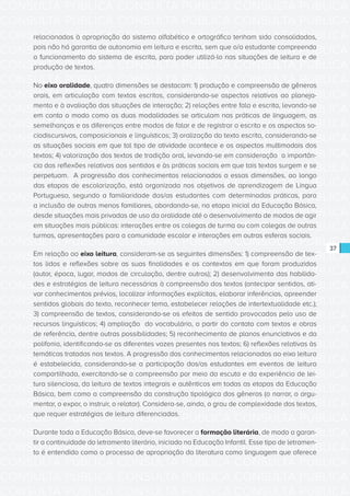 CONSULTA PÚBLICA CONSULTA PÚBLICA CONSULTA PÚBLICA
CONSULTA PÚBLICA CONSULTA PÚBLICA CONSULTA PÚBLICA
CONSULTA PÚBLICA CONSULTA PÚBLICA CONSULTA PÚBLICA
CONSULTA PÚBLICA CONSULTA PÚBLICA CONSULTA PÚBLICA
CONSULTA PÚBLICA CONSULTA PÚBLICA CONSULTA PÚBLICA
CONSULTA PÚBLICA CONSULTA PÚBLICA CONSULTA PÚBLICA
CONSULTA PÚBLICA CONSULTA PÚBLICA CONSULTA PÚBLICA
CONSULTA PÚBLICA CONSULTA PÚBLICA CONSULTA PÚBLICA
CONSULTA PÚBLICA CONSULTA PÚBLICA CONSULTA PÚBLICA
CONSULTA PÚBLICA CONSULTA PÚBLICA CONSULTA PÚBLICA
CONSULTA PÚBLICA CONSULTA PÚBLICA CONSULTA PÚBLICA
CONSULTA PÚBLICA CONSULTA PÚBLICA CONSULTA PÚBLICA
CONSULTA PÚBLICA CONSULTA PÚBLICA CONSULTA PÚBLICA
CONSULTA PÚBLICA CONSULTA PÚBLICA CONSULTA PÚBLICA
CONSULTA PÚBLICA CONSULTA PÚBLICA CONSULTA PÚBLICA
CONSULTA PÚBLICA CONSULTA PÚBLICA CONSULTA PÚBLICA
CONSULTA PÚBLICA CONSULTA PÚBLICA CONSULTA PÚBLICA
CONSULTA PÚBLICA CONSULTA PÚBLICA CONSULTA PÚBLICA
CONSULTA PÚBLICA CONSULTA PÚBLICA CONSULTA PÚBLICA
CONSULTA PÚBLICA CONSULTA PÚBLICA CONSULTA PÚBLICA
CONSULTA PÚBLICA CONSULTA PÚBLICA CONSULTA PÚBLICA
CONSULTA PÚBLICA CONSULTA PÚBLICA CONSULTA PÚBLICA
CONSULTA PÚBLICA CONSULTA PÚBLICA CONSULTA PÚBLICA
CONSULTA PÚBLICA CONSULTA PÚBLICA CONSULTA PÚBLICA
CONSULTA PÚBLICA CONSULTA PÚBLICA CONSULTA PÚBLICA
CONSULTA PÚBLICA CONSULTA PÚBLICA CONSULTA PÚBLICA
CONSULTA PÚBLICA CONSULTA PÚBLICA CONSULTA PÚBLICA
CONSULTA PÚBLICA CONSULTA PÚBLICA CONSULTA PÚBLICA
CONSULTA PÚBLICA CONSULTA PÚBLICA CONSULTA PÚBLICA
CONSULTA PÚBLICA CONSULTA PÚBLICA CONSULTA PÚBLICA
CONSULTA PÚBLICA CONSULTA PÚBLICA CONSULTA PÚBLICA
CONSULTA PÚBLICA CONSULTA PÚBLICA CONSULTA PÚBLICA
CONSULTA PÚBLICA CONSULTA PÚBLICA CONSULTA PÚBLICA
CONSULTA PÚBLICA CONSULTA PÚBLICA CONSULTA PÚBLICA
37
relacionados à apropriação do sistema alfabético e ortográfico tenham sido consolidados,
pois não há garantia de autonomia em leitura e escrita, sem que o/a estudante compreenda
o funcionamento do sistema de escrita, para poder utilizá-lo nas situações de leitura e de
produção de textos.
No eixo oralidade, quatro dimensões se destacam: 1) produção e compreensão de gêneros
orais, em articulação com textos escritos, considerando-se aspectos relativos ao planeja-
mento e à avaliação das situações de interação; 2) relações entre fala e escrita, levando-se
em conta o modo como as duas modalidades se articulam nas práticas de linguagem, as
semelhanças e as diferenças entre modos de falar e de registrar o escrito e os aspectos so-
ciodiscursivos, composicionais e linguísticos; 3) oralização do texto escrito, considerando-se
as situações sociais em que tal tipo de atividade acontece e os aspectos multimodais dos
textos; 4) valorização dos textos de tradição oral, levando-se em consideração a importân-
cia das reflexões relativas aos sentidos e às práticas sociais em que tais textos surgem e se
perpetuam. A progressão dos conhecimentos relacionados a essas dimensões, ao longo
das etapas de escolarização, está organizada nos objetivos de aprendizagem de Língua
Portuguesa, segundo a familiaridade dos/as estudantes com determinadas práticas, para
a inclusão de outras menos familiares, abordando-se, na etapa inicial da Educação Básica,
desde situações mais privadas de uso da oralidade até o desenvolvimento de modos de agir
em situações mais públicas: interações entre os colegas de turma ou com colegas de outras
turmas, apresentações para a comunidade escolar e interações em outras esferas sociais.
Em relação ao eixo leitura, consideram-se as seguintes dimensões: 1) compreensão de tex-
tos lidos e reflexões sobre as suas finalidades e os contextos em que foram produzidos
(autor, época, lugar, modos de circulação, dentre outros); 2) desenvolvimento das habilida-
des e estratégias de leitura necessárias à compreensão dos textos (antecipar sentidos, ati-
var conhecimentos prévios, localizar informações explícitas, elaborar inferências, apreender
sentidos globais do texto, reconhecer tema, estabelecer relações de intertextualidade etc.);
3) compreensão de textos, considerando-se os efeitos de sentido provocados pelo uso de
recursos linguísticos; 4) ampliação do vocabulário, a partir do contato com textos e obras
de referência, dentre outras possibilidades; 5) reconhecimento de planos enunciativos e da
polifonia, identificando-se as diferentes vozes presentes nos textos; 6) reflexões relativas às
temáticas tratadas nos textos. A progressão dos conhecimentos relacionados ao eixo leitura
é estabelecida, considerando-se a participação dos/as estudantes em eventos de leitura
compartilhada, exercitando-se a compreensão por meio da escuta e da experiência de lei-
tura silenciosa, da leitura de textos integrais e autênticos em todas as etapas da Educação
Básica, bem como a compreensão da construção tipológica dos gêneros (o narrar, o argu-
mentar, o expor, o instruir, o relatar). Considera-se, ainda, o grau de complexidade dos textos,
que requer estratégias de leitura diferenciadas.
Durante toda a Educação Básica, deve-se favorecer a formação literária, de modo a garan-
tir a continuidade do letramento literário, iniciado na Educação Infantil. Esse tipo de letramen-
to é entendido como o processo de apropriação da literatura como linguagem que oferece
 