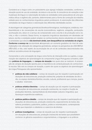CONSULTA PÚBLICA CONSULTA PÚBLICA CONSULTA PÚBLICA
CONSULTA PÚBLICA CONSULTA PÚBLICA CONSULTA PÚBLICA
CONSULTA PÚBLICA CONSULTA PÚBLICA CONSULTA PÚBLICA
CONSULTA PÚBLICA CONSULTA PÚBLICA CONSULTA PÚBLICA
CONSULTA PÚBLICA CONSULTA PÚBLICA CONSULTA PÚBLICA
CONSULTA PÚBLICA CONSULTA PÚBLICA CONSULTA PÚBLICA
CONSULTA PÚBLICA CONSULTA PÚBLICA CONSULTA PÚBLICA
CONSULTA PÚBLICA CONSULTA PÚBLICA CONSULTA PÚBLICA
CONSULTA PÚBLICA CONSULTA PÚBLICA CONSULTA PÚBLICA
CONSULTA PÚBLICA CONSULTA PÚBLICA CONSULTA PÚBLICA
CONSULTA PÚBLICA CONSULTA PÚBLICA CONSULTA PÚBLICA
CONSULTA PÚBLICA CONSULTA PÚBLICA CONSULTA PÚBLICA
CONSULTA PÚBLICA CONSULTA PÚBLICA CONSULTA PÚBLICA
CONSULTA PÚBLICA CONSULTA PÚBLICA CONSULTA PÚBLICA
CONSULTA PÚBLICA CONSULTA PÚBLICA CONSULTA PÚBLICA
CONSULTA PÚBLICA CONSULTA PÚBLICA CONSULTA PÚBLICA
CONSULTA PÚBLICA CONSULTA PÚBLICA CONSULTA PÚBLICA
CONSULTA PÚBLICA CONSULTA PÚBLICA CONSULTA PÚBLICA
CONSULTA PÚBLICA CONSULTA PÚBLICA CONSULTA PÚBLICA
CONSULTA PÚBLICA CONSULTA PÚBLICA CONSULTA PÚBLICA
CONSULTA PÚBLICA CONSULTA PÚBLICA CONSULTA PÚBLICA
CONSULTA PÚBLICA CONSULTA PÚBLICA CONSULTA PÚBLICA
CONSULTA PÚBLICA CONSULTA PÚBLICA CONSULTA PÚBLICA
CONSULTA PÚBLICA CONSULTA PÚBLICA CONSULTA PÚBLICA
CONSULTA PÚBLICA CONSULTA PÚBLICA CONSULTA PÚBLICA
CONSULTA PÚBLICA CONSULTA PÚBLICA CONSULTA PÚBLICA
CONSULTA PÚBLICA CONSULTA PÚBLICA CONSULTA PÚBLICA
CONSULTA PÚBLICA CONSULTA PÚBLICA CONSULTA PÚBLICA
CONSULTA PÚBLICA CONSULTA PÚBLICA CONSULTA PÚBLICA
CONSULTA PÚBLICA CONSULTA PÚBLICA CONSULTA PÚBLICA
CONSULTA PÚBLICA CONSULTA PÚBLICA CONSULTA PÚBLICA
CONSULTA PÚBLICA CONSULTA PÚBLICA CONSULTA PÚBLICA
CONSULTA PÚBLICA CONSULTA PÚBLICA CONSULTA PÚBLICA
CONSULTA PÚBLICA CONSULTA PÚBLICA CONSULTA PÚBLICA
39
Considera-se a língua como um polissistema que agrega múltiplas variedades, conforme a
situação social de uso da oralidade, da leitura e da escrita. A consciência da variação e das
mudanças da língua e a valorização de todas as variedades como possuidoras de uma gra-
mática eficaz e legítima são, portanto, determinantes para a forma de condução do trabalho
voltado para os conhecimentos linguísticos pelo/a professor/a. A valorização das diferentes
variedades da língua implica a valorização das diferentes identidades sociais.
A abordagem de categorias gramaticais (fonéticas/fonológicas, morfológicas, sintáticas, mor-
fossintáticas) e de convenções da escrita (concordância, regência, ortografia, pontuação,
acentuação etc.) deve vir a serviço da compreensão oral e escrita e da produção oral e es-
crita, e não o contrário. Dessa forma, os aspectos linguísticos abordados em atividades de
leitura, escrita e oralidade podem ampliar os conhecimentos dos/as estudantes em relação
a variedades que eles/as não dominam ainda, sem desqualificar as variedades de origem.
Conforme o avanço na escolaridade, é esperado um aumento gradativo do nível de siste-
matização e de utilização de categorias gramaticais, sempre na perspectiva do USO-REFLE-
XÃO-USO, e não, vale repetir, da acumulação de um rol de conteúdos desconectados das
práticas sociodiscursivas da linguagem.
Consonante a uma concepção de língua como forma de interação entre os sujeitos, a orga-
nização dos objetivos de aprendizagem do componente Língua Portuguesa considera, além
das práticas de linguagem, os campos de atuação nos quais elas se realizam. A proposi-
ção de campos de atuação aponta para a importância da contextualização do conhecimen-
to escolar. São seis os campos de atuação, a partir dos quais os objetivos de aprendizagem
de Língua Portuguesa são apresentados:
ƒƒ práticas da vida cotidiana – campo de atuação que diz respeito à participação em
situações de leitura/escuta, produção oral/escrita, próprias de atividades do dia a
dia, no espaço doméstico/familiar, escolar, cultural, profissional que crianças, jovens
e adultos vivenciam;
ƒƒ práticas artístico-literárias – campo de atuação que diz respeito à participação
em situações de leitura/escuta, produção oral/escrita, na criação e fruição de
produções literárias, representativas da diversidade cultural e linguística, que
favoreçam experiências estéticas;
ƒƒ práticas político-cidadãs – campo de atuação que diz respeito à participação em
situações de leitura/escuta, produção oral/escrita, especialmente de textos das
esferas jornalística, publicitária, política, jurídica e reivindicatória, contemplando
temas que impactam a cidadania e o exercício de direitos;
ƒƒ práticas investigativas – campo de atuação que diz respeito à participação
em situações de leitura/escuta, produção oral/escrita de textos que possibilitem
conhecer os gêneros expositivos e argumentativos, a linguagem e as práticas
 