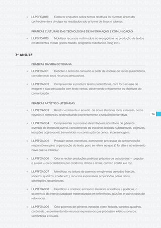 CONSULTA PÚBLICA CONSULTA PÚBLICA CONSULTA PÚBLICA
CONSULTA PÚBLICA CONSULTA PÚBLICA CONSULTA PÚBLICA
CONSULTA PÚBLICA CONSULTA PÚBLICA CONSULTA PÚBLICA
CONSULTA PÚBLICA CONSULTA PÚBLICA CONSULTA PÚBLICA
CONSULTA PÚBLICA CONSULTA PÚBLICA CONSULTA PÚBLICA
CONSULTA PÚBLICA CONSULTA PÚBLICA CONSULTA PÚBLICA
CONSULTA PÚBLICA CONSULTA PÚBLICA CONSULTA PÚBLICA
CONSULTA PÚBLICA CONSULTA PÚBLICA CONSULTA PÚBLICA
CONSULTA PÚBLICA CONSULTA PÚBLICA CONSULTA PÚBLICA
CONSULTA PÚBLICA CONSULTA PÚBLICA CONSULTA PÚBLICA
CONSULTA PÚBLICA CONSULTA PÚBLICA CONSULTA PÚBLICA
CONSULTA PÚBLICA CONSULTA PÚBLICA CONSULTA PÚBLICA
CONSULTA PÚBLICA CONSULTA PÚBLICA CONSULTA PÚBLICA
CONSULTA PÚBLICA CONSULTA PÚBLICA CONSULTA PÚBLICA
CONSULTA PÚBLICA CONSULTA PÚBLICA CONSULTA PÚBLICA
CONSULTA PÚBLICA CONSULTA PÚBLICA CONSULTA PÚBLICA
CONSULTA PÚBLICA CONSULTA PÚBLICA CONSULTA PÚBLICA
CONSULTA PÚBLICA CONSULTA PÚBLICA CONSULTA PÚBLICA
CONSULTA PÚBLICA CONSULTA PÚBLICA CONSULTA PÚBLICA
CONSULTA PÚBLICA CONSULTA PÚBLICA CONSULTA PÚBLICA
CONSULTA PÚBLICA CONSULTA PÚBLICA CONSULTA PÚBLICA
CONSULTA PÚBLICA CONSULTA PÚBLICA CONSULTA PÚBLICA
CONSULTA PÚBLICA CONSULTA PÚBLICA CONSULTA PÚBLICA
CONSULTA PÚBLICA CONSULTA PÚBLICA CONSULTA PÚBLICA
CONSULTA PÚBLICA CONSULTA PÚBLICA CONSULTA PÚBLICA
CONSULTA PÚBLICA CONSULTA PÚBLICA CONSULTA PÚBLICA
CONSULTA PÚBLICA CONSULTA PÚBLICA CONSULTA PÚBLICA
CONSULTA PÚBLICA CONSULTA PÚBLICA CONSULTA PÚBLICA
CONSULTA PÚBLICA CONSULTA PÚBLICA CONSULTA PÚBLICA
CONSULTA PÚBLICA CONSULTA PÚBLICA CONSULTA PÚBLICA
CONSULTA PÚBLICA CONSULTA PÚBLICA CONSULTA PÚBLICA
CONSULTA PÚBLICA CONSULTA PÚBLICA CONSULTA PÚBLICA
CONSULTA PÚBLICA CONSULTA PÚBLICA CONSULTA PÚBLICA
CONSULTA PÚBLICA CONSULTA PÚBLICA CONSULTA PÚBLICA
56
»» LILP6FOA018	 Elaborar enquetes sobre temas relativos às diversas áreas do
conhecimento e divulgar os resultados sob a forma de listas e tabelas.
PRÁTICAS CULTURAIS DAS TECNOLOGIAS DE INFORMAÇÃO E COMUNICAÇÃO
»» LILP6FOA019	 Mobilizar recursos multimodais na recepção e na produção de textos
em diferentes mídias (jornal falado, programa radiofônico, blog etc.).
7º ANO/EF
PRÁTICAS DA VIDA COTIDIANA
»» LILP7FOA001	 Debater o tema do consumo a partir de análise de textos publicitários,
considerando seus recursos persuasivos.
»» LILP7FOA002	 Compreender e produzir textos publicitários, com foco no uso da
imagem e sua articulação com texto verbal, observando criticamente os objetivos da
comunicação.
PRÁTICAS ARTÍSTICO-LITERÁRIAS
»» LILP7FOA003	 Relatar oralmente o enredo de obras literárias mais extensas, como
novelas e romances, reconstituindo coerentemente a sequência narrativa.
»» LILP7FOA004	 Compreender o processo descritivo em narrativas de gêneros
diversos da literatura juvenil, considerando as escolhas lexicais (substantivos, adjetivos,
locuções adjetivas etc.) envolvidas na construção de cenas e personagens.
»» LILP7FOA005	 Produzir textos narrativos, dominando processos de referenciação
responsáveis pela organização do texto, para se referir ao que já foi dito e ao elemento
novo que se introduz.
»» LILP7FOA006	 Criar e recitar produções poéticas próprias da cultura oral – popular
e juvenil – caracterizadas por cadência, ritmos e rimas, como o cordel e o rap.
»» LILP7FOA007	 Identificar, na leitura de poemas em gêneros variados (haicais,
sonetos, quadras, cordel etc.), recursos expressivos propiciados pelas rimas,
aliterações, assonâncias.
»» LILP7FOA008	 Identificar e analisar, em textos literários narrativos e poéticos, a
ocorrência da intertextualidade materializada em referências, alusões e outros tipos de
retomadas.
»» LILP7FOA009	 Criar poemas de gêneros variados como haicais, sonetos, quadras,
cordel etc., experimentando recursos expressivos que produzam efeitos sonoros,
semânticos e visuais.
 