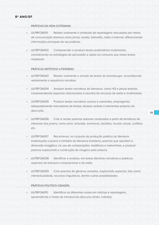 CONSULTA PÚBLICA CONSULTA PÚBLICA CONSULTA PÚBLICA
CONSULTA PÚBLICA CONSULTA PÚBLICA CONSULTA PÚBLICA
CONSULTA PÚBLICA CONSULTA PÚBLICA CONSULTA PÚBLICA
CONSULTA PÚBLICA CONSULTA PÚBLICA CONSULTA PÚBLICA
CONSULTA PÚBLICA CONSULTA PÚBLICA CONSULTA PÚBLICA
CONSULTA PÚBLICA CONSULTA PÚBLICA CONSULTA PÚBLICA
CONSULTA PÚBLICA CONSULTA PÚBLICA CONSULTA PÚBLICA
CONSULTA PÚBLICA CONSULTA PÚBLICA CONSULTA PÚBLICA
CONSULTA PÚBLICA CONSULTA PÚBLICA CONSULTA PÚBLICA
CONSULTA PÚBLICA CONSULTA PÚBLICA CONSULTA PÚBLICA
CONSULTA PÚBLICA CONSULTA PÚBLICA CONSULTA PÚBLICA
CONSULTA PÚBLICA CONSULTA PÚBLICA CONSULTA PÚBLICA
CONSULTA PÚBLICA CONSULTA PÚBLICA CONSULTA PÚBLICA
CONSULTA PÚBLICA CONSULTA PÚBLICA CONSULTA PÚBLICA
CONSULTA PÚBLICA CONSULTA PÚBLICA CONSULTA PÚBLICA
CONSULTA PÚBLICA CONSULTA PÚBLICA CONSULTA PÚBLICA
CONSULTA PÚBLICA CONSULTA PÚBLICA CONSULTA PÚBLICA
CONSULTA PÚBLICA CONSULTA PÚBLICA CONSULTA PÚBLICA
CONSULTA PÚBLICA CONSULTA PÚBLICA CONSULTA PÚBLICA
CONSULTA PÚBLICA CONSULTA PÚBLICA CONSULTA PÚBLICA
CONSULTA PÚBLICA CONSULTA PÚBLICA CONSULTA PÚBLICA
CONSULTA PÚBLICA CONSULTA PÚBLICA CONSULTA PÚBLICA
CONSULTA PÚBLICA CONSULTA PÚBLICA CONSULTA PÚBLICA
CONSULTA PÚBLICA CONSULTA PÚBLICA CONSULTA PÚBLICA
CONSULTA PÚBLICA CONSULTA PÚBLICA CONSULTA PÚBLICA
CONSULTA PÚBLICA CONSULTA PÚBLICA CONSULTA PÚBLICA
CONSULTA PÚBLICA CONSULTA PÚBLICA CONSULTA PÚBLICA
CONSULTA PÚBLICA CONSULTA PÚBLICA CONSULTA PÚBLICA
CONSULTA PÚBLICA CONSULTA PÚBLICA CONSULTA PÚBLICA
CONSULTA PÚBLICA CONSULTA PÚBLICA CONSULTA PÚBLICA
CONSULTA PÚBLICA CONSULTA PÚBLICA CONSULTA PÚBLICA
CONSULTA PÚBLICA CONSULTA PÚBLICA CONSULTA PÚBLICA
CONSULTA PÚBLICA CONSULTA PÚBLICA CONSULTA PÚBLICA
CONSULTA PÚBLICA CONSULTA PÚBLICA CONSULTA PÚBLICA
58
8º ANO/EF
PRÁTICAS DA VIDA COTIDIANA
»» LILP8FOA001	 Relatar oralmente o conteúdo de reportagens veiculadas por meios
de comunicação diversos como jornal, revista, televisão, rádio e Internet, diferenciando
informações principais de secundárias.
»» LILP8FOA002	 Compreender e produzir textos publicitários multimodais,
considerando as estratégias de persuasão e apelo ao consumo que esses textos
mobilizam.
PRÁTICAS ARTÍSTICO-LITERÁRIAS
»» LILP8FOA003	 Relatar oralmente o enredo de textos da dramaturgia, reconstituindo
verbalmente a sequência narrativa.
»» LILP8FOA004	 Analisar textos narrativos da literatura, como HQ e peças teatrais,
compreendendo aspectos relacionados à escolha de recursos de estilo e multimodais.
»» LILP8FOA005	 Produzir textos narrativos coesos e coerentes, empregando
adequadamente marcadores de tempo, tempos verbais e elementos próprios da
descrição.
»» LILP8FOA006	 Criar e recitar poemas autorais construídos a partir de temáticas de
interesse dos jovens, como amor, amizade, aventuras, desafios, mundo virtual, conflitos
etc..
»» LILP8FOA007	 Reconhecer, no conjunto da produção poética da literatura
endereçada a jovens e também da literatura brasileira, poemas que apontem a
dimensão imagética, no uso de comparações, metáforas e metonímias, e produzir
poemas explorando a construção de imagens pela palavra.
»» LILP8FOA008	 Identificar e analisar, em textos literários narrativos e poéticos,
aspectos da estrutura composicional e do estilo.
»» LILP8FOA009	 Criar poemas de gêneros variados, explorando aspectos, tais como:
intertextualidade, recursos linguísticos, dentre outras possibilidades.
PRÁTICAS POLÍTICO-CIDADÃS
»» LILP8FOA010	 Identificar as diferentes vozes em notícias e reportagens,
apreendendo o modo de introduzi-las (discurso direto, indireto).
 