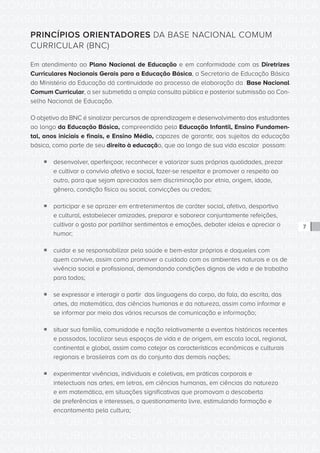CONSULTA PÚBLICA CONSULTA PÚBLICA CONSULTA PÚBLICA
CONSULTA PÚBLICA CONSULTA PÚBLICA CONSULTA PÚBLICA
CONSULTA PÚBLICA CONSULTA PÚBLICA CONSULTA PÚBLICA
CONSULTA PÚBLICA CONSULTA PÚBLICA CONSULTA PÚBLICA
CONSULTA PÚBLICA CONSULTA PÚBLICA CONSULTA PÚBLICA
CONSULTA PÚBLICA CONSULTA PÚBLICA CONSULTA PÚBLICA
CONSULTA PÚBLICA CONSULTA PÚBLICA CONSULTA PÚBLICA
CONSULTA PÚBLICA CONSULTA PÚBLICA CONSULTA PÚBLICA
CONSULTA PÚBLICA CONSULTA PÚBLICA CONSULTA PÚBLICA
CONSULTA PÚBLICA CONSULTA PÚBLICA CONSULTA PÚBLICA
CONSULTA PÚBLICA CONSULTA PÚBLICA CONSULTA PÚBLICA
CONSULTA PÚBLICA CONSULTA PÚBLICA CONSULTA PÚBLICA
CONSULTA PÚBLICA CONSULTA PÚBLICA CONSULTA PÚBLICA
CONSULTA PÚBLICA CONSULTA PÚBLICA CONSULTA PÚBLICA
CONSULTA PÚBLICA CONSULTA PÚBLICA CONSULTA PÚBLICA
CONSULTA PÚBLICA CONSULTA PÚBLICA CONSULTA PÚBLICA
CONSULTA PÚBLICA CONSULTA PÚBLICA CONSULTA PÚBLICA
CONSULTA PÚBLICA CONSULTA PÚBLICA CONSULTA PÚBLICA
CONSULTA PÚBLICA CONSULTA PÚBLICA CONSULTA PÚBLICA
CONSULTA PÚBLICA CONSULTA PÚBLICA CONSULTA PÚBLICA
CONSULTA PÚBLICA CONSULTA PÚBLICA CONSULTA PÚBLICA
CONSULTA PÚBLICA CONSULTA PÚBLICA CONSULTA PÚBLICA
CONSULTA PÚBLICA CONSULTA PÚBLICA CONSULTA PÚBLICA
CONSULTA PÚBLICA CONSULTA PÚBLICA CONSULTA PÚBLICA
CONSULTA PÚBLICA CONSULTA PÚBLICA CONSULTA PÚBLICA
CONSULTA PÚBLICA CONSULTA PÚBLICA CONSULTA PÚBLICA
CONSULTA PÚBLICA CONSULTA PÚBLICA CONSULTA PÚBLICA
CONSULTA PÚBLICA CONSULTA PÚBLICA CONSULTA PÚBLICA
CONSULTA PÚBLICA CONSULTA PÚBLICA CONSULTA PÚBLICA
CONSULTA PÚBLICA CONSULTA PÚBLICA CONSULTA PÚBLICA
CONSULTA PÚBLICA CONSULTA PÚBLICA CONSULTA PÚBLICA
CONSULTA PÚBLICA CONSULTA PÚBLICA CONSULTA PÚBLICA
CONSULTA PÚBLICA CONSULTA PÚBLICA CONSULTA PÚBLICA
CONSULTA PÚBLICA CONSULTA PÚBLICA CONSULTA PÚBLICA
7
PRINCÍPIOS ORIENTADORES DA BASE NACIONAL COMUM
CURRICULAR (BNC)
Em atendimento ao Plano Nacional de Educação e em conformidade com as Diretrizes
Curriculares Nacionais Gerais para a Educação Básica, a Secretaria de Educação Básica
do Ministério da Educação dá continuidade ao processo de elaboração da Base Nacional
Comum Curricular, a ser submetida a ampla consulta pública e posterior submissão ao Con-
selho Nacional de Educação.
O objetivo da BNC é sinalizar percursos de aprendizagem e desenvolvimento dos estudantes
ao longo da Educação Básica, compreendida pela Educação Infantil, Ensino Fundamen-
tal, anos iniciais e finais, e Ensino Médio, capazes de garantir, aos sujeitos da educação
básica, como parte de seu direito à educação, que ao longo de sua vida escolar possam:
ƒƒ desenvolver, aperfeiçoar, reconhecer e valorizar suas próprias qualidades, prezar
e cultivar o convívio afetivo e social, fazer-se respeitar e promover o respeito ao
outro, para que sejam apreciados sem discriminação por etnia, origem, idade,
gênero, condição física ou social, convicções ou credos;
ƒƒ participar e se aprazer em entretenimentos de caráter social, afetivo, desportivo
e cultural, estabelecer amizades, preparar e saborear conjuntamente refeições,
cultivar o gosto por partilhar sentimentos e emoções, debater ideias e apreciar o
humor;
ƒƒ cuidar e se responsabilizar pela saúde e bem-estar próprios e daqueles com
quem convive, assim como promover o cuidado com os ambientes naturais e os de
vivência social e profissional, demandando condições dignas de vida e de trabalho
para todos;
ƒƒ se expressar e interagir a partir das linguagens do corpo, da fala, da escrita, das
artes, da matemática, das ciências humanas e da natureza, assim como informar e
se informar por meio dos vários recursos de comunicação e informação;
ƒƒ situar sua família, comunidade e nação relativamente a eventos históricos recentes
e passados, localizar seus espaços de vida e de origem, em escala local, regional,
continental e global, assim como cotejar as características econômicas e culturais
regionais e brasileiras com as do conjunto das demais nações;
ƒƒ experimentar vivências, individuais e coletivas, em práticas corporais e
intelectuais nas artes, em letras, em ciências humanas, em ciências da natureza
e em matemática, em situações significativas que promovam a descoberta
de preferências e interesses, o questionamento livre, estimulando formação e
encantamento pela cultura;
 