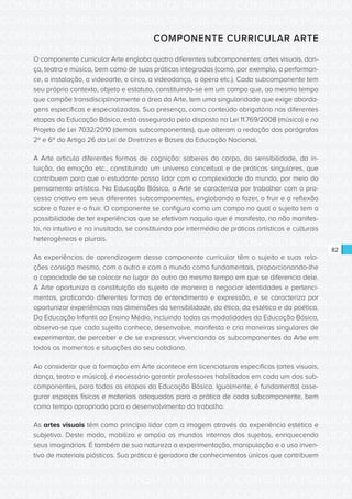 CONSULTA PÚBLICA CONSULTA PÚBLICA CONSULTA PÚBLICA
CONSULTA PÚBLICA CONSULTA PÚBLICA CONSULTA PÚBLICA
CONSULTA PÚBLICA CONSULTA PÚBLICA CONSULTA PÚBLICA
CONSULTA PÚBLICA CONSULTA PÚBLICA CONSULTA PÚBLICA
CONSULTA PÚBLICA CONSULTA PÚBLICA CONSULTA PÚBLICA
CONSULTA PÚBLICA CONSULTA PÚBLICA CONSULTA PÚBLICA
CONSULTA PÚBLICA CONSULTA PÚBLICA CONSULTA PÚBLICA
CONSULTA PÚBLICA CONSULTA PÚBLICA CONSULTA PÚBLICA
CONSULTA PÚBLICA CONSULTA PÚBLICA CONSULTA PÚBLICA
CONSULTA PÚBLICA CONSULTA PÚBLICA CONSULTA PÚBLICA
CONSULTA PÚBLICA CONSULTA PÚBLICA CONSULTA PÚBLICA
CONSULTA PÚBLICA CONSULTA PÚBLICA CONSULTA PÚBLICA
CONSULTA PÚBLICA CONSULTA PÚBLICA CONSULTA PÚBLICA
CONSULTA PÚBLICA CONSULTA PÚBLICA CONSULTA PÚBLICA
CONSULTA PÚBLICA CONSULTA PÚBLICA CONSULTA PÚBLICA
CONSULTA PÚBLICA CONSULTA PÚBLICA CONSULTA PÚBLICA
CONSULTA PÚBLICA CONSULTA PÚBLICA CONSULTA PÚBLICA
CONSULTA PÚBLICA CONSULTA PÚBLICA CONSULTA PÚBLICA
CONSULTA PÚBLICA CONSULTA PÚBLICA CONSULTA PÚBLICA
CONSULTA PÚBLICA CONSULTA PÚBLICA CONSULTA PÚBLICA
CONSULTA PÚBLICA CONSULTA PÚBLICA CONSULTA PÚBLICA
CONSULTA PÚBLICA CONSULTA PÚBLICA CONSULTA PÚBLICA
CONSULTA PÚBLICA CONSULTA PÚBLICA CONSULTA PÚBLICA
CONSULTA PÚBLICA CONSULTA PÚBLICA CONSULTA PÚBLICA
CONSULTA PÚBLICA CONSULTA PÚBLICA CONSULTA PÚBLICA
CONSULTA PÚBLICA CONSULTA PÚBLICA CONSULTA PÚBLICA
CONSULTA PÚBLICA CONSULTA PÚBLICA CONSULTA PÚBLICA
CONSULTA PÚBLICA CONSULTA PÚBLICA CONSULTA PÚBLICA
CONSULTA PÚBLICA CONSULTA PÚBLICA CONSULTA PÚBLICA
CONSULTA PÚBLICA CONSULTA PÚBLICA CONSULTA PÚBLICA
CONSULTA PÚBLICA CONSULTA PÚBLICA CONSULTA PÚBLICA
CONSULTA PÚBLICA CONSULTA PÚBLICA CONSULTA PÚBLICA
CONSULTA PÚBLICA CONSULTA PÚBLICA CONSULTA PÚBLICA
CONSULTA PÚBLICA CONSULTA PÚBLICA CONSULTA PÚBLICA
82
COMPONENTE CURRICULAR ARTE
O componente curricular Arte engloba quatro diferentes subcomponentes: artes visuais, dan-
ça, teatro e música, bem como de suas práticas integradas (como, por exemplo, a performan-
ce, a instalação, a videoarte, o circo, a videodança, a ópera etc.). Cada subcomponente tem
seu próprio contexto, objeto e estatuto, constituindo-se em um campo que, ao mesmo tempo
que compõe transdisciplinarmente a área da Arte, tem uma singularidade que exige aborda-
gens específicas e especializadas. Sua presença, como conteúdo obrigatório nas diferentes
etapas da Educação Básica, está assegurada pelo disposto na Lei 11.769/2008 (música) e no
Projeto de Lei 7032/2010 (demais subcomponentes), que alteram a redação dos parágrafos
2º e 6º do Artigo 26 da Lei de Diretrizes e Bases da Educação Nacional.
A Arte articula diferentes formas de cognição: saberes do corpo, da sensibilidade, da in-
tuição, da emoção etc., constituindo um universo conceitual e de práticas singulares, que
contribuem para que o estudante possa lidar com a complexidade do mundo, por meio do
pensamento artístico. Na Educação Básica, a Arte se caracteriza por trabalhar com o pro-
cesso criativo em seus diferentes subcomponentes, englobando o fazer, o fruir e a reflexão
sobre o fazer e o fruir. O componente se configura como um campo no qual o sujeito tem a
possibilidade de ter experiências que se efetivam naquilo que é manifesto, no não manifes-
to, no intuitivo e no inusitado, se constituindo por intermédio de práticas artísticas e culturais
heterogêneas e plurais.
As experiências de aprendizagem desse componente curricular têm o sujeito e suas rela-
ções consigo mesmo, com o outro e com o mundo como fundamentais, proporcionando-lhe
a capacidade de se colocar no lugar do outro ao mesmo tempo em que se diferencia dele.
A Arte oportuniza a constituição do sujeito de maneira a negociar identidades e pertenci-
mentos, praticando diferentes formas de entendimento e expressão, e se caracteriza por
oportunizar experiências nas dimensões da sensibilidade, da ética, da estética e da poética.
Da Educação Infantil ao Ensino Médio, incluindo todas as modalidades da Educação Básica,
observa-se que cada sujeito conhece, desenvolve, manifesta e cria maneiras singulares de
experimentar, de perceber e de se expressar, vivenciando os subcomponentes da Arte em
todos os momentos e situações do seu cotidiano.
Ao considerar que a formação em Arte acontece em licenciaturas específicas (artes visuais,
dança, teatro e música), é necessário garantir professores habilitados em cada um dos sub-
componentes, para todas as etapas da Educação Básica. Igualmente, é fundamental asse-
gurar espaços físicos e materiais adequados para a prática de cada subcomponente, bem
como tempo apropriado para o desenvolvimento do trabalho.
As artes visuais têm como princípio lidar com a imagem através da experiência estética e
subjetiva. Deste modo, mobiliza e amplia os mundos internos dos sujeitos, enriquecendo
seus imaginários. É também de sua natureza a experimentação, manipulação e o uso inven-
tivo de materiais plásticos. Sua prática é geradora de conhecimentos únicos que contribuem
 