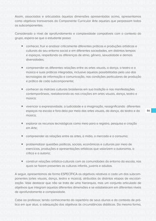 CONSULTA PÚBLICA CONSULTA PÚBLICA CONSULTA PÚBLICA
CONSULTA PÚBLICA CONSULTA PÚBLICA CONSULTA PÚBLICA
CONSULTA PÚBLICA CONSULTA PÚBLICA CONSULTA PÚBLICA
CONSULTA PÚBLICA CONSULTA PÚBLICA CONSULTA PÚBLICA
CONSULTA PÚBLICA CONSULTA PÚBLICA CONSULTA PÚBLICA
CONSULTA PÚBLICA CONSULTA PÚBLICA CONSULTA PÚBLICA
CONSULTA PÚBLICA CONSULTA PÚBLICA CONSULTA PÚBLICA
CONSULTA PÚBLICA CONSULTA PÚBLICA CONSULTA PÚBLICA
CONSULTA PÚBLICA CONSULTA PÚBLICA CONSULTA PÚBLICA
CONSULTA PÚBLICA CONSULTA PÚBLICA CONSULTA PÚBLICA
CONSULTA PÚBLICA CONSULTA PÚBLICA CONSULTA PÚBLICA
CONSULTA PÚBLICA CONSULTA PÚBLICA CONSULTA PÚBLICA
CONSULTA PÚBLICA CONSULTA PÚBLICA CONSULTA PÚBLICA
CONSULTA PÚBLICA CONSULTA PÚBLICA CONSULTA PÚBLICA
CONSULTA PÚBLICA CONSULTA PÚBLICA CONSULTA PÚBLICA
CONSULTA PÚBLICA CONSULTA PÚBLICA CONSULTA PÚBLICA
CONSULTA PÚBLICA CONSULTA PÚBLICA CONSULTA PÚBLICA
CONSULTA PÚBLICA CONSULTA PÚBLICA CONSULTA PÚBLICA
CONSULTA PÚBLICA CONSULTA PÚBLICA CONSULTA PÚBLICA
CONSULTA PÚBLICA CONSULTA PÚBLICA CONSULTA PÚBLICA
CONSULTA PÚBLICA CONSULTA PÚBLICA CONSULTA PÚBLICA
CONSULTA PÚBLICA CONSULTA PÚBLICA CONSULTA PÚBLICA
CONSULTA PÚBLICA CONSULTA PÚBLICA CONSULTA PÚBLICA
CONSULTA PÚBLICA CONSULTA PÚBLICA CONSULTA PÚBLICA
CONSULTA PÚBLICA CONSULTA PÚBLICA CONSULTA PÚBLICA
CONSULTA PÚBLICA CONSULTA PÚBLICA CONSULTA PÚBLICA
CONSULTA PÚBLICA CONSULTA PÚBLICA CONSULTA PÚBLICA
CONSULTA PÚBLICA CONSULTA PÚBLICA CONSULTA PÚBLICA
CONSULTA PÚBLICA CONSULTA PÚBLICA CONSULTA PÚBLICA
CONSULTA PÚBLICA CONSULTA PÚBLICA CONSULTA PÚBLICA
CONSULTA PÚBLICA CONSULTA PÚBLICA CONSULTA PÚBLICA
CONSULTA PÚBLICA CONSULTA PÚBLICA CONSULTA PÚBLICA
CONSULTA PÚBLICA CONSULTA PÚBLICA CONSULTA PÚBLICA
CONSULTA PÚBLICA CONSULTA PÚBLICA CONSULTA PÚBLICA
86
Assim, associados e articulados àquelas dimensões apresentadas acima, apresentamos
como objetivos transversais do Componente Curricular Arte aqueles que perpassam todos
os subcomponentes.
Considerado o nível de aprofundamento e complexidade compatíveis com o contexto do
grupo, espera-se que o estudante possa:
ƒƒ conhecer, fruir e analisar criticamente diferentes práticas e produções artísticas e
culturais do seu entorno social e em diferentes sociedades, em distintos tempos
e espaços, respeitando as diferenças de etnia, gênero, sexualidade e demais
diversidades;
ƒƒ compreender as diferentes relações entre as artes visuais, a dança, o teatro e a
música e suas práticas integradas, inclusive aquelas possibilitadas pelo uso das
tecnologias de informação e comunicação, nas condições particulares de produção
e prática de cada subcomponente;
ƒƒ conhecer as matrizes culturais brasileiras em sua tradição e nas manifestações
contemporâneas, reelaborando-as nas criações em artes visuais, dança, teatro e
música;
ƒƒ vivenciar a expressividade, a ludicidade e a imaginação, ressignificando diferentes
espaços na escola e fora dela por meio das artes visuais, da dança, do teatro e da
música;
ƒƒ explorar os recursos tecnológicos como meio para o registro, pesquisa e criação
em Arte;
ƒƒ compreender as relações entre as artes, a mídia, o mercado e o consumo;
ƒƒ problematizar questões políticas, sociais, econômicas e culturais por meio de
exercícios, produções e apresentações artísticas que valorizem a autonomia, a
crítica e a autoria;
ƒƒ construir relações artístico-culturais com as comunidades do entorno da escola, nas
quais se fazem presentes as culturas infantis, juvenis e adultas.
A seguir, apresentamos de forma ESPECÍFICA os objetivos relativos a cada um dos subcom-
ponentes (artes visuais, dança, teatro e música), atribuídos às distintas etapas de escolari-
zação. Vale destacar que não se trata de uma hierarquia, mas um conjunto articulado de
objetivos que integram aquelas diferentes dimensões e se estabelecem em diferentes níveis
de aprofundamento e complexidade.
Cabe ao professor, tendo conhecimento do repertório de seus alunos e do contexto de prá-
tica em que atua, a adequação dos objetivos às circunstâncias didáticas. Da mesma forma,
 