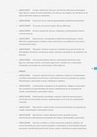 CONSULTA PÚBLICA CONSULTA PÚBLICA CONSULTA PÚBLICA
CONSULTA PÚBLICA CONSULTA PÚBLICA CONSULTA PÚBLICA
CONSULTA PÚBLICA CONSULTA PÚBLICA CONSULTA PÚBLICA
CONSULTA PÚBLICA CONSULTA PÚBLICA CONSULTA PÚBLICA
CONSULTA PÚBLICA CONSULTA PÚBLICA CONSULTA PÚBLICA
CONSULTA PÚBLICA CONSULTA PÚBLICA CONSULTA PÚBLICA
CONSULTA PÚBLICA CONSULTA PÚBLICA CONSULTA PÚBLICA
CONSULTA PÚBLICA CONSULTA PÚBLICA CONSULTA PÚBLICA
CONSULTA PÚBLICA CONSULTA PÚBLICA CONSULTA PÚBLICA
CONSULTA PÚBLICA CONSULTA PÚBLICA CONSULTA PÚBLICA
CONSULTA PÚBLICA CONSULTA PÚBLICA CONSULTA PÚBLICA
CONSULTA PÚBLICA CONSULTA PÚBLICA CONSULTA PÚBLICA
CONSULTA PÚBLICA CONSULTA PÚBLICA CONSULTA PÚBLICA
CONSULTA PÚBLICA CONSULTA PÚBLICA CONSULTA PÚBLICA
CONSULTA PÚBLICA CONSULTA PÚBLICA CONSULTA PÚBLICA
CONSULTA PÚBLICA CONSULTA PÚBLICA CONSULTA PÚBLICA
CONSULTA PÚBLICA CONSULTA PÚBLICA CONSULTA PÚBLICA
CONSULTA PÚBLICA CONSULTA PÚBLICA CONSULTA PÚBLICA
CONSULTA PÚBLICA CONSULTA PÚBLICA CONSULTA PÚBLICA
CONSULTA PÚBLICA CONSULTA PÚBLICA CONSULTA PÚBLICA
CONSULTA PÚBLICA CONSULTA PÚBLICA CONSULTA PÚBLICA
CONSULTA PÚBLICA CONSULTA PÚBLICA CONSULTA PÚBLICA
CONSULTA PÚBLICA CONSULTA PÚBLICA CONSULTA PÚBLICA
CONSULTA PÚBLICA CONSULTA PÚBLICA CONSULTA PÚBLICA
CONSULTA PÚBLICA CONSULTA PÚBLICA CONSULTA PÚBLICA
CONSULTA PÚBLICA CONSULTA PÚBLICA CONSULTA PÚBLICA
CONSULTA PÚBLICA CONSULTA PÚBLICA CONSULTA PÚBLICA
CONSULTA PÚBLICA CONSULTA PÚBLICA CONSULTA PÚBLICA
CONSULTA PÚBLICA CONSULTA PÚBLICA CONSULTA PÚBLICA
CONSULTA PÚBLICA CONSULTA PÚBLICA CONSULTA PÚBLICA
CONSULTA PÚBLICA CONSULTA PÚBLICA CONSULTA PÚBLICA
CONSULTA PÚBLICA CONSULTA PÚBLICA CONSULTA PÚBLICA
CONSULTA PÚBLICA CONSULTA PÚBLICA CONSULTA PÚBLICA
CONSULTA PÚBLICA CONSULTA PÚBLICA CONSULTA PÚBLICA
91
»» LIAR2COA047	 Compor sequências cênicas e caracterizar diferentes personagens,
tipos, figuras, a partir de textos dramáticos, de músicas, de imagens, de narrativas ou de
outros elementos dados ou inventados.
»» LIAR2COA048	 Comunicar-se por meio de gestualidades cotidianas teatralizadas.
»» LIAR2COA049	 Ter prazer em encenar estilos cênicos diferentes.
»» LIAR2COA050	 Encenar sequências cênicas, integradas a manifestações artístico-
culturais diversas.
»» LIAR2COA051	 Experimentar a composição de diferentes dramaturgias e utilizar
diferentes espaços (palco à italiana, arena, semi-arena, rua, plataformas etc.) para o
acontecimento cênico.
»» LIAR2COA052	 Pesquisar, conhecer e apreciar o trabalho de grupos de teatro, de
dramaturgos, de atores e de diretores locais, nacionais, estrangeiros, do presente e do
passado.
»» LIAR2COA053	 Criar acontecimentos cênicos, relacionando elementos como
figurinos, adereços, cenário, iluminação, jogo cênico, relação com o espectador,
sonoplastia, tecnologias da comunicação e informação etc..
MÚSICA
»» LIAR2COA054	 Conhecer aspectos técnicos, estilísticos, históricos e interpretativos
na prática instrumental (convencional e alternativa) e vocal em propostas de criação,
interpretação e apreciação musical, individuais e coletivas.
»» LIAR2COA055	 Compreender e apropriar-se de repertórios, códigos e convenções
que constituem as especificidades da música, identificando-os em propostas de
criação, interpretação e apreciação musical.
»» LIAR2COA056	 Experimentar sonoridades, materiais e técnicas diversas para a
construção de instrumentos musicais, aperfeiçoando-os em nível de complexidade
crescente.
»» LIAR2COA057	 Reconhecer e utilizar fontes sonoras diversificadas em propostas de
criação, interpretação e apreciação musical.
»» LIAR2COA058	 Reconhecer e utilizar diferentes formas de grafia musical
(convencionais e alternativas) em propostas de criação, interpretação e apreciação.
»» LIAR2COA059	 Exercitar a análise e a crítica musical de repertório cotidiano, de
outros repertórios da cultura musical brasileira e estrangeira, e de produções próprias,
buscando a identificação de técnicas, formas, estilos e elementos musicais específicos.
 