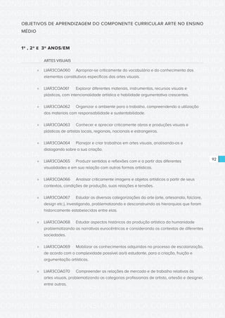 CONSULTA PÚBLICA CONSULTA PÚBLICA CONSULTA PÚBLICA
CONSULTA PÚBLICA CONSULTA PÚBLICA CONSULTA PÚBLICA
CONSULTA PÚBLICA CONSULTA PÚBLICA CONSULTA PÚBLICA
CONSULTA PÚBLICA CONSULTA PÚBLICA CONSULTA PÚBLICA
CONSULTA PÚBLICA CONSULTA PÚBLICA CONSULTA PÚBLICA
CONSULTA PÚBLICA CONSULTA PÚBLICA CONSULTA PÚBLICA
CONSULTA PÚBLICA CONSULTA PÚBLICA CONSULTA PÚBLICA
CONSULTA PÚBLICA CONSULTA PÚBLICA CONSULTA PÚBLICA
CONSULTA PÚBLICA CONSULTA PÚBLICA CONSULTA PÚBLICA
CONSULTA PÚBLICA CONSULTA PÚBLICA CONSULTA PÚBLICA
CONSULTA PÚBLICA CONSULTA PÚBLICA CONSULTA PÚBLICA
CONSULTA PÚBLICA CONSULTA PÚBLICA CONSULTA PÚBLICA
CONSULTA PÚBLICA CONSULTA PÚBLICA CONSULTA PÚBLICA
CONSULTA PÚBLICA CONSULTA PÚBLICA CONSULTA PÚBLICA
CONSULTA PÚBLICA CONSULTA PÚBLICA CONSULTA PÚBLICA
CONSULTA PÚBLICA CONSULTA PÚBLICA CONSULTA PÚBLICA
CONSULTA PÚBLICA CONSULTA PÚBLICA CONSULTA PÚBLICA
CONSULTA PÚBLICA CONSULTA PÚBLICA CONSULTA PÚBLICA
CONSULTA PÚBLICA CONSULTA PÚBLICA CONSULTA PÚBLICA
CONSULTA PÚBLICA CONSULTA PÚBLICA CONSULTA PÚBLICA
CONSULTA PÚBLICA CONSULTA PÚBLICA CONSULTA PÚBLICA
CONSULTA PÚBLICA CONSULTA PÚBLICA CONSULTA PÚBLICA
CONSULTA PÚBLICA CONSULTA PÚBLICA CONSULTA PÚBLICA
CONSULTA PÚBLICA CONSULTA PÚBLICA CONSULTA PÚBLICA
CONSULTA PÚBLICA CONSULTA PÚBLICA CONSULTA PÚBLICA
CONSULTA PÚBLICA CONSULTA PÚBLICA CONSULTA PÚBLICA
CONSULTA PÚBLICA CONSULTA PÚBLICA CONSULTA PÚBLICA
CONSULTA PÚBLICA CONSULTA PÚBLICA CONSULTA PÚBLICA
CONSULTA PÚBLICA CONSULTA PÚBLICA CONSULTA PÚBLICA
CONSULTA PÚBLICA CONSULTA PÚBLICA CONSULTA PÚBLICA
CONSULTA PÚBLICA CONSULTA PÚBLICA CONSULTA PÚBLICA
CONSULTA PÚBLICA CONSULTA PÚBLICA CONSULTA PÚBLICA
CONSULTA PÚBLICA CONSULTA PÚBLICA CONSULTA PÚBLICA
CONSULTA PÚBLICA CONSULTA PÚBLICA CONSULTA PÚBLICA
92
OBJETIVOS DE APRENDIZAGEM DO COMPONENTE CURRICULAR ARTE NO ENSINO
MÉDIO
1º , 2º E 3º ANOS/EM
ARTES VISUAIS
»» LIAR3COA060	 Apropriar-se criticamente do vocabulário e do conhecimento dos
elementos constitutivos específicos das artes visuais.
»» LIAR3COA061	 Explorar diferentes materiais, instrumentos, recursos visuais e
plásticos, com intencionalidade artística e habilidade argumentativa crescentes.
»» LIAR3COA062	 Organizar o ambiente para o trabalho, compreendendo a utilização
dos materiais com responsabilidade e sustentabilidade.
»» LIAR3COA063	 Conhecer e apreciar criticamente obras e produções visuais e
plásticas de artistas locais, regionais, nacionais e estrangeiros.
»» LIAR3COA064	 Planejar e criar trabalhos em artes visuais, analisando-os e
dialogando sobre a sua criação. 
»» LIAR3COA065	 Produzir sentidos e reflexões com e a partir das diferentes
visualidades e em sua relação com outras formas artísticas.
»» LIAR3COA066	 Analisar criticamente imagens e objetos artísticos a partir de seus
contextos, condições de produção, suas relações e tensões.
»» LIAR3COA067	 Estudar as diversas categorizações da arte (arte, artesanato, folclore,
design etc.), investigando, problematizando e desconstruindo as hierarquias que foram
historicamente estabelecidas entre elas.
»» LIAR3COA068	 Estudar aspectos históricos da produção artística da humanidade
problematizando as narrativas eurocêntricas e considerando os contextos de diferentes
sociedades.
»» LIAR3COA069	 Mobilizar os conhecimentos adquiridos no processo de escolarização,
de acordo com a complexidade possível ao/à estudante, para a criação, fruição e
argumentação artísticas.
»» LIAR3COA070	 Compreender as relações de mercado e de trabalho relativas às
artes visuais, problematizando as categorias profissionais de artista, artesão e designer,
entre outras.
 