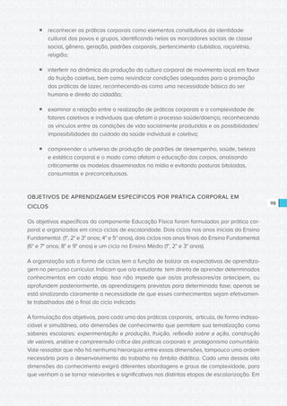 CONSULTA PÚBLICA CONSULTA PÚBLICA CONSULTA PÚBLICA
CONSULTA PÚBLICA CONSULTA PÚBLICA CONSULTA PÚBLICA
CONSULTA PÚBLICA CONSULTA PÚBLICA CONSULTA PÚBLICA
CONSULTA PÚBLICA CONSULTA PÚBLICA CONSULTA PÚBLICA
CONSULTA PÚBLICA CONSULTA PÚBLICA CONSULTA PÚBLICA
CONSULTA PÚBLICA CONSULTA PÚBLICA CONSULTA PÚBLICA
CONSULTA PÚBLICA CONSULTA PÚBLICA CONSULTA PÚBLICA
CONSULTA PÚBLICA CONSULTA PÚBLICA CONSULTA PÚBLICA
CONSULTA PÚBLICA CONSULTA PÚBLICA CONSULTA PÚBLICA
CONSULTA PÚBLICA CONSULTA PÚBLICA CONSULTA PÚBLICA
CONSULTA PÚBLICA CONSULTA PÚBLICA CONSULTA PÚBLICA
CONSULTA PÚBLICA CONSULTA PÚBLICA CONSULTA PÚBLICA
CONSULTA PÚBLICA CONSULTA PÚBLICA CONSULTA PÚBLICA
CONSULTA PÚBLICA CONSULTA PÚBLICA CONSULTA PÚBLICA
CONSULTA PÚBLICA CONSULTA PÚBLICA CONSULTA PÚBLICA
CONSULTA PÚBLICA CONSULTA PÚBLICA CONSULTA PÚBLICA
CONSULTA PÚBLICA CONSULTA PÚBLICA CONSULTA PÚBLICA
CONSULTA PÚBLICA CONSULTA PÚBLICA CONSULTA PÚBLICA
CONSULTA PÚBLICA CONSULTA PÚBLICA CONSULTA PÚBLICA
CONSULTA PÚBLICA CONSULTA PÚBLICA CONSULTA PÚBLICA
CONSULTA PÚBLICA CONSULTA PÚBLICA CONSULTA PÚBLICA
CONSULTA PÚBLICA CONSULTA PÚBLICA CONSULTA PÚBLICA
CONSULTA PÚBLICA CONSULTA PÚBLICA CONSULTA PÚBLICA
CONSULTA PÚBLICA CONSULTA PÚBLICA CONSULTA PÚBLICA
CONSULTA PÚBLICA CONSULTA PÚBLICA CONSULTA PÚBLICA
CONSULTA PÚBLICA CONSULTA PÚBLICA CONSULTA PÚBLICA
CONSULTA PÚBLICA CONSULTA PÚBLICA CONSULTA PÚBLICA
CONSULTA PÚBLICA CONSULTA PÚBLICA CONSULTA PÚBLICA
CONSULTA PÚBLICA CONSULTA PÚBLICA CONSULTA PÚBLICA
CONSULTA PÚBLICA CONSULTA PÚBLICA CONSULTA PÚBLICA
CONSULTA PÚBLICA CONSULTA PÚBLICA CONSULTA PÚBLICA
CONSULTA PÚBLICA CONSULTA PÚBLICA CONSULTA PÚBLICA
CONSULTA PÚBLICA CONSULTA PÚBLICA CONSULTA PÚBLICA
CONSULTA PÚBLICA CONSULTA PÚBLICA CONSULTA PÚBLICA
98
ƒƒ reconhecer as práticas corporais como elementos constitutivos da identidade
cultural dos povos e grupos, identificando nelas os marcadores sociais de classe
social, gênero, geração, padrões corporais, pertencimento clubístico, raça/etnia,
religião;
ƒƒ interferir na dinâmica da produção da cultura corporal de movimento local em favor
da fruição coletiva, bem como reivindicar condições adequadas para a promoção
das práticas de lazer, reconhecendo-as como uma necessidade básica do ser
humano e direito do cidadão;
ƒƒ examinar a relação entre a realização de práticas corporais e a complexidade de
fatores coletivos e individuais que afetam o processo saúde/doença, reconhecendo
os vínculos entre as condições de vida socialmente produzidas e as possibilidades/
impossibilidades do cuidado da saúde individual e coletiva;
ƒƒ compreender o universo de produção de padrões de desempenho, saúde, beleza
e estética corporal e o modo como afetam a educação dos corpos, analisando
criticamente os modelos disseminados na mídia e evitando posturas bitoladas,
consumistas e preconceituosas.
OBJETIVOS DE APRENDIZAGEM ESPECÍFICOS POR PRÁTICA CORPORAL EM
CICLOS
Os objetivos específicos do componente Educação Física foram formulados por prática cor-
poral e organizados em cinco ciclos de escolaridade. Dois ciclos nos anos iniciais do Ensino
Fundamental (1°, 2° e 3° anos; 4° e 5° anos), dois ciclos nos anos finais do Ensino Fundamental
(6° e 7° anos; 8° e 9° anos) e um ciclo no Ensino Médio (1°, 2° e 3° anos).
A organização sob a forma de ciclos tem a função de balizar as expectativas de aprendiza-
gem no percurso curricular. Indicam que o/a estudante tem direito de aprender determinados
conhecimentos em cada etapa. Isso não impede que os/as professores/as antecipem, ou
aprofundem posteriormente, as aprendizagens previstas para determinada fase; apenas se
está sinalizando claramente a necessidade de que esses conhecimentos sejam efetivamen-
te trabalhados até o final do ciclo indicado.
A formulação dos objetivos, para cada uma das práticas corporais, articula, de forma indisso-
ciável e simultânea, oito dimensões de conhecimento que permitem sua tematização como
saberes escolares: experimentação e produção, fruição, reflexão sobre a ação, construção
de valores, análise e compreensão crítica das práticas corporais e protagonismo comunitário.
Vale ressaltar que não há nenhuma hierarquia entre essas dimensões, tampouco uma ordem
necessária para o desenvolvimento do trabalho no âmbito didático. Cada uma dessas oito
dimensões do conhecimento exigirá diferentes abordagens e graus de complexidade, para
que venham a se tornar relevantes e significativas nas distintas etapas de escolarização. Em
 