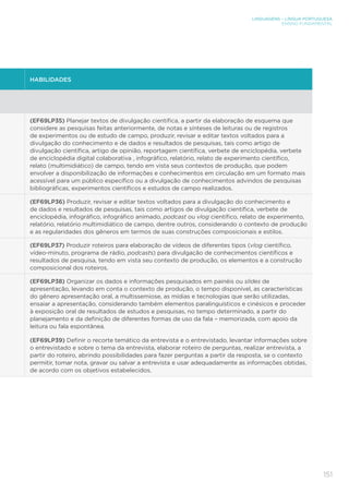 LINGUAGENS – LÍNGUA PORTUGUESA
ENSINO FUNDAMENTAL
151
HABILIDADES
(EF69LP35) Planejar textos de divulgação científica, a partir da elaboração de esquema que
considere as pesquisas feitas anteriormente, de notas e sínteses de leituras ou de registros
de experimentos ou de estudo de campo, produzir, revisar e editar textos voltados para a
divulgação do conhecimento e de dados e resultados de pesquisas, tais como artigo de
divulgação científica, artigo de opinião, reportagem científica, verbete de enciclopédia, verbete
de enciclopédia digital colaborativa , infográfico, relatório, relato de experimento científico,
relato (multimidiático) de campo, tendo em vista seus contextos de produção, que podem
envolver a disponibilização de informações e conhecimentos em circulação em um formato mais
acessível para um público específico ou a divulgação de conhecimentos advindos de pesquisas
bibliográficas, experimentos científicos e estudos de campo realizados.
(EF69LP36) Produzir, revisar e editar textos voltados para a divulgação do conhecimento e
de dados e resultados de pesquisas, tais como artigos de divulgação científica, verbete de
enciclopédia, infográfico, infográfico animado, podcast ou vlog científico, relato de experimento,
relatório, relatório multimidiático de campo, dentre outros, considerando o contexto de produção
e as regularidades dos gêneros em termos de suas construções composicionais e estilos.
(EF69LP37) Produzir roteiros para elaboração de vídeos de diferentes tipos (vlog científico,
vídeo-minuto, programa de rádio, podcasts) para divulgação de conhecimentos científicos e
resultados de pesquisa, tendo em vista seu contexto de produção, os elementos e a construção
composicional dos roteiros.
(EF69LP38) Organizar os dados e informações pesquisados em painéis ou slides de
apresentação, levando em conta o contexto de produção, o tempo disponível, as características
do gênero apresentação oral, a multissemiose, as mídias e tecnologias que serão utilizadas,
ensaiar a apresentação, considerando também elementos paralinguísticos e cinésicos e proceder
à exposição oral de resultados de estudos e pesquisas, no tempo determinado, a partir do
planejamento e da definição de diferentes formas de uso da fala – memorizada, com apoio da
leitura ou fala espontânea.
(EF69LP39) Definir o recorte temático da entrevista e o entrevistado, levantar informações sobre
o entrevistado e sobre o tema da entrevista, elaborar roteiro de perguntas, realizar entrevista, a
partir do roteiro, abrindo possibilidades para fazer perguntas a partir da resposta, se o contexto
permitir, tomar nota, gravar ou salvar a entrevista e usar adequadamente as informações obtidas,
de acordo com os objetivos estabelecidos.
 