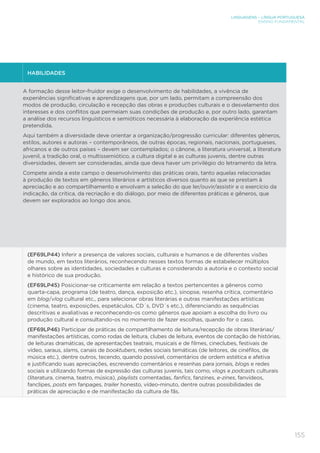 LINGUAGENS – LÍNGUA PORTUGUESA
ENSINO FUNDAMENTAL
155
HABILIDADES
A formação desse leitor-fruidor exige o desenvolvimento de habilidades, a vivência de
experiências significativas e aprendizagens que, por um lado, permitam a compreensão dos
modos de produção, circulação e recepção das obras e produções culturais e o desvelamento dos
interesses e dos conflitos que permeiam suas condições de produção e, por outro lado, garantam
a análise dos recursos linguísticos e semióticos necessária à elaboração da experiência estética
pretendida.
Aqui também a diversidade deve orientar a organização/progressão curricular: diferentes gêneros,
estilos, autores e autoras – contemporâneos, de outras épocas, regionais, nacionais, portugueses,
africanos e de outros países – devem ser contemplados; o cânone, a literatura universal, a literatura
juvenil, a tradição oral, o multissemiótico, a cultura digital e as culturas juvenis, dentre outras
diversidades, devem ser consideradas, ainda que deva haver um privilégio do letramento da letra.
Compete ainda a este campo o desenvolvimento das práticas orais, tanto aquelas relacionadas
à produção de textos em gêneros literários e artísticos diversos quanto as que se prestam à
apreciação e ao compartilhamento e envolvam a seleção do que ler/ouvir/assistir e o exercício da
indicação, da crítica, da recriação e do diálogo, por meio de diferentes práticas e gêneros, que
devem ser explorados ao longo dos anos.
(EF69LP44) Inferir a presença de valores sociais, culturais e humanos e de diferentes visões
de mundo, em textos literários, reconhecendo nesses textos formas de estabelecer múltiplos
olhares sobre as identidades, sociedades e culturas e considerando a autoria e o contexto social
e histórico de sua produção.
(EF69LP45) Posicionar-se criticamente em relação a textos pertencentes a gêneros como
quarta-capa, programa (de teatro, dança, exposição etc.), sinopse, resenha crítica, comentário
em blog/vlog cultural etc., para selecionar obras literárias e outras manifestações artísticas
(cinema, teatro, exposições, espetáculos, CD´s, DVD´s etc.), diferenciando as sequências
descritivas e avaliativas e reconhecendo-os como gêneros que apoiam a escolha do livro ou
produção cultural e consultando-os no momento de fazer escolhas, quando for o caso.
(EF69LP46) Participar de práticas de compartilhamento de leitura/recepção de obras literárias/
manifestações artísticas, como rodas de leitura, clubes de leitura, eventos de contação de histórias,
de leituras dramáticas, de apresentações teatrais, musicais e de filmes, cineclubes, festivais de
vídeo, saraus, slams, canais de booktubers, redes sociais temáticas (de leitores, de cinéfilos, de
música etc.), dentre outros, tecendo, quando possível, comentários de ordem estética e afetiva
e justificando suas apreciações, escrevendo comentários e resenhas para jornais, blogs e redes
sociais e utilizando formas de expressão das culturas juvenis, tais como, vlogs e podcasts culturais
(literatura, cinema, teatro, música), playlists comentadas, fanfics, fanzines, e-zines, fanvídeos,
fanclipes, posts em fanpages, trailer honesto, vídeo-minuto, dentre outras possibilidades de
práticas de apreciação e de manifestação da cultura de fãs.
 