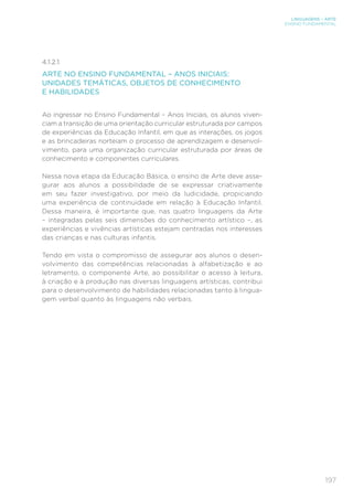 197
LINGUAGENS – ARTE
ENSINO FUNDAMENTAL
4.1.2.1. 
ARTE NO ENSINO FUNDAMENTAL – ANOS INICIAIS:
UNIDADES TEMÁTICAS, OBJETOS DE CONHECIMENTO
E HABILIDADES
Ao ingressar no Ensino Fundamental – Anos Iniciais, os alunos viven-
ciam a transição de uma orientação curricular estruturada por campos
de experiências da Educação Infantil, em que as interações, os jogos
e as brincadeiras norteiam o processo de aprendizagem e desenvol-
vimento, para uma organização curricular estruturada por áreas de
conhecimento e componentes curriculares.
Nessa nova etapa da Educação Básica, o ensino de Arte deve asse-
gurar aos alunos a possibilidade de se expressar criativamente
em seu fazer investigativo, por meio da ludicidade, propiciando
uma experiência de continuidade em relação à Educação Infantil.
Dessa maneira, é importante que, nas quatro linguagens da Arte
– integradas pelas seis dimensões do conhecimento artístico –, as
experiências e vivências artísticas estejam centradas nos interesses
das crianças e nas culturas infantis.
Tendo em vista o compromisso de assegurar aos alunos o desen-
volvimento das competências relacionadas à alfabetização e ao
letramento, o componente Arte, ao possibilitar o acesso à leitura,
à criação e à produção nas diversas linguagens artísticas, contribui
para o desenvolvimento de habilidades relacionadas tanto à lingua-
gem verbal quanto às linguagens não verbais.
 