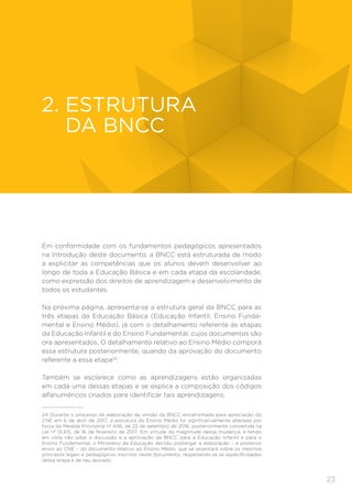 23
ESTRUTURA
2. 
ESTRUTURA
DA BNCC
Em conformidade com os fundamentos pedagógicos apresentados
na Introdução deste documento, a BNCC está estruturada de modo
a explicitar as competências que os alunos devem desenvolver ao
longo de toda a Educação Básica e em cada etapa da escolaridade,
como expressão dos direitos de aprendizagem e desenvolvimento de
todos os estudantes.
Na próxima página, apresenta-se a estrutura geral da BNCC para as
três etapas da Educação Básica (Educação Infantil, Ensino Funda-
mental e Ensino Médio), já com o detalhamento referente às etapas
da Educação Infantil e do Ensino Fundamental, cujos documentos são
ora apresentados. O detalhamento relativo ao Ensino Médio comporá
essa estrutura posteriormente, quando da aprovação do documento
referente a essa etapa24
.
Também se esclarece como as aprendizagens estão organizadas
em cada uma dessas etapas e se explica a composição dos códigos
alfanuméricos criados para identificar tais aprendizagens.
24	 Durante o processo de elaboração da versão da BNCC encaminhada para apreciação do
CNE em 6 de abril de 2017, a estrutura do Ensino Médio foi significativamente alterada por
força da Medida Provisória nº 446, de 22 de setembro de 2016, posteriormente convertida na
Lei nº 13.415, de 16 de fevereiro de 2017. Em virtude da magnitude dessa mudança, e tendo
em vista não adiar a discussão e a aprovação da BNCC para a Educação Infantil e para o
Ensino Fundamental, o Ministério da Educação decidiu postergar a elaboração – e posterior
envio ao CNE – do documento relativo ao Ensino Médio, que se assentará sobre os mesmos
princípios legais e pedagógicos inscritos neste documento, respeitando-se as especificidades
dessa etapa e de seu alunado.
 