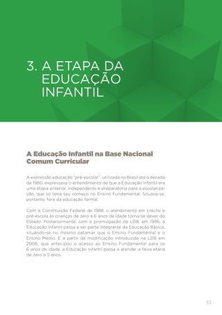 33
EDUCAÇÃO INFANTIL
A Educação Infantil na Base Nacional
Comum Curricular
A expressão educação “pré-escolar”, utilizada no Brasil até a década
de 1980, expressava o entendimento de que a Educação Infantil era
uma etapa anterior, independente e preparatória para a escolariza-
ção, que só teria seu começo no Ensino Fundamental. Situava-se,
portanto, fora da educação formal.
Com a Constituição Federal de 1988, o atendimento em creche e
pré-escola às crianças de zero a 6 anos de idade torna-se dever do
Estado. Posteriormente, com a promulgação da LDB, em 1996, a
Educação Infantil passa a ser parte integrante da Educação Básica,
situando-se no mesmo patamar que o Ensino Fundamental e o
Ensino Médio. E a partir da modificação introduzida na LDB em
2006, que antecipou o acesso ao Ensino Fundamental para os
6 anos de idade, a Educação Infantil passa a atender a faixa etária
de zero a 5 anos.
3. 
A ETAPA DA
EDUCAÇÃO
INFANTIL
 