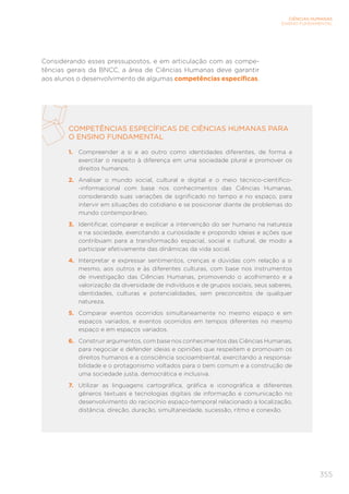 355
CIÊNCIAS HUMANAS
ENSINO FUNDAMENTAL
Considerando esses pressupostos, e em articulação com as compe-
tências gerais da BNCC, a área de Ciências Humanas deve garantir
aos alunos o desenvolvimento de algumas competências específicas.
COMPETÊNCIAS ESPECÍFICAS DE CIÊNCIAS HUMANAS PARA
O ENSINO FUNDAMENTAL
1.	 Compreender a si e ao outro como identidades diferentes, de forma a
exercitar o respeito à diferença em uma sociedade plural e promover os
direitos humanos.
2.	 Analisar o mundo social, cultural e digital e o meio técnico-científico-
-informacional com base nos conhecimentos das Ciências Humanas,
considerando suas variações de significado no tempo e no espaço, para
intervir em situações do cotidiano e se posicionar diante de problemas do
mundo contemporâneo.
3.	 Identificar, comparar e explicar a intervenção do ser humano na natureza
e na sociedade, exercitando a curiosidade e propondo ideias e ações que
contribuam para a transformação espacial, social e cultural, de modo a
participar efetivamente das dinâmicas da vida social.
4.	 Interpretar e expressar sentimentos, crenças e dúvidas com relação a si
mesmo, aos outros e às diferentes culturas, com base nos instrumentos
de investigação das Ciências Humanas, promovendo o acolhimento e a
valorização da diversidade de indivíduos e de grupos sociais, seus saberes,
identidades, culturas e potencialidades, sem preconceitos de qualquer
natureza.
5.	 Comparar eventos ocorridos simultaneamente no mesmo espaço e em
espaços variados, e eventos ocorridos em tempos diferentes no mesmo
espaço e em espaços variados.
6.	 Construir argumentos, com base nos conhecimentos das Ciências Humanas,
para negociar e defender ideias e opiniões que respeitem e promovam os
direitos humanos e a consciência socioambiental, exercitando a responsa-
bilidade e o protagonismo voltados para o bem comum e a construção de
uma sociedade justa, democrática e inclusiva.
7.	 Utilizar as linguagens cartográfica, gráfica e iconográfica e diferentes
gêneros textuais e tecnologias digitais de informação e comunicação no
desenvolvimento do raciocínio espaço-temporal relacionado a localização,
distância, direção, duração, simultaneidade, sucessão, ritmo e conexão.
 