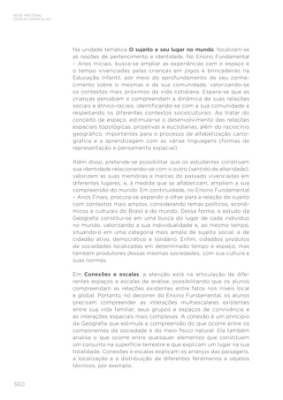 BASE NACIONAL
COMUM CURRICULAR
360
Na unidade temática O sujeito e seu lugar no mundo, focalizam-se
as noções de pertencimento e identidade. No Ensino Fundamental
– Anos Iniciais, busca-se ampliar as experiências com o espaço e
o tempo vivenciadas pelas crianças em jogos e brincadeiras na
Educação Infantil, por meio do aprofundamento de seu conhe-
cimento sobre si mesmas e de sua comunidade, valorizando-se
os contextos mais próximos da vida cotidiana. Espera-se que as
crianças percebam e compreendam a dinâmica de suas relações
sociais e étnico-raciais, identificando-se com a sua comunidade e
respeitando os diferentes contextos socioculturais. Ao tratar do
conceito de espaço, estimula-se o desenvolvimento das relações
espaciais topológicas, projetivas e euclidianas, além do raciocínio
geográfico, importantes para o processo de alfabetização carto-
gráfica e a aprendizagem com as várias linguagens (formas de
representação e pensamento espacial).
Além disso, pretende-se possibilitar que os estudantes construam
sua identidade relacionando-se com o outro (sentido de alteridade);
valorizem as suas memórias e marcas do passado vivenciadas em
diferentes lugares; e, à medida que se alfabetizam, ampliem a sua
compreensão do mundo. Em continuidade, no Ensino Fundamental
– Anos Finais, procura-se expandir o olhar para a relação do sujeito
com contextos mais amplos, considerando temas políticos, econô-
micos e culturais do Brasil e do mundo. Dessa forma, o estudo da
Geografia constitui-se em uma busca do lugar de cada indivíduo
no mundo, valorizando a sua individualidade e, ao mesmo tempo,
situando-o em uma categoria mais ampla de sujeito social: a de
cidadão ativo, democrático e solidário. Enfim, cidadãos produtos
de sociedades localizadas em determinado tempo e espaço, mas
também produtores dessas mesmas sociedades, com sua cultura e
suas normas.
Em Conexões e escalas, a atenção está na articulação de dife-
rentes espaços e escalas de análise, possibilitando que os alunos
compreendam as relações existentes entre fatos nos níveis local
e global. Portanto, no decorrer do Ensino Fundamental, os alunos
precisam compreender as interações multiescalares existentes
entre sua vida familiar, seus grupos e espaços de convivência e
as interações espaciais mais complexas. A conexão é um princípio
da Geografia que estimula a compreensão do que ocorre entre os
componentes da sociedade e do meio físico natural. Ela também
analisa o que ocorre entre quaisquer elementos que constituem
um conjunto na superfície terrestre e que explicam um lugar na sua
totalidade. Conexões e escalas explicam os arranjos das paisagens,
a localização e a distribuição de diferentes fenômenos e objetos
técnicos, por exemplo.
 