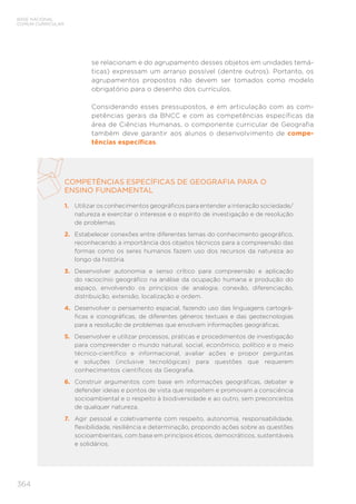 BASE NACIONAL
COMUM CURRICULAR
364
COMPETÊNCIAS ESPECÍFICAS DE GEOGRAFIA PARA O
ENSINO FUNDAMENTAL
1.	 Utilizar os conhecimentos geográficos para entender a interação sociedade/
natureza e exercitar o interesse e o espírito de investigação e de resolução
de problemas.
2.	 Estabelecer conexões entre diferentes temas do conhecimento geográfico,
reconhecendo a importância dos objetos técnicos para a compreensão das
formas como os seres humanos fazem uso dos recursos da natureza ao
longo da história.
3.	 Desenvolver autonomia e senso crítico para compreensão e aplicação
do raciocínio geográfico na análise da ocupação humana e produção do
espaço, envolvendo os princípios de analogia, conexão, diferenciação,
distribuição, extensão, localização e ordem.
4.	 Desenvolver o pensamento espacial, fazendo uso das linguagens cartográ-
ficas e iconográficas, de diferentes gêneros textuais e das geotecnologias
para a resolução de problemas que envolvam informações geográficas.
5.	 Desenvolver e utilizar processos, práticas e procedimentos de investigação
para compreender o mundo natural, social, econômico, político e o meio
técnico-científico e informacional, avaliar ações e propor perguntas
e soluções (inclusive tecnológicas) para questões que requerem
conhecimentos científicos da Geografia.
6.	 Construir argumentos com base em informações geográficas, debater e
defender ideias e pontos de vista que respeitem e promovam a consciência
socioambiental e o respeito à biodiversidade e ao outro, sem preconceitos
de qualquer natureza.
7.	 Agir pessoal e coletivamente com respeito, autonomia, responsabilidade,
flexibilidade, resiliência e determinação, propondo ações sobre as questões
socioambientais, com base em princípios éticos, democráticos, sustentáveis
e solidários.
se relacionam e do agrupamento desses objetos em unidades temá-
ticas) expressam um arranjo possível (dentre outros). Portanto, os
agrupamentos propostos não devem ser tomados como modelo
obrigatório para o desenho dos currículos.
Considerando esses pressupostos, e em articulação com as com-
petências gerais da BNCC e com as competências específicas da
área de Ciências Humanas, o componente curricular de Geografia
também deve garantir aos alunos o desenvolvimento de compe-
tências específicas.
 