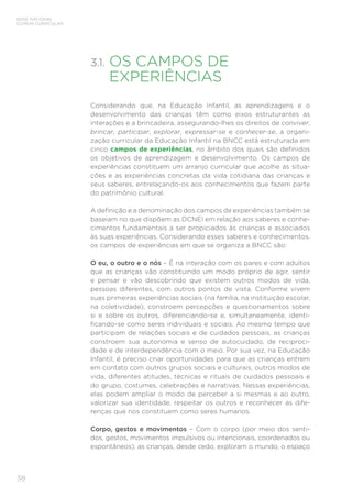 38
BASE NACIONAL
COMUM CURRICULAR
3.1. 
OS CAMPOS DE
EXPERIÊNCIAS
Considerando que, na Educação Infantil, as aprendizagens e o
desenvolvimento das crianças têm como eixos estruturantes as
interações e a brincadeira, assegurando-lhes os direitos de conviver,
brincar, participar, explorar, expressar-se e conhecer-se, a organi-
zação curricular da Educação Infantil na BNCC está estruturada em
cinco campos de experiências, no âmbito dos quais são definidos
os objetivos de aprendizagem e desenvolvimento. Os campos de
experiências constituem um arranjo curricular que acolhe as situa-
ções e as experiências concretas da vida cotidiana das crianças e
seus saberes, entrelaçando-os aos conhecimentos que fazem parte
do patrimônio cultural.
A definição e a denominação dos campos de experiências também se
baseiam no que dispõem as DCNEI em relação aos saberes e conhe-
cimentos fundamentais a ser propiciados às crianças e associados
às suas experiências. Considerando esses saberes e conhecimentos,
os campos de experiências em que se organiza a BNCC são:
O eu, o outro e o nós – É na interação com os pares e com adultos
que as crianças vão constituindo um modo próprio de agir, sentir
e pensar e vão descobrindo que existem outros modos de vida,
pessoas diferentes, com outros pontos de vista. Conforme vivem
suas primeiras experiências sociais (na família, na instituição escolar,
na coletividade), constroem percepções e questionamentos sobre
si e sobre os outros, diferenciando-se e, simultaneamente, identi-
ficando-se como seres individuais e sociais. Ao mesmo tempo que
participam de relações sociais e de cuidados pessoais, as crianças
constroem sua autonomia e senso de autocuidado, de reciproci-
dade e de interdependência com o meio. Por sua vez, na Educação
Infantil, é preciso criar oportunidades para que as crianças entrem
em contato com outros grupos sociais e culturais, outros modos de
vida, diferentes atitudes, técnicas e rituais de cuidados pessoais e
do grupo, costumes, celebrações e narrativas. Nessas experiências,
elas podem ampliar o modo de perceber a si mesmas e ao outro,
valorizar sua identidade, respeitar os outros e reconhecer as dife-
renças que nos constituem como seres humanos.
Corpo, gestos e movimentos – Com o corpo (por meio dos senti-
dos, gestos, movimentos impulsivos ou intencionais, coordenados ou
espontâneos), as crianças, desde cedo, exploram o mundo, o espaço
 