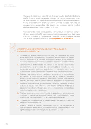 BASE NACIONAL
COMUM CURRICULAR
400
Cumpre destacar que os critérios de organização das habilidades na
BNCC (com a explicitação dos objetos de conhecimento aos quais
se relacionam e do agrupamento desses objetos em unidades temá-
ticas) expressam um arranjo possível (dentre outros). Portanto, os
agrupamentos propostos não devem ser tomados como modelo
obrigatório para o desenho dos currículos.
Considerando esses pressupostos, e em articulação com as compe-
tências gerais da BNCC e com as competências específicas da área de
Ciências Humanas, o componente curricular de História deve garantir
aos alunos o desenvolvimento de competências específicas.
COMPETÊNCIAS ESPECÍFICAS DE HISTÓRIA PARA O
ENSINO FUNDAMENTAL
1.	 Compreender acontecimentos históricos, relações de poder e processos
e mecanismos de transformação e manutenção das estruturas sociais,
políticas, econômicas e culturais ao longo do tempo e em diferentes
espaços para analisar, posicionar-se e intervir no mundo contemporâneo.
2.	 Compreender a historicidade no tempo e no espaço, relacionando
acontecimentos e processos de transformação e manutenção das
estruturas sociais, políticas, econômicas e culturais, bem como
problematizar os significados das lógicas de organização cronológica.
3.	 Elaborar questionamentos, hipóteses, argumentos e proposições
em relação a documentos, interpretações e contextos históricos
específicos, recorrendo a diferentes linguagens e mídias, exercitando a
empatia, o diálogo, a resolução de conflitos, a cooperação e o respeito.
4.	 Identificar interpretações que expressem visões de diferentes sujeitos,
culturas e povos com relação a um mesmo contexto histórico, e
posicionar-se criticamente com base em princípios éticos, democráticos,
inclusivos, sustentáveis e solidários.
5.	 Analisar e compreender o movimento de populações e mercadorias
no tempo e no espaço e seus significados históricos, levando em conta
o respeito e a solidariedade com as diferentes populações.
6.	 Compreender e problematizar os conceitos e procedimentos norteadores
da produção historiográfica.
7.	 Produzir, avaliar e utilizar tecnologias digitais de informação e
comunicação de modo crítico, ético e responsável, compreendendo seus
significados para os diferentes grupos ou estratos sociais.
 