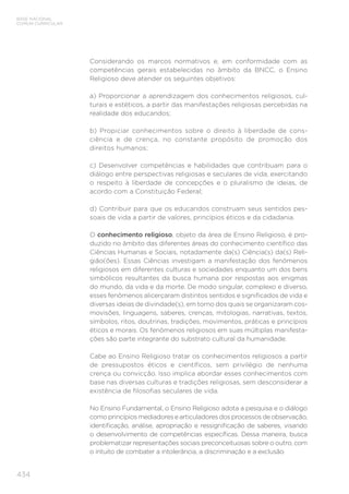BASE NACIONAL
COMUM CURRICULAR
434
Considerando os marcos normativos e, em conformidade com as
competências gerais estabelecidas no âmbito da BNCC, o Ensino
Religioso deve atender os seguintes objetivos:
a) Proporcionar a aprendizagem dos conhecimentos religiosos, cul-
turais e estéticos, a partir das manifestações religiosas percebidas na
realidade dos educandos;
b) Propiciar conhecimentos sobre o direito à liberdade de cons-
ciência e de crença, no constante propósito de promoção dos
direitos humanos;
c) Desenvolver competências e habilidades que contribuam para o
diálogo entre perspectivas religiosas e seculares de vida, exercitando
o respeito à liberdade de concepções e o pluralismo de ideias, de
acordo com a Constituição Federal;
d) Contribuir para que os educandos construam seus sentidos pes-
soais de vida a partir de valores, princípios éticos e da cidadania.
O conhecimento religioso, objeto da área de Ensino Religioso, é pro-
duzido no âmbito das diferentes áreas do conhecimento científico das
Ciências Humanas e Sociais, notadamente da(s) Ciência(s) da(s) Reli-
gião(ões). Essas Ciências investigam a manifestação dos fenômenos
religiosos em diferentes culturas e sociedades enquanto um dos bens
simbólicos resultantes da busca humana por respostas aos enigmas
do mundo, da vida e da morte. De modo singular, complexo e diverso,
esses fenômenos alicerçaram distintos sentidos e significados de vida e
diversas ideias de divindade(s), em torno dos quais se organizaram cos-
movisões, linguagens, saberes, crenças, mitologias, narrativas, textos,
símbolos, ritos, doutrinas, tradições, movimentos, práticas e princípios
éticos e morais. Os fenômenos religiosos em suas múltiplas manifesta-
ções são parte integrante do substrato cultural da humanidade.
Cabe ao Ensino Religioso tratar os conhecimentos religiosos a partir
de pressupostos éticos e científicos, sem privilégio de nenhuma
crença ou convicção. Isso implica abordar esses conhecimentos com
base nas diversas culturas e tradições religiosas, sem desconsiderar a
existência de filosofias seculares de vida.
No Ensino Fundamental, o Ensino Religioso adota a pesquisa e o diálogo
comoprincípiosmediadoresearticuladoresdosprocessosdeobservação,
identificação, análise, apropriação e ressignificação de saberes, visando
o desenvolvimento de competências específicas. Dessa maneira, busca
problematizar representações sociais preconceituosas sobre o outro, com
o intuito de combater a intolerância, a discriminação e a exclusão.
 