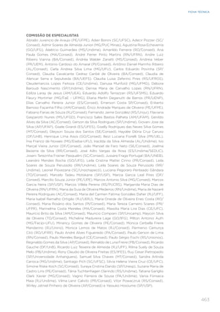 463
FICHA TÉCNICA
COMISSÃO DE ESPECIALISTAS
Abraão Juvencio de Araujo (PE/UFPE), Adair Bonini (SC/UFSC), Adecir Pozzer (SC/
Consed), Admir Soares de Almeida Junior (MG/PUC Minas), Agustina Rosa Echeverría
(GO/UFG), Alaércio Guimarães (MS/Undime), Amarildo Ferreira (RO/Consed), Ana
Paula Gomes (MA/Consed), André Ferrer Pinto Martins (RN/UFRN), Andre Luiz
Ribeiro Vianna (BA/Consed), Andréa Walder Zanatti (MS/Consed), Andreia Veber
(PR/UEM), Antonio Cardoso do Amaral (PI/Consed), Antônio Daniel Marinho Ribeiro
(AL/Consed), Carla Andrea Silva Lima (MG/UFU), Carlos Eduardo Povinha (SP/
Consed), Claudia Cavalcante Cedraz Caribé de Oliveira (BA/Consed), Claudia de
Alencar Serra e Sepulveda (BA/UEFS), Claudia Luisa Zeferino Pires (RS/UFRGS),
Cleudemarcos Lopes Feitoza (CE/Undime), Danusa Munford (MG/UFMG), Débora
Baroudi Nascimento (SP/Undime), Denise Maria de Carvalho Lopes (RN/UFRN),
Edilza Laray de Jesus (AM/UEA), Eduardo Adolfo Terrazzan (RS/UFSMS), Eduardo
Fleury Mortimer (MG/FaE - UFMG), Eliana Merlin Deganutti de Barros (PR/UENP),
Elias Carvalho Pereira Junior (ES/Consed), Emerson Costa SP/Consed), Eriberto
Barroso Façanha Filho (AM/Consed), Érico Andrade Marques de Oliveira (PE/UFPE),
Fabiano Farias de Souza (RJ/Consed), Fernando Jaime González (RS/Unijui), Flaviana
Gasparotti Nunes (MS/UFGD), Francisco Sales Bastos Palheta (AM/UFAM), Genildo
Alves da Silva (AC/Consed), Gerson da Silva Rodrigues (SP/Undime), Giovani Jose da
Silva (AP/UFAP), Gisele Girardi (ES/UFES), Giselly Rodrigues das Neves Silva Gomes
(MT/Consed), Gleyson Souza dos Santos (SE/Consed), Haydée Glória Cruz Caruso
(DF/UnB), Henrique Lima Assis (GO/Consed), Ileizi Luciana Fiorelli Silva (PR/UEL),
Ínia Franco de Novaes (MG/Eseba-UFU), Iracilda da Silva Almeida (AL/Undime), Ivo
Marçal Vieira Junior (DF/Consed), João Manoel de Faro Neto (SE/Consed), Joelma
Bezerra da Silva (RR/Consed), José Ailto Vargas da Rosa (ES/Undime/SEDUC),
Joseni Terezinha Frainer Pasqualini (SC/Consed), Jussara Fraga Portugal (BA/UNEB),
Leandro Mendes Rocha (GO/UFG), Leila Cristina Mattei Cirino (PR/Consed), Leila
Soares de Souza Perussolo (RR/Undime), Leila Soares de Souza Perussolo (RR/
Undime), Leonel Piovezana (SC/Unochapecó), Luciana Pegoraro Penteado Gândara
(TO/Consed), Marcelo Tadeu Motokane (SP/USP), Marcia Garcia Leal Pires (DF/
Consed), Marcílio Souza Júnior (PE/UPE), Marcos Antonio Silva (MG/Consed), Marcos
Garcia Neira (SP/USP), Marcos Villela Pereira (RS/PUCRS), Margarida Maria Dias de
Oliveira (RN/UFRN), Maria da Guia de Oliveira Medeiros (RN/Undime), Maria de Nazaré
Pereira Rodrigues (AC/Consed), Maria del Carmen Fátima Gonzáles Daher (RJ/UFF),
Maria Isabel Ramalho Ortigão (RJ/UERJ), Maria Oneide de Oliveira Enes Costa (RO/
Consed), Maria Rosário dos Santos (PI/Consed), Maria Tereza Carneiro Soares (PR/
UFPR), Marinelma Costa Meireles (MA/Consed), Massilia Maria Lira Dias (CE/UFC),
Maurício Brito da Silva (AM/Consed), Mauricio Compiani (SP/Unicamp), Maycon Silva
de Oliveira (TO/Consed), Micheline Madureira Lage (GO/IFG), Milton Antonio Auth
(MG/Facipi-UFU), Minancy Gomes de Oliveira (PE/Consed), Monica Cerbella Freire
Mandarino (RJ/Unirio), Monica Lemos de Matos (RJ/Consed), Parmenio Camurça
Citó (RO/UFRR), Paulo André Alves Figueiredo (PA/Consed), Paulo Gerson de Lima
(RN/Consed), Paulo Meireles Barguil (CE/Consed), Paulo Sérgio Fochi (RS/Unisinos),
Reginaldo Gomes da Silva (AP/Consed), Reinaldo de Luna Freire (PB/Consed), Ricardo
Gauche (DF/UnB), Ricardo Luiz Teixeira de Almeida (RJ/UFF), Rilma Suely de Souza
Melo (PB/Undime), Rony Claudio de Oliveira Freitas (ES/IFES), Ruy Cesar Pietropaolo
(SP/Universidade Anhanguera), Samuel Silva Chaves (MT/Consed), Sandra Arlinda
Carioca (MG/Undime), Santiago Pich (SC/UFSC), Silvia Helena Vieira Cruz (CE/UFC),
Simone Riske Koch (SC/Consed), Suraya Cristina Darido (SP/Unesp), Suzana Maria de
Castro Lins (PE/Consed), Tânia Tuchtenhagen Clarindo (RS/Undime), Tatiana Garíglio
Clark Xavier (MG/Consed), Vagno Ferreira de Sousa (PA/Undime), Vania Fonseca
Maia (RJ/Undime), Vilma Lenir Calixto (PR/Consed), Vitor Powaczruk (RS/Consed),
Wirley Jatniel Pinheiro de Oliveira (AP/Consed) e Yassuko Hosoume (SP/USP).
 