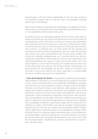 BASE NACIONAL
COMUM CURRICULAR
74
relacionadas no 9º ano sejam trabalhados no 8º, isso não configura
um problema, desde que ao final do nível a diversidade indicada
tenha sido contemplada.
Mesmo em relação à progressão das habilidades, seu desenvolvimento
não se dá em curto espaço de tempo, podendo supor diferentes graus
e ir se complexificando durante vários anos.
Durante a leitura, as habilidades operam de forma articulada. Dado o
desenvolvimento de uma autonomia de leitura em termos de fluência
e progressão, é difícil discretizar um grau ou mesmo uma habilidade,
não existindo muitos pré-requisitos (a não ser em termos de conhe-
cimentos prévios), pois os caminhos para a construção dos sentidos
são diversos. O interesse por um tema pode ser tão grande que
mobiliza para leituras mais desafiadoras, que, por mais que possam
não contar com uma compreensão mais fina do texto, podem, em
função de relações estabelecidas com conhecimentos ou leituras
anteriores, possibilitar entendimentos parciais que respondam aos
interesses/objetivos em pauta. O grau de envolvimento com uma
personagem ou um universo ficcional, em função da leitura de livros
e HQs anteriores, da vivência com filmes e games relacionados, da
participação em comunidades de fãs etc., pode ser tamanho que
encoraje a leitura de trechos de maior extensão e complexidade
lexical ou sintática dos que os em geral lidos.
O Eixo da Produção de Textos compreende as práticas de linguagem
relacionadas à interação e à autoria (individual ou coletiva) do texto
escrito, oral e multissemiótico, com diferentes finalidades e projetos
enunciativos como, por exemplo, construir um álbum de personagens
famosas, de heróis/heroínas ou de vilões ou vilãs; produzir um alma-
naque que retrate as práticas culturais da comunidade; narrar fatos
cotidianos, de forma crítica, lírica ou bem-humorada em uma crônica;
comentar e indicar diferentes produções culturais por meio de rese-
nhas ou de playlists comentadas; descrever, avaliar e recomendar (ou
não) um game em uma resenha, gameplay ou vlog; escrever verbetes
de curiosidades científicas; sistematizar dados de um estudo em um
relatório ou relato multimidiático de campo; divulgar conhecimentos
específicos por meio de um verbete de enciclopédia digital colabo-
rativa; relatar fatos relevantes para a comunidade em notícias; cobrir
acontecimentos ou levantar dados relevantes para a comunidade em
uma reportagem; expressar posição em uma carta de leitor ou artigo
de opinião; denunciar situações de desrespeito aos direitos por meio
de fotorreportagem, fotodenúncia, poema, lambe-lambe, microrro-
teiro, dentre outros.
 