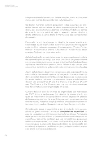 BASE NACIONAL
COMUM CURRICULAR
84
imagens que condensam muitas ideias e relações, como acontece em
muitas das formas de expressão das culturas juvenis.
Os direitos humanos também perpassam todos os campos de dife-
rentes formas: seja no debate de ideias e organização de formas de
defesa dos direitos humanos (campo jornalístico/midiático e campo
de atuação na vida pública), seja no exercício desses direitos –
direito à literatura e à arte, direito à informação e aos conhecimentos
disponíveis.
Para cada campo de atuação, os objetos de conhecimento e as
habilidades estão organizados a partir das práticas de linguagem
e distribuídos pelos nove anos em dois segmentos (Ensino Funda-
mental – Anos Iniciais e Ensino Fundamental – Anos Finais), dadas
as especificidades de cada segmento.
As habilidades são apresentadas segundo a necessária continuidade
das aprendizagens ao longo dos anos, crescendo progressivamente
em complexidade. Acrescente-se que, embora as habilidades estejam
agrupadas nas diferentes práticas, essas fronteiras são tênues, pois,
no ensino, e também na vida social, estão intimamente interligadas.
Assim, as habilidades devem ser consideradas sob as perspectivas da
continuidade das aprendizagens e da integração dos eixos organiza-
dores e objetos de conhecimento ao longo dos anos de escolarização.
Por esses motivos, optou-se por apresentar os quadros de habilida-
des em seis blocos (1º ao 5º ano; 1º e 2º anos; 3º ao 5º ano; 6º ao 9º
ano; 6º e 7º anos; e 8º e 9º anos), sem que isso represente qualquer
tipo de normatização de organização em ciclos.
Cumpre destacar que os critérios de organização das habilidades
na BNCC (com a explicitação dos objetos de conhecimento aos
quais se relacionam e do agrupamento desses objetos em práticas
de linguagem e campos de atuação) expressam um arranjo possível
(dentre outros). Portanto, os agrupamentos propostos não devem ser
tomados como modelo obrigatório para o desenho dos currículos.
Considerando esses pressupostos, e em articulação com as com-
petências gerais da BNCC e com as competências específicas da
área de Linguagens, o componente curricular de Língua Portuguesa
deve garantir aos estudantes o desenvolvimento de competências
específicas. Vale ainda destacar que tais competências perpassam
todos os componentes curriculares do Ensino Fundamental e são
essenciais para a ampliação das possibilidades de participação dos
estudantes em práticas de diferentes campos de atividades humanas
e de pleno exercício da cidadania.
 