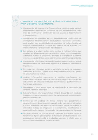 LINGUAGENS – LÍNGUA PORTUGUESA
ENSINO FUNDAMENTAL
85
COMPETÊNCIAS ESPECÍFICAS DE LÍNGUA PORTUGUESA
PARA O ENSINO FUNDAMENTAL
1.	 Compreender a língua como fenômeno cultural, histórico, social, variável,
heterogêneo e sensível aos contextos de uso, reconhecendo-a como
meio de construção de identidades de seus usuários e da comunidade
a que pertencem.
2.	 Apropriar-se da linguagem escrita, reconhecendo-a como forma de
interação nos diferentes campos de atuação da vida social e utilizando-a
para ampliar suas possibilidades de participar da cultura letrada, de
construir conhecimentos (inclusive escolares) e de se envolver com
maior autonomia e protagonismo na vida social.
3.	 Ler, escutar e produzir textos orais, escritos e multissemióticos que
circulam em diferentes campos de atuação e mídias, com compreensão,
autonomia, ﬂuência e criticidade, de modo a se expressar e partilhar
informações, experiências, ideias e sentimentos, e continuar aprendendo.
4.	 Compreender o fenômeno da variação linguística, demonstrando atitude
respeitosa diante de variedades linguísticas e rejeitando preconceitos
linguísticos.
5.	 Empregar, nas interações sociais, a variedade e o estilo de linguagem
adequados à situação comunicativa, ao(s) interlocutor(es) e ao gênero
do discurso/gênero textual.
6.	 Analisar informações, argumentos e opiniões manifestados em
interações sociais e nos meios de comunicação, posicionando-se ética e
criticamente em relação a conteúdos discriminatórios que ferem direitos
humanos e ambientais.
7.	 Reconhecer o texto como lugar de manifestação e negociação de
sentidos, valores e ideologias.
8.	 Selecionar textos e livros para leitura integral, de acordo com objetivos,
interesses e projetos pessoais (estudo, formação pessoal, entretenimento,
pesquisa, trabalho etc.).
9.	 Envolver-se em práticas de leitura literária que possibilitem o
desenvolvimento do senso estético para fruição, valorizando a literatura
e outras manifestações artístico-culturais como formas de acesso às
dimensões lúdicas, de imaginário e encantamento, reconhecendo o
potencial transformador e humanizador da experiência com a literatura.
10.	Mobilizar práticas da cultura digital, diferentes linguagens, mídias e
ferramentas digitais para expandir as formas de produzir sentidos (nos
processos de compreensão e produção), aprender e refletir sobre o
mundo e realizar diferentes projetos autorais.
 
