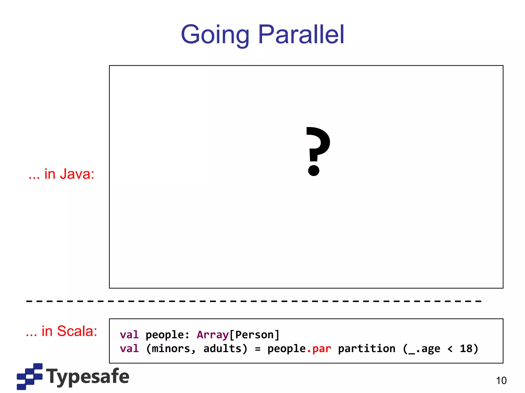 Going Parallel

                                                  	
  
... in Java:                                         ?           	
  




... in Scala:   val	
  people:	
  Array[Person]	
  
                val	
  (minors,	
  adults)	
  =	
  people.par	
  partition	
  (_.age	
  <	
  18)	
  

                                                                                                       10
 