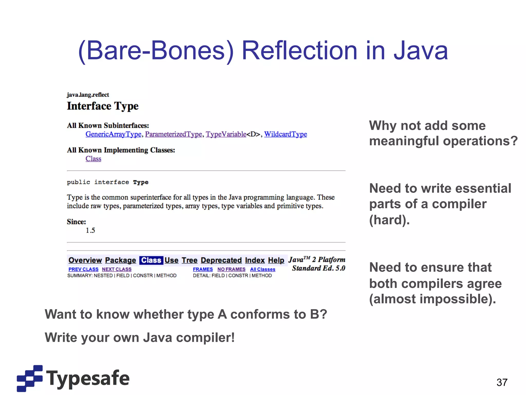 (Bare-Bones) Reflection in Java

                                             Why not add some
                                             meaningful operations?


                                             Need to write essential
                                             parts of a compiler
                                             (hard).


                                             Need to ensure that
                                             both compilers agree
                                             (almost impossible).
Want to know whether type A conforms to B?
Write your own Java compiler!
                                             	
  

                                                                 37
 