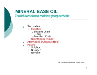 MINERAL BASE OIL
Terdiri dari ribuan molekul yang berbeda

      ¡   Saturates
          l   Paraffins
              ¡ Straight   Chain
                 l   Wax
              ¡ Branched    Chain
          l   Naphthenes (Rings)
      ¡   Aromatics (Unsaturated)
      ¡   Polars
          l   Sulphur
          l   Nitrogen
          l   Oxygen


                                    Ref. Infineum International Limited, 2006



                                                                                6
 