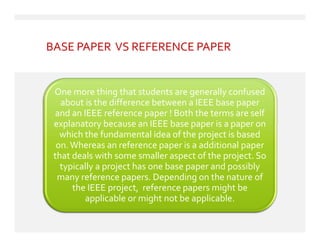 BASE PAPER VS REFERENCE PAPER
One more thing that students are generally confused
about is the difference between a IEEE base paper
and an IEEE reference paper ! Both the terms are self
explanatory because an IEEE base paper is a paper on
which the fundamental idea of the project is based
on.Whereas an reference paper is a additional paper
that deals with some smaller aspect of the project. So
typically a project has one base paper and possibly
many reference papers. Depending on the nature of
the IEEE project, reference papers might be
applicable or might not be applicable.
One more thing that students are generally confused
about is the difference between a IEEE base paper
and an IEEE reference paper ! Both the terms are self
explanatory because an IEEE base paper is a paper on
which the fundamental idea of the project is based
on.Whereas an reference paper is a additional paper
that deals with some smaller aspect of the project. So
typically a project has one base paper and possibly
many reference papers. Depending on the nature of
the IEEE project, reference papers might be
applicable or might not be applicable.
 