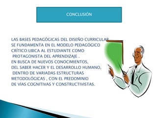 LAS BASES PEDAGÓGICAS DEL DISEÑO CURRICULAR
SE FUNDAMENTA EN EL MODELO PEDAGÓGICO
CRÍTICO:UBICA AL ESTUDIANTE COMO
PROTAGONISTA DEL APRENDIZAJE .
EN BUSCA DE NUEVOS CONOCIMIENTOS,
DEL SABER HACER Y EL DESARROLLO HUMANO,
DENTRO DE VARIADAS ESTRUCTURAS
METODOLÓGICAS , CON EL PREDOMINIO
DE VÍAS COGNITIVAS Y CONSTRUCTIVISTAS.
CONCLUSIÓN
 
