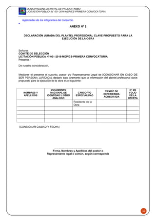 MUNICIPALIDAD DISTRITAL DE PAUCARTAMBO
LICITACION PUBLICA N° 001-2016-MDP/CS-PRIMERA CONVOCATORIA
56
legalizadas de los integrantes del consorcio.

ANEXO Nº 8
DECLARACIÓN JURADA DEL PLANTEL PROFESIONAL CLAVE PROPUESTO PARA LA
EJECUCIÓN DE LA OBRA
Señores
COMITÉ DE SELECCIÓN
LICITACIÓN PÚBLICA Nº 001-2016-MDP/CS-PRIMERA CONVOCATORIA
Presente.-
De nuestra consideración,
Mediante el presente el suscrito, postor y/o Representante Legal de [CONSIGNAR EN CASO DE
SER PERSONA JURÍDICA], declaro bajo juramento que la información del plantel profesional clave
propuesto para la ejecución de la obra es el siguiente:
NOMBRES Y
APELLIDOS
DOCUMENTO
NACIONAL DE
IDENTIDAD U OTRO
ANÁLOGO
CARGO Y/O
ESPECIALIDAD
TIEMPO DE
EXPERIENCIA
ACREDITADA
N° DE
FOLIO
DE LA
OFERTA
Residente de la
Obra
[CONSIGNAR CIUDAD Y FECHA]
……..........................................................
Firma, Nombres y Apellidos del postor o
Representante legal o común, según corresponda
 