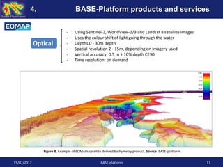 - Using Sentinel-2, WorldView-2/3 and Landsat 8 satellite images
- Uses the colour shift of light going through the water
- Depths 0 - 30m depth
- Spatial resolution 2 - 15m, depending on imagery used
- Vertical accuracy: 0.5 m ± 10% depth CE90
- Time resolution: on demand
Figure 8. Example of EOMAPs satellite derived bathymetry product. Source: BASE-platform.
Optical
15/02/2017 BASE-platform 13
4. BASE-Platform products and services
 